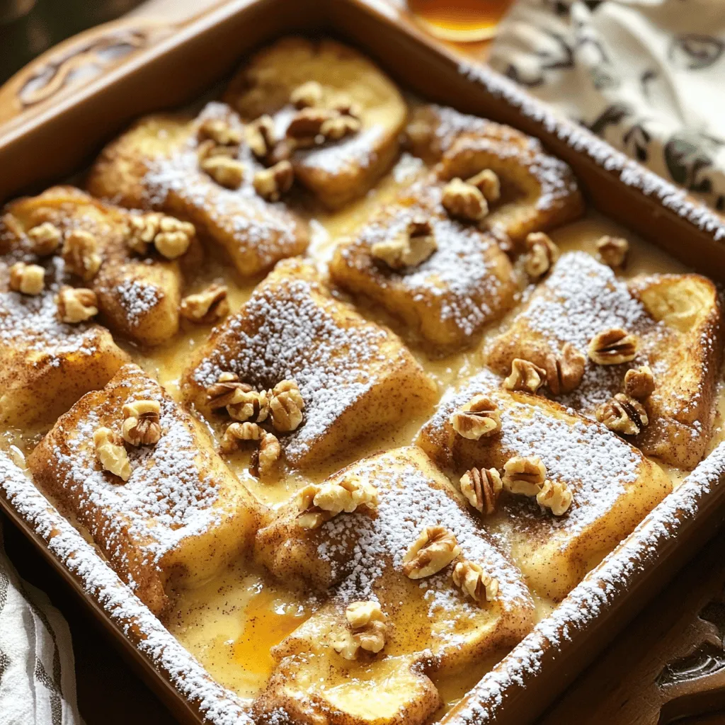 To make Easy French Toast Bake, you need a few simple ingredients. Here’s what you’ll need: - 8 slices of stale bread (preferably French or brioche) - 4 large eggs - 2 cups whole milk - 1/2 cup heavy cream - 1/3 cup granulated sugar - 1 tablespoon pure vanilla extract - 1 teaspoon ground cinnamon - 1/2 teaspoon ground nutmeg - 1/4 cup pure maple syrup (plus extra for serving) - 1/2 cup walnuts, chopped (optional) - Powdered sugar, for dusting Each item plays a key role. The bread forms the base, soaking up all the tasty flavors. Eggs and cream create the custard that makes this dish rich and fluffy. Sugar and spices boost the sweetness and warmth of the bake. Walnuts add crunch, but you can skip them if you prefer. For the full recipe, check the section above. Enjoy gathering these ingredients; they will come together for a delightful dish! 1. Preheat the oven to 350°F (175°C). This helps cook the dish evenly. 2. Prepare a 9x13 inch baking dish. Grease it well with butter or cooking spray. 3. Cut 8 slices of stale bread into cubes. Make sure they are bite-sized. 1. In a medium bowl, whisk together 4 large eggs and 2 cups whole milk. 2. Add 1/2 cup heavy cream, 1/3 cup granulated sugar, and 1 tablespoon vanilla extract. 3. Mix in 1 teaspoon ground cinnamon and 1/2 teaspoon nutmeg. Whisk until smooth. 4. Pour this custard evenly over the bread cubes. Press down gently to coat all pieces. 1. Cover the baking dish with aluminum foil. This keeps moisture in while baking. 2. Bake for 25 minutes covered in the preheated oven. 3. Remove the foil and bake for another 15-20 minutes. Look for a golden top and a set center. 4. A knife inserted in the center should come out clean. This shows it’s done. 5. Let it cool for about 10 minutes before serving. Dust with powdered sugar for a sweet touch. This French toast bake is simple and tasty. You can find the full recipe at the beginning of this article. Choosing the right bread is key. I like using French or brioche bread. These types soak up the custard well and add great flavor. Stale bread is best for this recipe. Fresh bread can become too soggy. Stale bread holds its shape better and absorbs the mixture evenly. Adding spices makes the bake special. Ground cinnamon is a must for warmth. You can also try nutmeg for a nice touch. If you want more flavor, add vanilla extract. Toppings can take it up a notch too. I love fresh berries or a drizzle of maple syrup. Whipped cream adds a creamy finish. Serving straight from the dish feels cozy. Just slice and serve. It looks inviting and is easy for guests. For a rustic style, place it on a wooden board. Add fresh berries or a dusting of powdered sugar for color. This makes the dish feel special and homey. For the full recipe, refer to the Sweet Cinnamon French Toast Bake section. {{image_4}} You can add fruits to your Easy French Toast Bake for extra flavor. Berries, bananas, and apples work great. I love mixing blueberries or strawberries with the bread. They add a burst of sweetness. For bananas, slice them thin and layer them in. Apples can be diced and sprinkled on top. Each fruit adds a unique taste and texture. You can switch up the nuts too. Pecans or almonds make tasty choices. They add a nice crunch to the bake. If you want a nut-free option, just leave them out. The French toast bake still tastes amazing without nuts. You won't miss them at all. For those who follow a vegan diet, you can easily adapt this recipe. Use almond milk instead of whole milk. Replace eggs with flax eggs or silken tofu. This way, everyone can enjoy a slice. If you need a gluten-free option, choose gluten-free bread. This makes the dish safe for those with gluten sensitivities. You can still enjoy all the deliciousness! After baking the French toast bake, let it cool for about 10 minutes. This cooling time helps set the dish. To store leftovers, place them in an airtight container. You can keep it in the fridge for up to 3 days. If you want to enjoy it later, make sure to cover it well to keep it fresh. You can reheat your French toast bake in two ways: the microwave or the oven. If you use the microwave, place a portion on a plate. Heat it for about 30 seconds to 1 minute. Check to make sure it’s warm throughout. For the oven, preheat it to 350°F (175°C). Place the bake in a dish and cover it with foil. Heat for about 15 minutes until warm. If you want to freeze the French toast bake, wait until it cools completely. Cut it into squares and place them in a freezer-safe container. You can also wrap each square in plastic wrap for easy serving later. To thaw it, move the squares to the fridge overnight. For reheating, follow the same oven instructions as before. This method keeps the flavor fresh and delicious. You can find the full recipe to make this tasty dish again. Yes, you can make it the night before. It saves time in the morning. To do this, follow these tips: - Assemble the dish as usual. - Cover it tightly with plastic wrap. - Place it in the fridge overnight. - Bake it in the morning, adding a few extra minutes if needed. You can keep leftovers in the fridge for up to three days. Store them in an airtight container. For best taste, reheat within that time frame. If you need a substitute for heavy cream, try these options: - Half-and-half works well. - Whole milk can be used too. - For a lighter option, use Greek yogurt. Each will give a slightly different taste and texture. Using stale bread is important for this recipe. Stale bread soaks up the egg mixture better. Fresh bread may get too soggy. It also adds a nice texture. If you don’t have stale bread, leave fresh bread out for a few hours. This blog post covered how to make an Easy French Toast Bake. You learned about the key ingredients, step-by-step instructions, and tips to make it even better. I also shared variations and storage info. Remember, stale bread is key for great texture. Feel free to get creative with your toppings. Enjoy making this dish that brings comfort to your table. It’s delicious, easy to prepare, and perfect for sharing. Now, go on and make your own tasty creation!