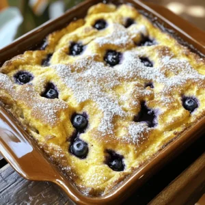 - 2 cups all-purpose flour - 2 tablespoons sugar - 1 tablespoon baking powder - ½ teaspoon baking soda - ½ teaspoon salt - 2 large eggs - 2 cups buttermilk - 4 tablespoons unsalted butter - 1 teaspoon pure vanilla extract - 2 cups fresh blueberries - Powdered sugar (for dusting) - Maple syrup (for serving) To me, the ingredients are the heart of this dish. They come together to create magic. You can find most of these items in your kitchen. All-purpose flour gives the casserole its lovely base. Sugar adds a sweet touch. Baking powder and baking soda help it rise. Salt balances all the flavors. Next, the eggs and buttermilk create a rich batter. Buttermilk adds depth and moisture. If you don’t have buttermilk, mix milk with lemon juice. Melted butter gives a nice richness, while vanilla extract adds a warm flavor. Blueberries are the star here! They burst with flavor and color. You can use fresh or frozen ones. Just make sure they are plump and juicy. Don’t forget the powdered sugar for dusting and maple syrup for drizzling. These finishing touches will elevate your dish. They add sweetness and a beautiful look. For the full recipe, check out the complete instructions. You will love making this dish! - Preheat the oven to 350°F (175°C). This helps cook the casserole evenly. - Prepare a 9x13-inch baking dish by greasing it. Use cooking spray or butter. This makes it easy to serve. - In a large bowl, combine the dry ingredients: flour, sugar, baking powder, baking soda, and salt. Mix well with a whisk. This helps break up lumps. - In another bowl, crack the eggs and whisk them. Add buttermilk, melted butter, and vanilla extract. Mix until smooth. - Gradually pour the wet mixture into the dry ingredients. Stir gently with a spatula until just combined. A few lumps are okay; overmixing makes tough pancakes. - Fold in the blueberries gently. This ensures they stay whole and spread evenly. - Carefully transfer the batter into the prepared baking dish. Spread it evenly with a spatula. - Place the dish in the preheated oven and bake for 25 to 30 minutes. It's done when the top is golden brown. A toothpick inserted in the center should come out clean. - Once baked, remove the casserole and let it cool for about 5 minutes. This helps set the dish for cutting. - Cut the casserole into squares for serving. Dust with powdered sugar and drizzle with maple syrup. Enjoy this delightful dish! For the complete recipe, check out the Full Recipe section above. To make your casserole fluffy, avoid overmixing the batter. Mix just until the dry ingredients blend in. Lumps in the batter are okay! This keeps the pancakes light. Fresh blueberries are the best choice. They burst with flavor when baked. Frozen blueberries work too, but they can make the batter a bit watery. If you use frozen berries, make sure to thaw and drain them first. You can enhance the flavor by adding spices or extracts. A hint of cinnamon or nutmeg can make a big difference. You might also try a splash of almond extract for a nice twist. For extra texture, consider adding a crumble topping. A mix of oats, brown sugar, and butter can create a delightful crunch on top. When serving, pair the casserole with a dollop of whipped cream. This adds richness and creaminess to each bite. You can also serve fresh berries on the side. They add color and freshness. A drizzle of warm maple syrup is a must! It brings all the flavors together and makes each piece even more delicious. {{image_4}} You can swap the blueberries for other fruits. Strawberries are a sweet choice. Just slice them thinly and mix them in. Bananas work well too. They add a nice creamy texture. If you're feeling adventurous, try chocolate chips. The melty chocolate complements the pancake base perfectly. For those who need gluten-free options, use gluten-free flour. Look for a blend that works for baking. It will still taste great! You can also make this dish dairy-free. Use almond milk or oat milk instead of buttermilk. Coconut oil can replace the butter for a rich flavor. Add seasonal flavors to switch things up. In fall, a Pumpkin Spice variation will warm your heart. Just mix in pumpkin puree and pumpkin spice for a cozy dish. In summer, fresh lemon zest adds brightness. It gives a refreshing twist that pairs well with blueberries. For the full recipe, check out the Blueberry Buttermilk Pancake Casserole. To keep your leftover blueberry buttermilk pancake casserole fresh, follow these tips: - Refrigeration: Place the casserole in an airtight container. You can also cover it with plastic wrap. Store it in the fridge for up to 3 days. This helps keep the flavors and texture nice. - Freezing: If you want to save it longer, freeze it. Cut the casserole into squares and wrap each piece in plastic wrap. Then, place them in a freezer bag. It can stay good for up to 2 months. When you're ready, thaw it in the fridge overnight before reheating. For the best taste when reheating, follow these steps: - Oven Method: Preheat your oven to 350°F (175°C). Place the casserole in an oven-safe dish. Cover it with foil to keep it moist. Heat for about 15 to 20 minutes. Check that it is warmed through. - Microwave Method: Put a piece on a microwave-safe plate. Heat it for about 30 seconds. Check if it needs more time. Microwaves can heat unevenly, so be careful. After you reheat, drizzle more maple syrup on top. You can also add fresh fruit or whipped cream to make it even better. Enjoy your delicious leftovers! Can I make this casserole ahead of time? Yes, you can prepare the casserole the night before. Mix the dry and wet ingredients separately. Keep them in the fridge. The next morning, combine them and bake. This saves time and makes breakfast easier! How do I know when it's fully cooked? Check the casserole after 25 minutes. Insert a toothpick in the center. If it comes out clean, your casserole is done. You want a nice golden top, too. What can I serve with blueberry buttermilk pancake casserole? Serve it with whipped cream, fresh berries, or maple syrup. You can also add bacon or sausage for a hearty meal. Caloric content per serving Each serving has about 200 calories. This can vary based on your ingredients. Breakdown of key nutrients - Protein: 6g - Carbohydrates: 30g - Fat: 7g - Fiber: 1g Can I use whole wheat flour? Yes, you can swap all-purpose flour for whole wheat flour. This gives a nutty flavor and adds fiber. Alternatives for buttermilk and eggs For buttermilk, mix milk with lemon juice. For eggs, use applesauce or mashed bananas. Each serves as a binder and keeps it moist. You learned how to make a delicious blueberry buttermilk pancake casserole. We covered the complete ingredient list, step-by-step instructions, and helpful tips. You now know variations to try and how to store leftovers. This dish is flexible and perfect for any occasion. Whether you enjoy it for brunch or dessert, your family will love it. Try experimenting with fruits or flavors to make it your own. Enjoy your tasty creation!