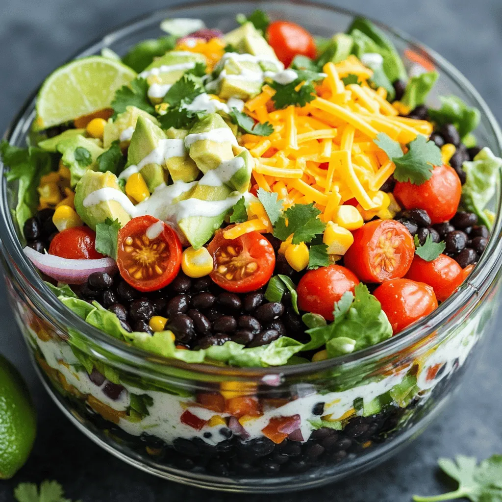 - 1 can (15 oz) black beans, rinsed and drained - 1 cup cherry tomatoes, halved - 1 red bell pepper, diced - 1 cup corn kernels (fresh or frozen) - 1 ripe avocado, diced - 1 small red onion, finely chopped - 1 cup shredded romaine lettuce - 1/2 cup shredded cheddar cheese (optional) - Spices: ground cumin, chili powder, salt, and black pepper - 1/2 cup Greek yogurt - 1/4 cup salsa (choose preferred spice level) - 1 tablespoon fresh lime juice - 1 tablespoon chopped fresh cilantro (optional) The ingredients for this Black Bean Taco Salad are simple yet vibrant. Each item brings a unique flavor. The black beans serve as a hearty base. They are full of protein and fiber. The cherry tomatoes add a burst of sweetness. The red bell pepper provides a crunchy texture. Corn kernels lend a juicy, fresh taste. The ripe avocado is a creamy delight, adding richness to every bite. The red onion gives a sharp flavor that balances well with the other ingredients. The romaine lettuce adds a delightful crunch and freshness. You can also sprinkle cheddar cheese on top if you like. It adds a nice, cheesy flavor. It's optional, so feel free to skip it for a lighter salad. For the dressing, I use Greek yogurt for its creaminess and protein. The salsa gives a zesty kick. You can pick your favorite salsa based on your spice preference. Adding lime juice brightens the dressing. Cilantro is optional but adds a fresh note. This Black Bean Taco Salad with Creamy Salsa Dressing is not just healthy; it’s also colorful. You get a mix of textures and flavors in each forkful. It’s all about enjoying fresh ingredients. For the full recipe, check out the details above. In a large bowl, combine the following ingredients: - 1 can (15 oz) black beans, rinsed and drained - 1 cup cherry tomatoes, halved - 1 red bell pepper, diced - 1 cup corn kernels (fresh or frozen) - 1 ripe avocado, diced - 1 small red onion, finely chopped - 1 cup shredded romaine lettuce Gently mix these fresh ingredients together. You want to see all the colors blend. This makes the salad bright and inviting. Next, sprinkle the spices over the salad: - 1 tablespoon ground cumin - 1 tablespoon chili powder - Salt and freshly ground black pepper to taste Stir well to coat the ingredients evenly. The spices add depth and flavor. They make each bite exciting. In a separate bowl, prepare the creamy salsa dressing. Whisk together: - 1/2 cup Greek yogurt - 1/4 cup salsa (choose your preferred spice level) - 1 tablespoon fresh lime juice - 1 tablespoon chopped fresh cilantro (optional) Mix until smooth. This dressing will bring everything together. Its creaminess pairs perfectly with the fresh salad. Now, drizzle the creamy salsa dressing over the salad mixture. Using a large spoon, gently toss everything together. You want all the ingredients to be coated in that delicious dressing. This step is key for flavor. Taste the salad. Adjust the seasoning if needed by adding more salt or lime juice. This step lets you personalize the flavors to your liking. Divide the taco salad into bowls. If you wish, top each serving with shredded cheddar cheese. This adds a nice touch and extra creaminess. For the full recipe, check the earlier sections. Enjoy your colorful and tasty Black Bean Taco Salad! When choosing ripe avocados, look for dark green skin. Gently squeeze the fruit. If it feels soft but not mushy, it is ready. For tomatoes, pick ones that are firm and smell sweet. They should give a little when you press them. For corn, fresh is best, but frozen works too. If using fresh corn, cook it in boiling water for about three minutes. This keeps the sweet flavor. If using frozen corn, just thaw it. This saves time and still tastes great. To change the spice level, try different salsas. Mild salsa gives a gentle heat. Medium adds a nice kick. If you love heat, use hot salsa or add diced jalapeños. You can make the dressing creamier by adding more Greek yogurt. For a lighter version, use sour cream or buttermilk. This keeps your dressing tasty without being heavy. For a beautiful salad, serve it in clear bowls. This shows off the bright colors of the fresh ingredients. Garnish with extra cilantro or lime wedges for flair. If you are hosting a party, serve this salad in a large bowl. Let guests help themselves. For meal prep, pack it in clear containers. This makes it easy to grab and go. Enjoy your colorful fiesta! {{image_4}} You can easily swap black beans for other legumes. Chickpeas or lentils work well. They add protein and flavor. You can also add grains like quinoa or brown rice. This gives your salad extra texture and a nice bite. If you follow a paleo diet, use cauliflower rice instead of beans. This keeps the salad fresh and light. For those who want a vegan option, use coconut yogurt instead of Greek yogurt. It adds creaminess without dairy. Want to kick up the flavor? Add some sliced jalapeños or black olives on top. These toppings provide a nice kick and extra taste. You can also make your taco seasoning at home. Mix chili powder, cumin, garlic powder, and paprika. This way, you control the spice level and avoid preservatives. Remember, the Full Recipe gives you all the steps you need to create this delicious dish! To keep your Black Bean Taco Salad fresh, store it in an airtight container. Place the salad in the fridge right after serving. This will help maintain its crunch and flavor. Avoid adding the creamy salsa dressing until you are ready to eat. Store leftover dressing separately in a small jar or container. This keeps the salad from getting soggy. The prepared salad will last about three days in the fridge. The creamy salsa dressing stays fresh for about one week. Check for signs of spoilage, such as strange smells or changes in color. If you notice anything off, it's best to toss it. For quick assembly during the week, prep your ingredients ahead of time. Chop the veggies and store them in separate containers. You can also rinse and drain the black beans in advance. Use clear containers to see the colorful ingredients easily. This makes meal prep fun and simple! Yes, you can use canned beans. Canned beans save time and effort. They are already cooked, so you just need to rinse and drain them. This allows you to enjoy your Black Bean Taco Salad faster. Plus, canned beans are often more tender and easier to digest than dried beans. You can keep the salad in the fridge for about 3 days. Make sure to store it in a sealed container. This keeps it fresh and tasty. After three days, the veggies may lose their crunch. If you notice any strange smells or colors, it’s best to toss it. Yes, you can. To make it ahead, prep the veggies and beans but don’t mix them yet. Store each part in separate containers. This keeps the salad fresh and crunchy. When you’re ready to eat, just mix everything together and add the dressing. This salad pairs well with many sides. Here are a few ideas: - Cornbread for a hearty touch - Tortilla chips for a crunchy bite - Guacamole for extra creaminess - A side of fruit salad for a fresh taste For the full recipe, check out the earlier sections. Enjoy your meal! This blog post shared how to make a tasty Black Bean Taco Salad. We covered the key ingredients, like black beans, corn, and creamy salsa dressing. I also showed you easy steps for preparing, seasoning, and serving the salad. You can customize it with ingredients that suit your taste and diet. In the end, this salad is fresh, filling, and fun to make. Enjoy creating your own delicious version!