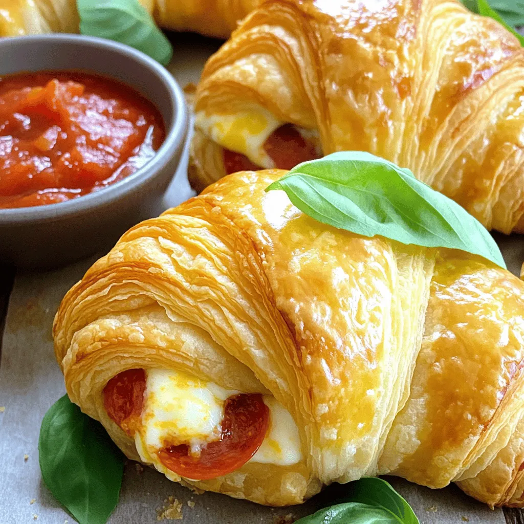 - 1 package (8 oz) refrigerated croissant dough - 1 cup fresh mozzarella cheese, shredded - 1 cup sliced pepperoni - 1/2 cup marinara sauce (for dipping) - 1 teaspoon Italian seasoning - 1 egg, beaten (for egg wash) - Fresh basil leaves for garnish (optional) - Olive oil spray When I make Mozzarella Pepperoni Croissant Rolls, I gather all my ingredients first. The dough is key for a flaky texture. I prefer fresh mozzarella because it melts beautifully. Sliced pepperoni adds a savory punch. For dipping, I always keep marinara sauce handy. A sprinkle of Italian seasoning boosts the flavor. The egg wash gives a nice golden color. Fresh basil adds a pop of color and taste if you want. Lastly, a bit of olive oil spray helps crisp up the rolls. These ingredients come together to create a quick and tasty treat. You can find the full recipe above for step-by-step guidance. Enjoy the fun of making these rolls! - Preheat the oven to 375°F (190°C). Prepare a baking sheet with parchment paper. - Unroll and separate the croissant dough into individual triangles. - Add mozzarella cheese, pepperoni, and Italian seasoning to each triangle. - Roll from the wide end to the point, ensuring filling is tucked inside. - Place croissants on the baking sheet with enough space between them. - Apply egg wash and optional olive oil spray before baking. - Bake for 12-15 minutes until golden brown. These steps create a tasty treat. The golden rolls will impress everyone. For the full recipe, check the earlier section. - Use fresh mozzarella for the best flavor and texture. - Avoid overstuffing to prevent filling from spilling during baking. When you choose fresh mozzarella, you get a creamy, rich taste. It melts beautifully, adding a nice stretch to each bite. If you use pre-shredded cheese, it may not melt as well. Keep your filling light. Too much cheese or pepperoni can cause a mess in the oven. - Serve warm with marinara sauce for dipping. - Experiment with different dipping sauces like ranch or garlic butter. Dipping these rolls in warm marinara sauce adds a burst of flavor. The tangy sauce pairs well with the savory pepperoni. You can also try ranch or garlic butter for a twist. Each option adds a different taste to your treat. - Arrange croissants on a platter with the sauce in the center. - Garnish with fresh basil leaves for added appeal. For a stunning display, place the croissants in a circle around a small bowl of sauce. This setup looks inviting and makes it easy for guests to dip. Adding fresh basil leaves not only brightens the dish but also gives a fresh aroma. These small touches make your meal more enjoyable. For the full recipe, check the previous section. {{image_4}} You can change the cheese for new flavors. Try provolone or cheddar instead of mozzarella. Cream cheese works too; it gives a richer taste and smooth texture. These swaps let you explore different tastes while keeping it fun. Want to mix it up with meats? Sliced ham or cooked sausage makes a tasty choice. If you prefer a vegetarian option, add spinach or other veggies. This keeps the rolls fresh and colorful while adding more nutrition. If you're seeking something different, consider puff pastry. It gives a flakier bite that many love. You can also try crescent roll dough for a fun twist. This change can make your croissant rolls even more exciting. Check out the Full Recipe for more ideas! Keep leftover croissant rolls in an airtight container in the fridge. This helps maintain their freshness. They are best consumed within 2-3 days. After that, the texture may change. To reheat, use the oven. Set it to 350°F (175°C) and warm the rolls for 5-10 minutes. This method keeps them crispy. You can use the microwave for a quick option. However, this may make them soft and less tasty. You can freeze uncooked rolls individually. Just wrap them well to prevent freezer burn. Baked croissants can also go in the freezer. Use a freezer-safe bag for up to 2 months. When you want to enjoy them, thaw in the fridge overnight before reheating. For the full recipe, check our recipe section. Store in an airtight container in the fridge for 2-3 days. This keeps them fresh and tasty. Make sure the container seals well. You want to avoid any moisture getting inside. If you see any signs of sogginess, it's best to eat them right away. Yes, you can prepare them and freeze before baking. To do this, assemble the rolls but do not bake. Place them on a baking sheet and freeze until firm. Then, transfer them to a freezer-safe bag. When you're ready to bake, just take them out and bake from frozen. It’s that easy! Combine canned tomatoes, garlic, onion, olive oil, and seasonings; simmer for 20 minutes. This sauce is simple and full of flavor. You can adjust the spices to your liking. Fresh basil or parsley can add a nice touch too. Look for gluten-free croissant dough alternatives available in stores. Many brands offer ready-to-use dough. Be sure to check the packaging for allergens. You can enjoy the same great flavors without gluten! In this blog post, we explored how to make delicious mozzarella pepperoni croissant rolls. We covered the essential ingredients, simple step-by-step instructions, and helpful tips to perfect your rolls. Remember, fresh mozzarella and the right seasonings can elevate your dish. Enjoy them warm with marinara sauce or customize with different cheeses and meats. These rolls are easy to store and reheat, making them a fantastic snack or meal option. Your next cooking adventure starts now. Happy baking!