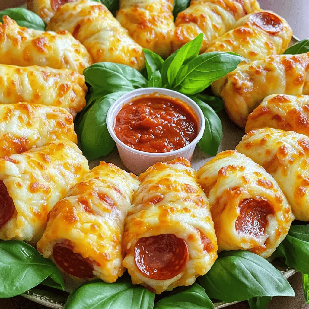 - Pizza Dough: Store-bought or Homemade - Cheese: Mozzarella for a cheesy texture - Toppings: Sliced Pepperoni - Seasoning: Garlic Powder, Dried Oregano, Red Pepper Flakes - Garnish: Fresh Basil Leaves (optional) Gathering the right ingredients is key to making the best Cheesy Pepperoni Pizza Roll-Ups. You can choose store-bought pizza dough for speed or make your own for fun. I often opt for fresh mozzarella. Its meltiness adds a great texture to each bite. Sliced pepperoni is a must for that classic pizza flavor. For seasoning, I suggest garlic powder, dried oregano, and red pepper flakes for a little kick. These spices elevate the taste and aroma. Fresh basil leaves make a lovely garnish, bringing color and freshness to your dish. This mix of ingredients creates a tasty, easy snack that everyone will love. You can find the full recipe and instructions to whip these up in no time! 1. First, preheat your oven to 400°F (200°C). This helps the roll-ups bake evenly. 2. Next, prepare a baking sheet. Line it with parchment paper for easy cleanup. 3. On a clean, floured surface, roll out the pizza dough. Aim for a rectangle about 1/4 inch thick. 4. Once rolled out, use a brush to apply olive oil all over the dough. This keeps it moist during baking. 1. Now, evenly spread the shredded mozzarella cheese over the oiled dough. 2. Next, layer the sliced pepperoni on top. Make sure to cover as much surface as you can. 3. In a small bowl, mix garlic powder, dried oregano, and optional red pepper flakes. 4. Sprinkle this mix evenly across the cheese and pepperoni. This adds great flavor. 1. Start rolling the dough tightly. Begin from one end and roll to the other. Keep the filling inside. 2. After rolling, use a sharp knife to cut the log into 1-inch thick pieces. This keeps the filling intact. 1. Arrange the sliced roll-ups on the baking sheet. Place them cut-side up, allowing space between each. 2. Bake in the preheated oven for 15-20 minutes. Look for a golden brown color and bubbling cheese. 3. Once baked, let the roll-ups cool for a few minutes. Serve them warm with pizza sauce for dipping. You can find the full recipe for Cheesy Pepperoni Pizza Roll-Ups [here]. To make the best cheesy pepperoni pizza roll-ups, focus on a few key details. - Ensuring Even Thickness of Dough Roll the dough to about 1/4 inch thick. This helps the roll-ups cook evenly. If your dough is too thick, the inside may remain raw. If it's too thin, it may tear. A good thickness keeps everything just right. - Keeping Fillings Enclosed When you roll the dough, start tight and keep the fillings inside. If the cheese and pepperoni peek out, they can burn or spill during baking. Use your fingers to pinch the ends and seal them well. This step ensures the cheesy goodness stays inside. Serving these roll-ups can be fun and creative! - Pairing with Pizza Sauce A small bowl of pizza sauce makes a great dip. It adds flavor and moisture. You can also try ranch or garlic sauce for a twist. - Creative Presentation Ideas Arrange the roll-ups on a colorful platter. You might add fresh basil leaves around them for color. Place the sauce in the center for easy access. This makes your dish look as good as it tastes! You can take your roll-ups to the next level with some tasty tweaks. - Adding Extra Toppings Feel free to mix in veggies like bell peppers or mushrooms. You can also add more cheese, like cheddar or feta, for a unique flavor. - Adjusting Spiciness with Red Pepper Flakes For those who enjoy heat, sprinkle red pepper flakes over the filling. This simple addition can make your roll-ups kick up a notch! Just remember, not everyone likes spice, so offer plain ones too. For the full recipe and more details, check out the Full Recipe section. {{image_4}} When it comes to Cheesy Pepperoni Pizza Roll-Ups, you can have fun with variations. These roll-ups are easy to customize. Let’s explore some great ideas. - Using Different Cheeses: You can swap mozzarella for cheddar or pepper jack. Cheddar adds a sharp taste, while pepper jack brings a spicy kick. - Alternative Meats: Try using sausage or ham instead of pepperoni. You can even go meatless with veggies like bell peppers or mushrooms. - Different Sauces: Instead of pizza sauce, dip your roll-ups in BBQ or Alfredo sauce. Each sauce gives a new twist to the flavor. - Herbs and Spices: Feel free to add Italian seasoning or crushed garlic to enhance the taste. This adds a nice touch and makes it more exciting. - Gluten-Free Dough Options: If you need gluten-free options, look for gluten-free pizza dough. Many stores sell it ready-made. - Vegan Cheese Alternatives: For a vegan version, use plant-based cheese. It melts well and keeps the cheesy goodness. These variations make your Cheesy Pepperoni Pizza Roll-Ups unique and tasty. You can be creative and find what you like best. For a full recipe, check out the [Full Recipe]. To keep your cheesy pepperoni pizza roll-ups fresh, store them in the fridge. Place them in an airtight container. This helps keep them moist and tasty. If you don't have one, wrap them tightly in plastic wrap. They will stay good for about 3 days. If you want to save them for later, freezing works well. Let the roll-ups cool completely before you freeze them. Wrap each roll securely in plastic wrap. Then, put them in a freezer bag or container. They can last up to 3 months in the freezer. When you're ready to eat them, reheat in the oven. Preheat the oven to 350°F (175°C). Place the frozen roll-ups on a baking sheet. Heat for about 15-20 minutes, or until hot and cheesy again. This way, you enjoy your tasty snack anytime! For the full recipe, check the main article. Bake these roll-ups for 15 to 20 minutes at 400°F (200°C). You want them golden brown. The cheese should be hot and bubbly. Keep an eye on them towards the end to prevent burning. Yes, you can prep these roll-ups ahead. Roll them up, slice them, and then cover with plastic wrap. Store them in the fridge for up to 24 hours. When ready, bake them straight from the fridge. Just check for extra baking time. If you don’t have pizza sauce, try marinara or ranch dressing. You can also use pesto for a fun twist. BBQ sauce adds a nice kick too. Get creative with your favorite sauces for dipping. Absolutely! You can use veggie pepperoni or mushrooms for texture. Try adding bell peppers or spinach for more flavor. Cheese is a must, so keep that for a cheesy bite! In this blog post, we explored how to make delicious Cheesy Pepperoni Pizza Roll-Ups. We covered essential ingredients, preparation steps, and baking tips. I shared creative variations and helpful storage advice. Remember, these roll-ups are perfect for sharing or a quick snack. Have fun experimenting with toppings and flavors. Whether you stick to the classics or get creative, enjoy your tasty creation!