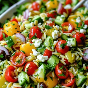 To make a great Mediterranean Orzo Salad, you will need these fresh ingredients: - 1 cup orzo pasta - 1 cup cherry tomatoes, halved - 1 medium cucumber, diced - 1 red or yellow bell pepper, diced - 1/2 medium red onion, finely chopped - 1/2 cup Kalamata olives, pitted and sliced - 1/2 cup feta cheese, crumbled - 1/4 cup fresh parsley, finely chopped - 1/4 cup extra virgin olive oil - 2 tablespoons freshly squeezed lemon juice - 1 teaspoon dried oregano - Salt and freshly cracked black pepper, to taste Fresh ingredients make this salad shine. Here are some tips: - Choose firm, bright cherry tomatoes for sweetness. - Pick a cucumber with smooth skin and no blemishes. - Look for bell peppers that feel heavy and have a shiny surface. - Use Kalamata olives that are plump and flavorful. - Select feta cheese that is creamy and crumbly for the best taste. You can customize your Mediterranean Orzo Salad with these tasty add-ins: - Add cooked chicken or shrimp for protein. - Toss in artichoke hearts for extra flavor. - Include capers for a briny kick. - Mix in roasted red peppers for a sweet touch. - Use different herbs like mint or dill for a twist. These options can make your salad even more exciting. You can find the full recipe for more details. Start by boiling water in a medium pot. Once it bubbles, add a pinch of salt. Next, pour in 1 cup of orzo pasta. Cook it for about 8-10 minutes. You want it to be al dente, which means firm to the bite. After that, drain the pasta in a colander. Rinse it under cold water to stop the cooking. Set the orzo aside to cool down. While the orzo cools, grab a large bowl. Add 1 cup of halved cherry tomatoes. Next, toss in 1 medium diced cucumber. Then, add 1 diced red or yellow bell pepper. Don’t forget 1/2 medium finely chopped red onion and 1/2 cup of sliced Kalamata olives. Mix these fresh veggies gently to blend the flavors well. In a small bowl, whisk together 1/4 cup of extra virgin olive oil and 2 tablespoons of fresh lemon juice. Add 1 teaspoon of dried oregano. Season with a pinch of salt and freshly cracked black pepper. Whisk until the dressing is mixed and smooth. Drizzle this over the orzo and veggies. Toss everything together gently. Finally, fold in 1/2 cup of crumbled feta cheese and 1/4 cup of finely chopped parsley. Taste and adjust the seasoning as needed. Let the salad rest for at least 15 minutes to enhance the flavors. For the best taste, chill it for up to 1 hour. When making Mediterranean Orzo Salad, avoid overcooking the orzo. It should be al dente, which means it should have a little bite to it. If you skip rinsing the pasta after cooking, it may stick together. Also, don’t skip the resting time. Letting the salad sit allows the flavors to mix well. Another mistake is not tasting before serving. Always check the seasoning and adjust as needed. If you need gluten-free options, use gluten-free orzo or another gluten-free pasta. For a vegan version, skip the feta cheese and add more veggies or nuts for creaminess. You can replace Kalamata olives with green olives if you prefer a milder taste. If you want to cut calories, use less olive oil and more lemon juice in the dressing. To boost the flavor of your Mediterranean Orzo Salad, try adding fresh herbs like basil or mint. A pinch of red pepper flakes can add a nice kick. For a smoky flavor, consider adding some smoked paprika. If you want a tangy twist, mix in some capers or sun-dried tomatoes. Remember, experimenting with flavors can lead to delightful new tastes! {{image_4}} You can easily make Mediterranean Orzo Salad heartier by adding proteins. Grilled chicken adds a nice touch. Simply cut it into bite-sized pieces and mix it in. Shrimp is another tasty option. Cook the shrimp in olive oil with garlic for flavor. You can also use chickpeas for a plant-based protein. They add fiber and help you feel full. For a vegetarian twist, skip the feta cheese. Use avocado instead for creaminess. If you want a vegan option, replace feta with tofu or a nut-based cheese. This keeps the salad fresh and vibrant. You can also add nuts like almonds or walnuts for crunch and healthy fats. Feel free to explore regional ingredients. In Italy, add artichokes or sun-dried tomatoes for a rich flavor. Spanish olives can give the dish a unique taste. In Greece, try capers or add more herbs like dill. Each region offers something special. Mixing ingredients from different places can create a wonderful fusion. To keep your Mediterranean Orzo Salad fresh, store it in an airtight container. Place the salad in the fridge right after serving. This helps to maintain its taste and texture. If you notice any liquid, you can drain it before storing. This salad tastes even better the next day, as the flavors meld together. You may not need to reheat this salad. It is best served cold. If you prefer a warm dish, gently warm the salad in a pan over low heat. Stir it often to avoid burning. Add a splash of olive oil or lemon juice to keep it moist. - Orzo Pasta: Cooked orzo lasts about 3-5 days in the fridge. - Vegetables: Fresh veggies like cucumbers and tomatoes can last 2-3 days once mixed in. - Feta Cheese: Feta maintains its quality for about 5 days in the salad. - Dressing: The dressing can last for up to a week if stored separately. For the best taste, try to eat the salad within 3 days. The longer it sits, the more flavors blend, but some ingredients may lose their crunch. To make Mediterranean Orzo Salad gluten-free, swap orzo with gluten-free pasta. You can find rice or quinoa pasta at most stores. The other ingredients are gluten-free, so you're all set. Just follow the same steps in the Full Recipe. Yes, you can prep Mediterranean Orzo Salad in advance. Make the salad a day before serving. Keep it in the fridge in an airtight container. The flavors will blend well, making it even tastier. Just add the feta and parsley right before serving for the best taste. Mediterranean Orzo Salad pairs well with grilled chicken, shrimp, or fish. You can also serve it with a side of crusty bread or hummus. This salad is great as a main dish or a side. Enjoy it with a glass of chilled white wine for a perfect meal. Check the Full Recipe for more ideas on pairing. This blog covered how to make Mediterranean Orzo Salad. We talked about fresh ingredients and how to cook orzo pasta. I shared tips to avoid common mistakes and offered variations for different diets. You now know how to store leftovers and heat them up safely. This salad is easy to make and full of flavor. Enjoy creating your own version and sharing it!