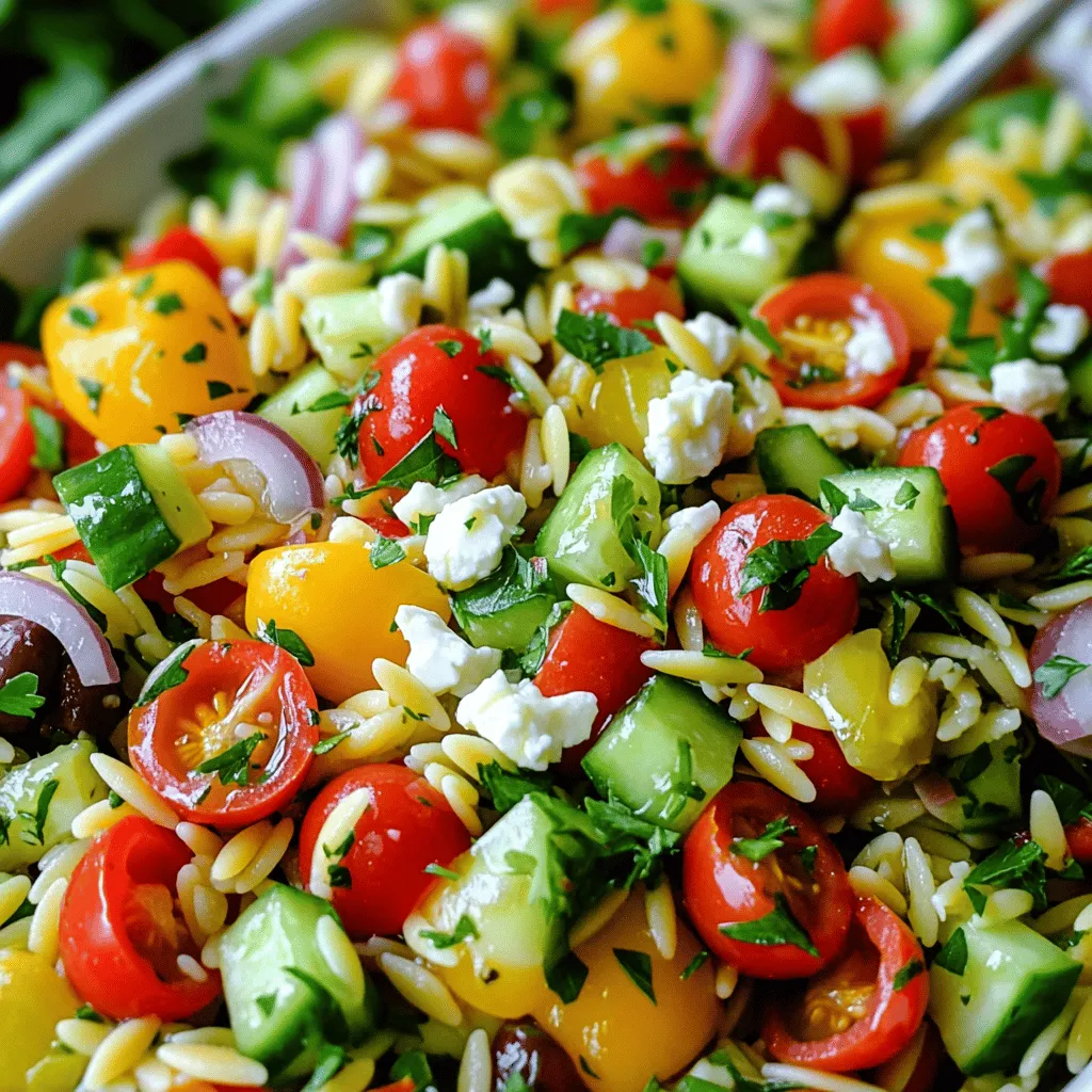 To make a great Mediterranean Orzo Salad, you will need these fresh ingredients: - 1 cup orzo pasta - 1 cup cherry tomatoes, halved - 1 medium cucumber, diced - 1 red or yellow bell pepper, diced - 1/2 medium red onion, finely chopped - 1/2 cup Kalamata olives, pitted and sliced - 1/2 cup feta cheese, crumbled - 1/4 cup fresh parsley, finely chopped - 1/4 cup extra virgin olive oil - 2 tablespoons freshly squeezed lemon juice - 1 teaspoon dried oregano - Salt and freshly cracked black pepper, to taste Fresh ingredients make this salad shine. Here are some tips: - Choose firm, bright cherry tomatoes for sweetness. - Pick a cucumber with smooth skin and no blemishes. - Look for bell peppers that feel heavy and have a shiny surface. - Use Kalamata olives that are plump and flavorful. - Select feta cheese that is creamy and crumbly for the best taste. You can customize your Mediterranean Orzo Salad with these tasty add-ins: - Add cooked chicken or shrimp for protein. - Toss in artichoke hearts for extra flavor. - Include capers for a briny kick. - Mix in roasted red peppers for a sweet touch. - Use different herbs like mint or dill for a twist. These options can make your salad even more exciting. You can find the full recipe for more details. Start by boiling water in a medium pot. Once it bubbles, add a pinch of salt. Next, pour in 1 cup of orzo pasta. Cook it for about 8-10 minutes. You want it to be al dente, which means firm to the bite. After that, drain the pasta in a colander. Rinse it under cold water to stop the cooking. Set the orzo aside to cool down. While the orzo cools, grab a large bowl. Add 1 cup of halved cherry tomatoes. Next, toss in 1 medium diced cucumber. Then, add 1 diced red or yellow bell pepper. Don’t forget 1/2 medium finely chopped red onion and 1/2 cup of sliced Kalamata olives. Mix these fresh veggies gently to blend the flavors well. In a small bowl, whisk together 1/4 cup of extra virgin olive oil and 2 tablespoons of fresh lemon juice. Add 1 teaspoon of dried oregano. Season with a pinch of salt and freshly cracked black pepper. Whisk until the dressing is mixed and smooth. Drizzle this over the orzo and veggies. Toss everything together gently. Finally, fold in 1/2 cup of crumbled feta cheese and 1/4 cup of finely chopped parsley. Taste and adjust the seasoning as needed. Let the salad rest for at least 15 minutes to enhance the flavors. For the best taste, chill it for up to 1 hour. When making Mediterranean Orzo Salad, avoid overcooking the orzo. It should be al dente, which means it should have a little bite to it. If you skip rinsing the pasta after cooking, it may stick together. Also, don’t skip the resting time. Letting the salad sit allows the flavors to mix well. Another mistake is not tasting before serving. Always check the seasoning and adjust as needed. If you need gluten-free options, use gluten-free orzo or another gluten-free pasta. For a vegan version, skip the feta cheese and add more veggies or nuts for creaminess. You can replace Kalamata olives with green olives if you prefer a milder taste. If you want to cut calories, use less olive oil and more lemon juice in the dressing. To boost the flavor of your Mediterranean Orzo Salad, try adding fresh herbs like basil or mint. A pinch of red pepper flakes can add a nice kick. For a smoky flavor, consider adding some smoked paprika. If you want a tangy twist, mix in some capers or sun-dried tomatoes. Remember, experimenting with flavors can lead to delightful new tastes! {{image_4}} You can easily make Mediterranean Orzo Salad heartier by adding proteins. Grilled chicken adds a nice touch. Simply cut it into bite-sized pieces and mix it in. Shrimp is another tasty option. Cook the shrimp in olive oil with garlic for flavor. You can also use chickpeas for a plant-based protein. They add fiber and help you feel full. For a vegetarian twist, skip the feta cheese. Use avocado instead for creaminess. If you want a vegan option, replace feta with tofu or a nut-based cheese. This keeps the salad fresh and vibrant. You can also add nuts like almonds or walnuts for crunch and healthy fats. Feel free to explore regional ingredients. In Italy, add artichokes or sun-dried tomatoes for a rich flavor. Spanish olives can give the dish a unique taste. In Greece, try capers or add more herbs like dill. Each region offers something special. Mixing ingredients from different places can create a wonderful fusion. To keep your Mediterranean Orzo Salad fresh, store it in an airtight container. Place the salad in the fridge right after serving. This helps to maintain its taste and texture. If you notice any liquid, you can drain it before storing. This salad tastes even better the next day, as the flavors meld together. You may not need to reheat this salad. It is best served cold. If you prefer a warm dish, gently warm the salad in a pan over low heat. Stir it often to avoid burning. Add a splash of olive oil or lemon juice to keep it moist. - Orzo Pasta: Cooked orzo lasts about 3-5 days in the fridge. - Vegetables: Fresh veggies like cucumbers and tomatoes can last 2-3 days once mixed in. - Feta Cheese: Feta maintains its quality for about 5 days in the salad. - Dressing: The dressing can last for up to a week if stored separately. For the best taste, try to eat the salad within 3 days. The longer it sits, the more flavors blend, but some ingredients may lose their crunch. To make Mediterranean Orzo Salad gluten-free, swap orzo with gluten-free pasta. You can find rice or quinoa pasta at most stores. The other ingredients are gluten-free, so you're all set. Just follow the same steps in the Full Recipe. Yes, you can prep Mediterranean Orzo Salad in advance. Make the salad a day before serving. Keep it in the fridge in an airtight container. The flavors will blend well, making it even tastier. Just add the feta and parsley right before serving for the best taste. Mediterranean Orzo Salad pairs well with grilled chicken, shrimp, or fish. You can also serve it with a side of crusty bread or hummus. This salad is great as a main dish or a side. Enjoy it with a glass of chilled white wine for a perfect meal. Check the Full Recipe for more ideas on pairing. This blog covered how to make Mediterranean Orzo Salad. We talked about fresh ingredients and how to cook orzo pasta. I shared tips to avoid common mistakes and offered variations for different diets. You now know how to store leftovers and heat them up safely. This salad is easy to make and full of flavor. Enjoy creating your own version and sharing it!
