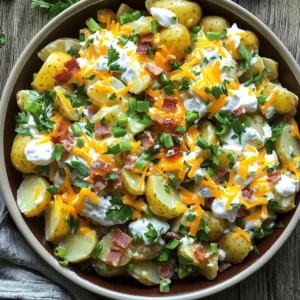 - 4 large Yukon Gold potatoes - 1 cup sour cream - 1/2 cup mayonnaise - 1 tablespoon Dijon mustard - 1 teaspoon garlic powder - Salt and black pepper to taste - 1 cup shredded sharp cheddar cheese - 1/2 cup cooked crumbled turkey bacon - 1/4 cup green onions and parsley Loaded potato salad is packed with flavors and textures. First, Yukon Gold potatoes are the best choice for this dish. They are creamy and rich, making them perfect for salads. Next, I use sour cream and mayonnaise for the dressing. Sour cream gives a nice tang, while mayonnaise adds creaminess. Together, they create a smooth blend that coats every potato piece. To boost the flavors, I add Dijon mustard and garlic powder. The mustard brings a slight zing, while garlic powder adds depth. Don't forget to season with salt and black pepper. This step is key for enhancing the overall taste. Now, let’s talk about the exciting add-ins. Sharp cheddar cheese brings a robust flavor that pairs perfectly with the potatoes. For a bit of crunch and a savory touch, I like to include crumbled turkey bacon. It adds texture and richness. Lastly, fresh green onions and parsley give a pop of color and freshness. If you want the full recipe, you'll find all the steps to make this creamy delight. This loaded potato salad is sure to be a crowd-pleaser at any gathering! To start, you will need to boil and cool the potatoes. First, cut the Yukon Gold potatoes into 1-inch cubes. Place them in a large pot. Fill the pot with salted water until it covers the potatoes by an inch. Bring the water to a rolling boil over medium-high heat. After it boils, lower the heat and let the potatoes simmer. Cook them for about 12 to 15 minutes. You want them tender enough to pierce easily with a fork. Once done, drain the potatoes and let them cool completely. While the potatoes cool, make the dressing. In a spacious mixing bowl, combine the sour cream and mayonnaise. Add in the Dijon mustard, garlic powder, and a generous pinch of salt and pepper. Whisk until you achieve a smooth and creamy mix. This dressing is key to making your loaded potato salad flavorful and rich. Once the potatoes are cool, it's time to fold them into the dressing. Use a spatula or wooden spoon to carefully coat each piece of potato. Make sure all pieces are evenly covered without breaking them apart. Next, add the shredded sharp cheddar cheese, crumbled turkey bacon, sliced green onions, and chopped parsley. Gently fold these ingredients into the potato mix. Ensure everything is well distributed. Give it a taste and adjust the seasoning if needed. Now, cover the bowl and refrigerate it for at least one hour. This waiting time helps the flavors combine, making every bite delicious! For the complete recipe, refer to the Full Recipe section. To get the best potatoes for your salad, follow a few simple steps. Start with Yukon Gold potatoes. Their creamy texture works wonders. Aim to cook them for 12 to 15 minutes. To check if they are done, pierce a potato with a fork. If it slides in easily, the potatoes are ready. Drain them right away and let them cool completely. This cooling step helps keep them firm in the salad. The dressing makes your potato salad shine. You can adjust the taste based on what you like. For a tangy kick, add more Dijon mustard. If you want it creamier, mix in a bit more sour cream or mayo. You can also try different dressings. A ranch-style dressing adds a fun twist. Or, use a yogurt-based dressing for a lighter option. Feel free to experiment until you find your favorite! A great salad deserves a lovely presentation. Use a big, colorful bowl to serve your potato salad. This way, it stands out on the table. For garnishing, sprinkle extra cheddar cheese on top. Add more green onions and a touch of parsley for color. This simple touch makes your dish look even more delicious. You will impress everyone with this beautiful salad! For the complete recipe, check out the [Full Recipe]. {{image_4}} Healthier alternatives for loaded potato salad can make this dish even better. You can use Greek yogurt instead of sour cream. This swap keeps the creaminess but cuts some fat and calories. It also adds protein, making the salad more filling. For a vegetarian version, try plant-based bacon. There are many great options available now. These alternatives give you that savory flavor without using meat. You can enjoy the same delicious taste while sticking to a veggie diet. When it comes to flavor variations, consider adding different cheeses. Feta cheese brings a nice tang, while pepper jack adds some spice. Both work well to change the taste of your salad. You can also incorporate extra veggies like bell peppers or celery. These add crunch and color, making your salad even more fun. Seasonal variations can enhance your loaded potato salad too. During summer, add fresh corn or herbs. Sweet corn provides a burst of flavor, while herbs like basil or dill brighten the dish. In winter, roasted garlic or warm spices can give a cozy feel. Both options let you enjoy the salad year-round. For the full recipe, check out the detailed instructions to create this delightful dish. To keep your loaded potato salad fresh, store it in the fridge. It will stay good for about 3 to 5 days. Make sure to seal it well. Use a tight lid or plastic wrap to cover the bowl. This keeps out air and helps maintain its creamy texture. You might wonder, can you freeze potato salad? The answer is no, it is not great for freezing. Freezing can change the texture. The creamy dressing may separate when thawed. If you have extra, try to eat it fresh. If you do freeze it, here are steps to thaw and serve: 1. Move the salad to the fridge overnight to thaw. 2. Stir it well before serving. Add extra seasoning if needed. You can get creative with leftover potato salad. Here are some fun ways to reuse it: - Potato Salad Wraps: Spread it on a tortilla, roll it up, and enjoy. - Stuffed Peppers: Fill sweet bell peppers with the potato salad for a tasty treat. - Potato Salad Omelet: Mix it into eggs for a quick breakfast. Potato salad pairs well with grilled meats and fresh veggies. It makes a great side dish, too. Enjoy your leftovers in new and fun ways! For the full recipe, check out the Loaded Potato Salad section. For a creamy and tasty potato salad, I recommend using Yukon Gold potatoes. They have a buttery flavor and a smooth texture. Their waxy nature helps them hold their shape. Red potatoes are also good, as they remain firm and add color. You can even mix different types for fun flavors and textures. Yes, you can prepare Loaded Potato Salad ahead of time. Make it a day in advance for the best taste. Just mix everything and store it in the fridge. Cover it tightly to keep it fresh. This allows the flavors to blend beautifully. When you’re ready to serve, give it a quick stir and enjoy! Loaded Potato Salad can last up to 3-5 days in the fridge, if stored correctly. Always keep it in an airtight container. Before serving leftovers, check for any signs of spoilage. If it smells off or looks strange, it’s best to throw it away. Keeping food safety in mind helps you enjoy your salad worry-free. In this blog post, we explored how to make a delicious Loaded Potato Salad. We covered main ingredients, like Yukon Gold potatoes and sour cream, and added flavor with mustard and garlic powder. You can mix in toppings like cheese and turkey bacon for extra taste. Remember, you can customize the recipe and even make it healthier. Store leftovers properly for the best freshness. Now, you have everything you need to create a tasty dish that impresses everyone! Enjoy your cooking!