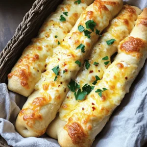 - 2 cups all-purpose flour - 1 packet (2 1/4 tsp) instant yeast - 3/4 cup warm water (approximately 110°F/43°C) - 1/2 teaspoon sugar - 1 teaspoon salt - 2 tablespoons olive oil - 3 tablespoons unsalted butter, melted - 4 cloves garlic, finely minced - 1 cup shredded mozzarella cheese - 1/2 cup grated Parmesan cheese - 1 tablespoon dried oregano - Fresh parsley, finely chopped (for garnish) - Pinch of red pepper flakes (optional for heat) These ingredients are simple and easy to find. The all-purpose flour forms the base. Instant yeast helps the breadsticks rise, while warm water activates the yeast. Sugar feeds the yeast, and salt adds flavor. Olive oil makes the dough tender. Butter, garlic, and herbs create a delicious topping. Mozzarella and Parmesan cheeses give that cheesy goodness. Fresh parsley adds color, and red pepper flakes offer a hint of spice. You can easily adjust the ingredients for your taste. Check out the Full Recipe for all the steps to follow. Each serving contains about 150 calories. It has 6 grams of fat, 4 grams of protein, and 20 grams of carbs. There’s also 1 gram of fiber. This makes the cheesy garlic breadsticks a tasty treat, perfect for sharing. Mix warm water, sugar, and yeast in a small bowl. Stir gently and let it sit for about 5 minutes. You’ll see bubbles forming on the surface. This means the yeast is alive and ready to work. In a large bowl, combine the all-purpose flour and salt. Make a well in the center and pour in the activated yeast mixture and olive oil. Mix with a wooden spoon until a rough dough forms. Lightly flour a clean surface and knead the dough for about 5 to 7 minutes. You want it smooth and elastic. Place the kneaded dough in a lightly greased bowl. Cover it with a damp kitchen towel. Let it rise in a warm area for 1 hour, or until it doubles in size. This step is key for fluffy breadsticks. Once the dough has risen, punch it down gently to remove air bubbles. Roll it out on a floured surface into a rectangle, about 1/2 inch thick. Brush the surface with the garlic butter mixture, spreading it evenly. Next, sprinkle the shredded mozzarella and grated Parmesan cheese over the dough. For a bit of heat, add a pinch of red pepper flakes. Use a pizza cutter to slice the dough into strips, about 1 to 2 inches wide, and place them on a baking sheet. Preheat your oven to 425°F (220°C). Place the baking sheet with the breadsticks in the oven. Bake for 12 to 15 minutes. Keep an eye on them until they turn golden brown and the cheese bubbles. Enjoy the aroma that fills your kitchen! For the full recipe, refer to the provided details. To get the best breadsticks, the dough must be just right. Use 2 cups of all-purpose flour. When mixing, you want the dough smooth and elastic. Kneading is key here; do it for 5-7 minutes. This helps develop gluten, which gives your breadsticks a nice chew. If the dough is too sticky, add a little more flour. If it’s too dry, add a splash of warm water. You want it to feel soft but not wet. Garlic butter is a must, but you can make it even better! Try adding herbs. Dried oregano works great, but you can also use basil or thyme. A pinch of salt in the butter adds depth. If you like heat, add red pepper flakes to the mix. These small changes can make a big difference in taste. Mix these flavors well before brushing them on the dough. These breadsticks pair perfectly with marinara sauce. The tangy sauce complements the cheesy goodness. You can also serve them with cheese dips for a richer taste. A warm, melted cheese dip is a crowd-pleaser. For a fun twist, try adding a sprinkle of fresh parsley on top. It adds color and fresh flavor. Serve in a basket lined with a cloth to keep them warm and inviting. For the complete experience, offer a side of extra garlic butter for dipping. {{image_4}} You can mix things up with cheese. Try using cheddar for a sharp flavor. Gouda adds a rich, buttery taste. You can even use a blend of cheeses for a unique twist. Don't be afraid to experiment with different textures too. A creamier cheese can make your breadsticks extra gooey and delicious. Adding spices can elevate your breadsticks. Fresh herbs like basil or thyme give a nice touch. You can also add a pinch of cayenne or paprika for some heat. I enjoy mixing in Italian seasoning for a classic flavor. If you love garlic, sprinkle in more minced garlic for an even bolder taste. If you need gluten-free breadsticks, use a gluten-free flour mix. There are many great options available. For a vegan version, replace the butter with a plant-based alternative. Use vegan cheese instead of mozzarella and Parmesan. This way, everyone can enjoy these tasty treats! Check out the Full Recipe for more details. To keep your cheesy garlic breadsticks fresh for a few days, store them in an airtight container. This helps lock in moisture and flavor. You can also wrap them in plastic wrap or aluminum foil. Place them at room temperature for up to two days. If you want to keep them longer, the fridge is an option, but they may lose some softness. Freezing is a great way to save breadsticks for later. After baking and cooling, wrap them tightly in plastic wrap. Then, place the wrapped breadsticks in a freezer bag. They will stay good for about three months. When you want to eat them, just take them out and let them thaw in the fridge overnight. When it's time to enjoy your breadsticks, reheating is key. Preheat your oven to 350°F (175°C). Place the breadsticks on a baking sheet. Heat them for about 10-15 minutes. This will bring back their crispy texture and warm the cheese. If you prefer, you can microwave them for a quick option, but they may not be as crispy. Your breadsticks are done when they are golden brown. The cheese should be bubbly. You can also tap the bottom. It should sound hollow. If you see these signs, they are ready to eat! Yes, you can use store-bought dough. It saves time and effort. However, it may lack the fresh taste. Homemade dough has more flavor and texture. If you choose store-bought, follow the package directions for best results. If your dough doesn’t rise, it may be due to old yeast. Always check the expiration date. Another cause could be cold temperatures. Yeast needs warmth to grow. Try placing the dough in a warm spot. If it still doesn't rise, start over with fresh yeast. You can make these breadsticks dairy-free. Use a dairy-free cheese alternative. Nutritional yeast is a great option too. It adds a cheesy flavor without dairy. You can also skip the cheese altogether for a simple garlic breadstick. These breadsticks last about two days at room temperature. Store them in a paper bag. This keeps them soft without getting soggy. If you want them to last longer, freeze them. They can stay fresh in the freezer for up to three months. These garlic cheese breadsticks are easy to make and delicious. You need just a few ingredients, follow simple steps, and you can serve them warm. Remember to let the dough rise for the best texture. You can also try different cheeses or spices to make them your own. Store extras in the freezer for later use. Enjoy these tasty bites with friends and family anytime you want. Now, go ahead, make your own perfect breadsticks!
