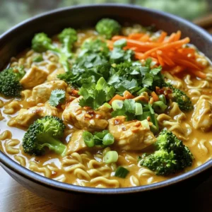 To make Easy Spicy Chicken & Peanut Butter Ramen, gather these key ingredients: - 2 packs of instant ramen noodles (any flavor, discard the seasoning packets) - 1 tablespoon vegetable oil - 1 pound boneless, skinless chicken thighs, diced into bite-sized pieces - 2 cloves garlic, minced - 1 tablespoon fresh ginger, grated - 1 red chili pepper, finely chopped (adjust based on your spice preference) - 3 tablespoons creamy peanut butter - 3 tablespoons soy sauce - 2 tablespoons chicken broth or water - 1 tablespoon sesame oil - 1 cup broccoli florets - 1 medium carrot, peeled and julienned - 2 green onions, thinly sliced - Fresh cilantro, chopped (for garnish, optional) These ingredients create a delicious balance of flavors. The chicken adds protein, while the peanut butter gives a creamy texture. You might want to add some fun garnishes or extras to your ramen. Consider these: - Additional slices of red chili for heat - A drizzle of sriracha for more spice - Sesame seeds for crunch - Bean sprouts for freshness - A soft-boiled egg for richness These options boost flavor and add a nice touch to your dish. Sometimes, you may need to swap some items. Here are a few great substitutions: - Chicken thighs can be replaced with chicken breast for a leaner choice. - Use tofu instead of chicken for a vegetarian twist. - Sunflower butter can replace peanut butter if you have nut allergies. - Broccoli can be swapped with snap peas or bell peppers for variety. These substitutions help you make the dish fit your needs while keeping it tasty. For the full recipe, check out the details above. To cook your ramen noodles just right, start by boiling a large pot of water. The water should be at a full boil before adding the noodles. This step helps keep the noodles firm. Add the instant ramen noodles to the boiling water. Follow the package instructions for timing, usually around 3-4 minutes. Stir the noodles gently to separate them. Once cooked, drain the noodles in a colander, but don't rinse them. Keep them slightly moist to help absorb the sauce later. For perfect chicken, heat one tablespoon of vegetable oil in a large skillet or wok over medium-high heat. Once the oil is hot, add the diced chicken thighs. Spread them out in a single layer for even cooking. Cook the chicken for about 5-7 minutes. Stir occasionally to ensure all sides get golden brown. Check that the chicken is fully cooked. It should no longer be pink inside. This step adds flavor and texture to your dish. Now, let's make that rich peanut butter sauce! With the chicken still in the skillet, reduce the heat to medium. Add two cloves of minced garlic, a tablespoon of grated ginger, and a finely chopped red chili pepper. This mix brings a fantastic aroma to your kitchen. Next, add three tablespoons of creamy peanut butter and three tablespoons of soy sauce. Pour in two tablespoons of chicken broth or water for a smoother sauce, and finish with one tablespoon of sesame oil. Stir these ingredients well until you have a smooth, rich sauce. This sauce is the heart of your ramen. It balances the heat from the chili and the creaminess of the peanut butter, making this dish truly delightful. For the full recipe, check out the detailed steps above. To control the heat in your ramen, start with one red chili pepper. You can always add more. If you want less spice, you can remove the seeds from the chili. For a milder flavor, try using sweet bell peppers instead. This way, you can enjoy a tasty dish without too much heat. To keep your veggies crisp, add them at the right time. Broccoli and carrots should cook for just a few minutes. When they turn bright and tender, they are ready. Avoid overcooking, as this can make them mushy. A quick stir-fry will help keep their crunch and vibrant color. You can boost the flavor of your ramen with a few extras. Try adding a splash of lime juice for tang. Fresh herbs like basil or mint can give a unique twist. If you like a richer taste, toss in some roasted peanuts or sesame seeds. These small changes can make a big difference in your meal. For the full recipe, check out the Easy Spicy Chicken & Peanut Butter Ramen. {{image_4}} You can switch up the protein in this dish easily. If you want, use shrimp or tofu instead of chicken. Shrimp cooks fast and adds a nice flavor. Tofu absorbs the sauce well and is great for a plant-based meal. If you choose tofu, press it first to remove extra water. This helps it soak up the sauce better. Making this dish vegetarian or vegan is simple. Just skip the chicken and use more veggies. Add mushrooms, bell peppers, or snap peas for texture. You can also use vegetable broth instead of chicken broth. For a creamy touch, use a vegan peanut butter. This keeps the rich flavor without the meat. While instant ramen noodles are quick, you can get creative! Try rice noodles, soba noodles, or even zucchini noodles for a fun twist. Each type adds a different taste and texture. If you use zucchini noodles, cook them lightly to keep them crisp. This adds a fresh bite to your meal while keeping it light and healthy. For the full recipe, check out the Easy Spicy Chicken & Peanut Butter Ramen. After enjoying your Easy Spicy Chicken & Peanut Butter Ramen, store leftovers in an airtight container. This keeps the dish fresh and tasty. Make sure to let it cool first. Once cooled, place the container in the fridge. Use the leftovers within three days for the best taste. When it's time to enjoy your ramen again, take it out of the fridge. You can reheat it in the microwave. Place it in a microwave-safe dish and cover it with a damp paper towel. Heat for one minute, then stir. If it needs more time, heat in 30-second increments until warm. You can also reheat it in a pan on low heat. Add a splash of water or broth to keep it saucy. If you want to save some for later, you can freeze it! Use a freezer-safe container or bag. Leave some space at the top for the food to expand. When you’re ready to eat it, thaw it in the fridge overnight. Reheat it as mentioned above. It will still taste great, and you’ll have a quick meal ready to go! For the full recipe, check out the Easy Spicy Chicken & Peanut Butter Ramen 🥜. The total time to make this dish is about 25 minutes. You can prep the ingredients in about 15 minutes. Cooking the ramen and chicken takes the remaining time. It's quick and easy for busy days. Yes, you can use different types of noodles! While instant ramen is quick, you can try udon, soba, or rice noodles. Just be sure to cook them according to their package instructions. Each option gives a unique taste and texture. You can serve this ramen with a side of steamed vegetables or a fresh salad. Add some pickled vegetables for a tangy crunch. If you like heat, serve with extra chili flakes or hot sauce. These sides complement the rich flavors of the ramen. Absolutely! This dish works great for meal prep. You can store the ramen in airtight containers. Just reheat it in a microwave or on the stove. It keeps well for about three days in the fridge. Enjoy it throughout the week! For the detailed cooking process, check out the Full Recipe. You learned how to make Easy Spicy Chicken & Peanut Butter Ramen. We covered key ingredients, cooking tips, and ways to change the dish. You can substitute proteins, adjust spice levels, and even store leftovers. This recipe is fun to make and very tasty. By trying different options, you can make this meal your own. Enjoy the cooking process and share it with friends. Now go enjoy your delicious ramen!