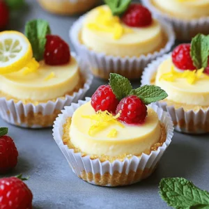 To make mini lemon cheesecakes, you need some simple ingredients that pack a punch of flavor. Here’s what you’ll need: - 1 cup digestive biscuits, finely crushed - 1/4 cup unsalted butter, melted - 16 oz (450g) cream cheese, softened at room temperature - 1/2 cup granulated sugar - 2 large eggs, ideally at room temperature - Zest of 2 medium lemons - 1/4 cup freshly squeezed lemon juice - 1 teaspoon pure vanilla extract - 1/4 teaspoon salt - Fresh berries and mint leaves for garnish Each ingredient plays a role in creating that perfect balance of sweetness and tartness in your cheesecakes. The digestive biscuits provide a crunchy base, while the cream cheese brings that rich, creamy texture. The lemon zest and juice add a burst of citrus that brightens the flavor. For a lovely touch, I love garnishing with fresh berries and mint leaves. They not only add color but also enhance the flavor. You can find the full recipe in the earlier sections, which guides you through each step clearly. Enjoy making these delightful treats! - Preheat your oven to 325°F (160°C). - Line a muffin tin with paper liners. Getting your oven ready is easy. Just set it to 325°F. Make sure you line the muffin tin with paper liners. This helps when you take the cheesecakes out later. - Combine crushed biscuits and melted butter. - Press mixture into muffin liners for the crust. For the crust, grab some biscuits and crush them finely. Mix these crumbs with melted butter. You want a sandy texture. Then, press about one tablespoon of this mixture into each muffin liner. This gives a solid base for your cheesecakes. - Beat cream cheese and sugar until smooth. - Add eggs, lemon zest, lemon juice, vanilla, and salt. Now, let’s make the filling. In a big bowl, beat softened cream cheese and sugar until it’s smooth. Next, add in the eggs one by one. Mix them well after each addition. Then, fold in lemon zest, lemon juice, vanilla, and a pinch of salt. Your filling should be creamy and combined well. - Pour filling over crust and bake for 18-20 minutes. - Cool and chill cheesecakes before serving. Pour the creamy mixture over your crust in each muffin liner. Fill them about three-quarters full. Bake in your preheated oven for 18 to 20 minutes. The centers should jiggle a bit, but not be runny. After baking, let them cool for about 15 minutes at room temperature. Finally, move them to the fridge to chill for at least two hours. This helps them set perfectly. For the full recipe, check out the details above. To make a great crust, press the mixture firmly. Use your fingers or the back of a spoon to pack it down. A firm crust holds together well. Chilling the crust before adding the filling helps it stay in shape. This extra step makes a big difference. Start with room-temperature cream cheese. This helps it blend smoothly. Beat the cream cheese and sugar together until there are no lumps. It should be creamy and light. Mixing well ensures a smooth filling that tastes fantastic. After baking, let the cheesecakes cool at room temperature. This gives them time to set. Once they are cool, move them to the fridge. Chilling them for at least two hours helps the flavors meld. You can even make these treats a day ahead. They taste even better after sitting! For the full recipe, check the recipe section. {{image_4}} You can play with flavors in your mini lemon cheesecakes. Try different citrus zest, like orange or lime. This change adds a unique twist to your dessert. You can also add chocolate chips for a fun surprise. Swirling in fruit purees, like raspberry or blueberry, can create a beautiful look and taste. If you need a gluten-free option, it’s easy to adapt. Swap out the digestive biscuits for gluten-free crackers. Make sure all your other ingredients are gluten-free too. This way, everyone can enjoy these tasty treats without worry. When you serve your mini cheesecakes, make them extra special. A dollop of whipped cream on top adds creaminess. You can also top them with fresh berries for color and flavor. A fruit compote can give a sweet and tangy taste that pairs well with lemon. For the best experience, serve them chilled after they set. Check the Full Recipe for more details on this delightful dessert! Store any leftover mini lemon cheesecakes in an airtight container. This keeps them fresh and tasty. If you can, keep toppings like berries and mint leaves separate. This helps maintain their texture and flavor. You can freeze these cheesecakes for up to three months. Just make sure to thaw them in the fridge before serving. For the best taste, enjoy them within the first month of freezing. This way, you keep that fresh lemon flavor. Yes, they can be made a day in advance and stored in the refrigerator. This is great if you want to save time on the day of your event. Just make sure to cover them well to keep them fresh. Centers should be slightly jiggly but not runny when removed from the oven. This indicates that they will set nicely as they cool. If they look too firm, they may overbake. Yes, low-fat cream cheese can be used, but the texture may vary slightly. They might not be as rich, but they will still taste good. This recipe yields 12 mini lemon cheesecakes. Perfect for sharing with friends or family at gatherings. Graham crackers or any other sweet biscuit can work as a substitute. You can even try crushed cookies for a fun twist. These mini lemon cheesecakes are a delight. You start with a simple crust made from digestive biscuits, then mix a creamy filling with fresh lemon flavor. I shared tips for a perfect texture and ways to make this dessert your own. With my advice, you can enjoy these treats any time. Remember, they freeze well, so make extra! Enjoy experimenting with different flavors and toppings, and most importantly, share them with friends and family. Your next dessert project awaits!