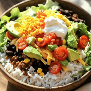 Here are the key ingredients for your Taco Rice Bowl with Doritos: - 1 cup white or brown rice - 1 pound ground beef or turkey - 1 tablespoon taco seasoning - 1 can (15 oz) black beans, drained and rinsed - 1 cup corn kernels (fresh or frozen) - 1 cup cherry tomatoes, halved - 1 avocado, diced - 1 cup shredded cheddar cheese - 1 cup lettuce, chopped - 1 cup Doritos, crushed (any flavor) - ½ cup sour cream or Greek yogurt - ¼ cup salsa - 2 tablespoons olive oil - Salt and pepper to taste You can swap out some ingredients if needed. For protein, use chicken or plant-based meat. For beans, pinto beans or chickpeas work well. You can also use quinoa instead of rice for a grain swap. If you want a dairy-free option, skip the cheese or use a dairy-free alternative. When choosing ingredients, look for bright colors and firm textures. Fresh tomatoes should be plump and shiny. Avocados should be slightly soft but not mushy. If you buy frozen corn, ensure it has no added sugar. For meat, choose lean cuts for a healthier option. Always check the expiration date on canned goods. Start by boiling water in a medium saucepan. Use the amount stated on the rice package. Add your rice, whether white or brown, to the boiling water. Reduce the heat and cover the pot. Let it simmer until tender. This usually takes about 15 to 20 minutes. When done, fluff the rice with a fork and keep it warm. In a large skillet, heat olive oil over medium heat. Add your choice of ground beef or turkey. Cook it for about 6 to 8 minutes. Stir it occasionally until the meat is fully browned. Once browned, drain any extra fat from the skillet. Stir in taco seasoning and ¼ cup of water. Let this simmer for 3 to 4 minutes. This helps the sauce thicken and coat the meat. Take four colorful bowls to make your meal fun. Start with a big scoop of the cooked rice in each bowl. Next, layer the seasoned meat evenly on top of the rice. Then, add the bean and corn mixture. Distribute it well across the bowls. Top with shredded lettuce and a sprinkle of cheddar cheese. Add a dollop of sour cream or Greek yogurt in the center of each bowl. Spoon some salsa over the top for extra flavor. Finally, crush some Doritos and sprinkle them on top. This adds crunch and fun to your dish. For the full recipe, check back to the beginning. Enjoy your tasty Taco Rice Bowl with Doritos! To boost the taste of your Taco Rice Bowl, start with fresh ingredients. Use ripe cherry tomatoes and perfectly ripe avocados. These bright flavors stand out. When cooking the meat, don’t skip the taco seasoning. It adds a great kick. If you want more heat, add diced jalapeños while cooking. You can also use lime juice for extra zest. A squeeze right before serving makes a big difference. Texture is key in this dish. For a crunch, the crushed Doritos are a must. But don’t stop there! Add fresh lettuce for a crisp bite. You can also include sliced radishes for a peppery crunch. Mixing the creamy sour cream with the crunchy toppings creates a fun contrast. Make sure your rice is fluffy. Overcooked rice can be mushy, so watch it carefully. Presentation makes your meal more inviting. Use colorful bowls to show off the layers. Arrange the rice, meat, and toppings in separate sections. This keeps the look vibrant and exciting. A sprinkle of fresh cilantro or a lime wedge adds a nice touch. It invites your guests to dig in. For extra flair, consider using a scoop of salsa on top. This adds color and flavor to your dish. These tips will make your Taco Rice Bowl with Doritos even more enjoyable. For the full recipe, check the earlier section! {{image_4}} For a tasty vegetarian version, swap ground meat for lentils or tofu. Cook lentils until soft, or sauté diced tofu until golden. Add taco seasoning for that classic flavor. Use the same fresh toppings like tomatoes and avocado for a colorful dish. This option offers great protein and fiber. You can easily change the protein in this dish. Try shredded chicken or pork for a new twist. Just cook the meat until tender and mix it with your favorite taco seasoning. For a plant-based option, use jackfruit or tempeh. Each option brings its own unique taste to the bowl. Mixing flavors keeps the meal exciting. Add chopped jalapeños for spice, or mix in diced bell peppers for sweetness. Try different types of cheese, like pepper jack or feta. You can even switch up the corn for roasted corn or black olives. Each combination lets your creativity shine. For more ideas, check out the Full Recipe for inspiration. To store leftovers, first let the Taco Rice Bowl cool down. Place it in an airtight container. You can keep it in the fridge for up to three days. Make sure to separate the crushed Doritos if you want them crunchy later. When you want to eat your leftovers, take them out. You can reheat in the microwave or on the stove. If using the microwave, place the bowl in for about 1-2 minutes. Stir halfway through to ensure even heating. For the stove, heat in a pan over medium heat until warm. You may want to add a splash of water to keep it moist. You can freeze the Taco Rice Bowl too! Pack it in a freezer-safe container. It stays good for about 2-3 months in the freezer. When you are ready to eat, let it thaw in the fridge overnight. Reheat it as mentioned earlier. Just remember to add fresh toppings like lettuce and tomatoes after reheating. For the full recipe, check out the detailed instructions. Yes, you can prepare the Taco Rice Bowl with Doritos ahead of time. Cook the rice and meat and store them separately. You can also make the bean mixture in advance. Keep everything in the fridge for up to two days. When ready to eat, just reheat the rice and meat. Assemble the bowls with fresh toppings right before serving. This will keep the toppings crunchy and fresh. Many toppings work well with Taco Rice Bowls. Here are some of my favorites: - Sliced jalapeños for heat - Fresh cilantro for a burst of flavor - Diced red onion for crunch - Chopped green onions for freshness - Sliced olives for a briny taste - Fresh lime wedges for zest Feel free to mix and match based on your taste. The more colorful, the better! Yes, this recipe can be gluten-free. Use gluten-free taco seasoning and ensure your Doritos are gluten-free. Most brands offer gluten-free options. Always check the labels to be sure. The rice, beans, and fresh veggies are naturally gluten-free. This makes it easy for everyone to enjoy a delicious meal! This article covered how to make a great Taco Rice Bowl. We looked at ingredients, step-by-step cooking, tips, and storage. Always use fresh ingredients for the best taste. You can make it vegetarian or choose different proteins. Try adding fun toppings like cheese and salsa for extra flavor. Remember, leftovers store well, so enjoy them later. Taco Rice Bowls are easy to customize, so have fun experimenting.