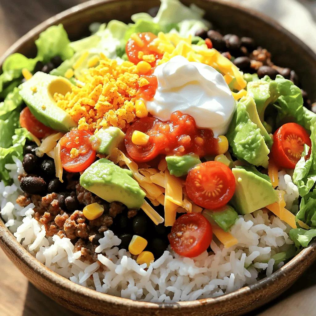 Here are the key ingredients for your Taco Rice Bowl with Doritos: - 1 cup white or brown rice - 1 pound ground beef or turkey - 1 tablespoon taco seasoning - 1 can (15 oz) black beans, drained and rinsed - 1 cup corn kernels (fresh or frozen) - 1 cup cherry tomatoes, halved - 1 avocado, diced - 1 cup shredded cheddar cheese - 1 cup lettuce, chopped - 1 cup Doritos, crushed (any flavor) - ½ cup sour cream or Greek yogurt - ¼ cup salsa - 2 tablespoons olive oil - Salt and pepper to taste You can swap out some ingredients if needed. For protein, use chicken or plant-based meat. For beans, pinto beans or chickpeas work well. You can also use quinoa instead of rice for a grain swap. If you want a dairy-free option, skip the cheese or use a dairy-free alternative. When choosing ingredients, look for bright colors and firm textures. Fresh tomatoes should be plump and shiny. Avocados should be slightly soft but not mushy. If you buy frozen corn, ensure it has no added sugar. For meat, choose lean cuts for a healthier option. Always check the expiration date on canned goods. Start by boiling water in a medium saucepan. Use the amount stated on the rice package. Add your rice, whether white or brown, to the boiling water. Reduce the heat and cover the pot. Let it simmer until tender. This usually takes about 15 to 20 minutes. When done, fluff the rice with a fork and keep it warm. In a large skillet, heat olive oil over medium heat. Add your choice of ground beef or turkey. Cook it for about 6 to 8 minutes. Stir it occasionally until the meat is fully browned. Once browned, drain any extra fat from the skillet. Stir in taco seasoning and ¼ cup of water. Let this simmer for 3 to 4 minutes. This helps the sauce thicken and coat the meat. Take four colorful bowls to make your meal fun. Start with a big scoop of the cooked rice in each bowl. Next, layer the seasoned meat evenly on top of the rice. Then, add the bean and corn mixture. Distribute it well across the bowls. Top with shredded lettuce and a sprinkle of cheddar cheese. Add a dollop of sour cream or Greek yogurt in the center of each bowl. Spoon some salsa over the top for extra flavor. Finally, crush some Doritos and sprinkle them on top. This adds crunch and fun to your dish. For the full recipe, check back to the beginning. Enjoy your tasty Taco Rice Bowl with Doritos! To boost the taste of your Taco Rice Bowl, start with fresh ingredients. Use ripe cherry tomatoes and perfectly ripe avocados. These bright flavors stand out. When cooking the meat, don’t skip the taco seasoning. It adds a great kick. If you want more heat, add diced jalapeños while cooking. You can also use lime juice for extra zest. A squeeze right before serving makes a big difference. Texture is key in this dish. For a crunch, the crushed Doritos are a must. But don’t stop there! Add fresh lettuce for a crisp bite. You can also include sliced radishes for a peppery crunch. Mixing the creamy sour cream with the crunchy toppings creates a fun contrast. Make sure your rice is fluffy. Overcooked rice can be mushy, so watch it carefully. Presentation makes your meal more inviting. Use colorful bowls to show off the layers. Arrange the rice, meat, and toppings in separate sections. This keeps the look vibrant and exciting. A sprinkle of fresh cilantro or a lime wedge adds a nice touch. It invites your guests to dig in. For extra flair, consider using a scoop of salsa on top. This adds color and flavor to your dish. These tips will make your Taco Rice Bowl with Doritos even more enjoyable. For the full recipe, check the earlier section! {{image_4}} For a tasty vegetarian version, swap ground meat for lentils or tofu. Cook lentils until soft, or sauté diced tofu until golden. Add taco seasoning for that classic flavor. Use the same fresh toppings like tomatoes and avocado for a colorful dish. This option offers great protein and fiber. You can easily change the protein in this dish. Try shredded chicken or pork for a new twist. Just cook the meat until tender and mix it with your favorite taco seasoning. For a plant-based option, use jackfruit or tempeh. Each option brings its own unique taste to the bowl. Mixing flavors keeps the meal exciting. Add chopped jalapeños for spice, or mix in diced bell peppers for sweetness. Try different types of cheese, like pepper jack or feta. You can even switch up the corn for roasted corn or black olives. Each combination lets your creativity shine. For more ideas, check out the Full Recipe for inspiration. To store leftovers, first let the Taco Rice Bowl cool down. Place it in an airtight container. You can keep it in the fridge for up to three days. Make sure to separate the crushed Doritos if you want them crunchy later. When you want to eat your leftovers, take them out. You can reheat in the microwave or on the stove. If using the microwave, place the bowl in for about 1-2 minutes. Stir halfway through to ensure even heating. For the stove, heat in a pan over medium heat until warm. You may want to add a splash of water to keep it moist. You can freeze the Taco Rice Bowl too! Pack it in a freezer-safe container. It stays good for about 2-3 months in the freezer. When you are ready to eat, let it thaw in the fridge overnight. Reheat it as mentioned earlier. Just remember to add fresh toppings like lettuce and tomatoes after reheating. For the full recipe, check out the detailed instructions. Yes, you can prepare the Taco Rice Bowl with Doritos ahead of time. Cook the rice and meat and store them separately. You can also make the bean mixture in advance. Keep everything in the fridge for up to two days. When ready to eat, just reheat the rice and meat. Assemble the bowls with fresh toppings right before serving. This will keep the toppings crunchy and fresh. Many toppings work well with Taco Rice Bowls. Here are some of my favorites: - Sliced jalapeños for heat - Fresh cilantro for a burst of flavor - Diced red onion for crunch - Chopped green onions for freshness - Sliced olives for a briny taste - Fresh lime wedges for zest Feel free to mix and match based on your taste. The more colorful, the better! Yes, this recipe can be gluten-free. Use gluten-free taco seasoning and ensure your Doritos are gluten-free. Most brands offer gluten-free options. Always check the labels to be sure. The rice, beans, and fresh veggies are naturally gluten-free. This makes it easy for everyone to enjoy a delicious meal! This article covered how to make a great Taco Rice Bowl. We looked at ingredients, step-by-step cooking, tips, and storage. Always use fresh ingredients for the best taste. You can make it vegetarian or choose different proteins. Try adding fun toppings like cheese and salsa for extra flavor. Remember, leftovers store well, so enjoy them later. Taco Rice Bowls are easy to customize, so have fun experimenting.