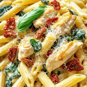 To make Marry Me Chicken Pasta, gather these simple ingredients: - 2 boneless, skinless chicken breasts, sliced into thin strips - 8 oz penne pasta - 1 tablespoon extra virgin olive oil - 3 cloves garlic, finely minced - 1 cup heavy cream - 1 cup sun-dried tomatoes, chopped into small pieces - 1 cup fresh baby spinach - 1 teaspoon dried oregano - Salt and black pepper, to taste - ½ cup grated Parmesan cheese - Fresh basil leaves, for garnish Not all ingredients are set in stone. You can swap some for what you have: - Use chicken thighs instead of breasts for more flavor. - Swap penne for another pasta like fusilli or farfalle. - If you lack heavy cream, try half-and-half or a non-dairy cream. - Fresh spinach can be replaced with kale or arugula. - Use feta or goat cheese in place of Parmesan for a twist. When choosing ingredients, focus on quality for the best taste: - Select fresh chicken breasts from a trusted source. - Look for pasta that is made with high-quality durum wheat. - Choose sun-dried tomatoes packed in oil for more flavor. - Use fresh spinach and herbs; they add brightness to the dish. - Select good quality olive oil. It enhances the dish's richness. For the full recipe, check out the details and bring this dish to life! Boil water in a large pot. Add salt to the water. Once it boils, add 8 ounces of penne pasta. Cook for 10-12 minutes until al dente. Drain the pasta in a colander. Save about ½ cup of the pasta water for later. Set the pasta aside while you cook the chicken. In a large skillet, heat 1 tablespoon of extra virgin olive oil over medium heat. Season 2 boneless, skinless chicken breasts with salt, black pepper, and 1 teaspoon of dried oregano. Once the oil is hot, add the chicken in a single layer. Cook for 5-7 minutes. Flip the chicken halfway through. Once it’s golden brown, remove it from the skillet. Cover it to keep warm. Using the same skillet, add 3 cloves of minced garlic. Sauté for about 30 seconds until fragrant. Be careful not to brown the garlic. Add 1 cup of chopped sun-dried tomatoes next. Let them cook for about a minute. Gradually pour in 1 cup of heavy cream while stirring. Bring the mixture to a gentle simmer. Let it cook for 2-3 minutes until it thickens slightly. Return the cooked chicken to the skillet. Add in the fresh baby spinach and the drained penne pasta. Toss everything gently. Make sure the pasta is well coated in the creamy sauce. If the sauce is too thick, add a splash of the reserved pasta water. Next, sprinkle in ½ cup of grated Parmesan cheese. Stir until the cheese melts into the sauce. Adjust seasoning with more salt and pepper if needed. Serve warm in deep bowls and garnish with fresh basil leaves. Enjoy this delightful dish! For the complete recipe, check the Full Recipe. To cook chicken perfectly, start with the right cut. I prefer boneless, skinless chicken breasts. Slice them into thin strips for quick cooking. This helps them cook evenly and stay juicy. Season the chicken well with salt, black pepper, and oregano. Heat olive oil in your skillet until it shimmers. Add the chicken in a single layer and let it sear. Cook for 5-7 minutes and flip halfway. Look for a golden-brown color. Remove the chicken when it’s fully cooked and keep it warm. The sauce in Marry Me chicken pasta should be creamy but not too thick. After adding the heavy cream, let it simmer for a few minutes. If it gets too thick, you can fix it easily. Add a splash of reserved pasta water to loosen it up. This water is starchy, so it helps the sauce stick to the pasta. Keep stirring until you reach your desired consistency. Remember, you want it to coat the pasta well. To boost flavor, consider adding fresh herbs. A bit of basil or thyme can elevate the dish. Sun-dried tomatoes add a tangy kick, while garlic gives depth. Don’t skip the Parmesan cheese; it brings richness. Taste the sauce before serving and adjust with more salt or pepper if needed. The balance of flavors is key to making this dish special. You can also explore adding a pinch of red pepper flakes for a touch of heat. {{image_4}} You can easily make a vegetarian version of Marry Me Chicken Pasta. Instead of chicken, use grilled zucchini or mushrooms. These veggies add a nice texture and flavor. For creaminess, use a plant-based cream or a mixture of cashews and water blended until smooth. This keeps the dish rich while being meat-free. For a gluten-free version, swap the penne pasta with gluten-free pasta. Many brands offer tasty gluten-free options made from rice or quinoa. Just be sure to check the cooking time, as it may differ from regular pasta. You can add more flavors and textures to your dish. Consider tossing in artichokes or bell peppers for extra color. A splash of lemon juice brightens the dish. You may also add fresh herbs like thyme or parsley for more depth. These extras can elevate your Marry Me Chicken Pasta and make it even more delightful. To store your Marry Me Chicken Pasta, let it cool first. Place it in an airtight container. This helps keep it fresh. You can keep it in the fridge for up to three days. Make sure to label the container with the date. This way, you’ll know when to eat it. When you’re ready to eat the leftovers, reheating is key. Use a skillet for even heating. Add a splash of cream or pasta water to keep it moist. Heat it over medium until hot. You can also microwave it in short bursts. Stir in between to avoid hot spots. If you want to keep it longer, freezing is an option. Store the pasta in a freezer-safe container. It can last for up to three months in the freezer. To reheat, let it thaw in the fridge overnight. Then, follow the reheating tips above for the best results. For the full recipe, check out the detailed instructions above. Marry Me Chicken Pasta is a rich and creamy dish. It features chicken, sun-dried tomatoes, and spinach. This meal gets its name from its delicious taste. Many say it's so good, it might lead to a proposal! The creamy sauce pairs well with the penne pasta. It’s a perfect dish for a romantic dinner or a cozy family night. Yes, you can use different types of pasta! While penne is great, you might try spaghetti or fettuccine. Bowtie pasta or rigatoni can also work well. Just keep the cooking time in mind. Different pasta shapes may need slight adjustments to cook perfectly. Choose what you love best! You can make Marry Me Chicken Pasta ahead of time! Cook the chicken and sauce in advance. Store them in the fridge for up to two days. When ready to eat, just cook the pasta and mix everything together. You can reheat the chicken and sauce in a pan. Add a splash of cream if needed to keep it creamy. Enjoy the great flavors without the fuss! For the complete recipe, check out the Full Recipe. In this blog post, we covered how to make Marry Me Chicken Pasta. First, we listed the key ingredients and shared great substitutions. Next, I walked you through step-by-step cooking methods. You learned tips to enhance flavor and perfected your chicken. I also shared variations for different diets and best practices for storage. Making this dish is fun and rewarding. It’s a meal you’ll love to share. Enjoy your cooking adventure!