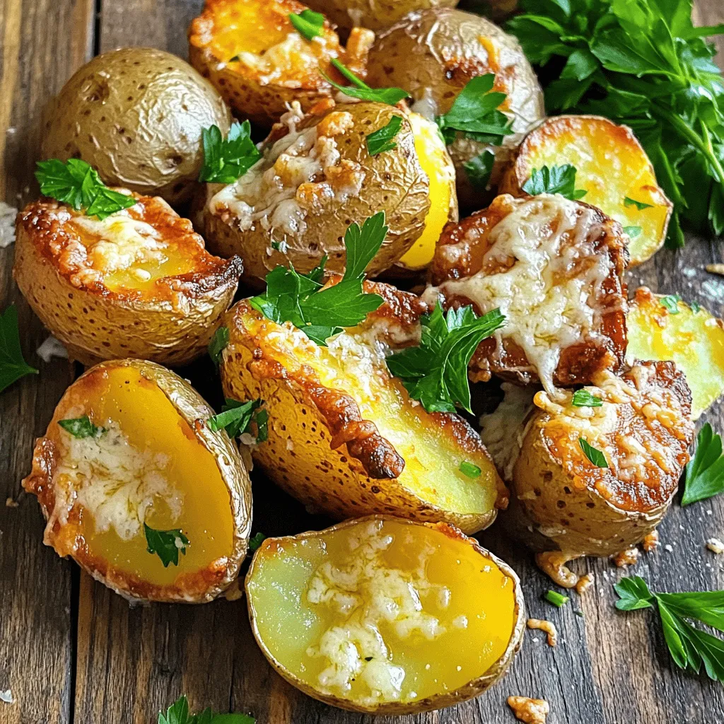 To make these Roasted Garlic Butter Parmesan Potatoes, you will need: - 2 pounds baby potatoes, halved - 6 cloves garlic, finely minced - 1/2 cup unsalted butter, fully melted - 1 cup freshly grated Parmesan cheese - 2 tablespoons fresh parsley, finely chopped - 1 teaspoon garlic powder - 1 teaspoon onion powder - Salt and freshly cracked black pepper, to taste These ingredients come together to create a rich, buttery flavor. The baby potatoes give a nice texture, while the garlic adds depth. You can enhance the flavors even more by using: - A pinch of smoked paprika for a hint of smokiness - Fresh herbs like rosemary or thyme for added aroma - A squeeze of lemon juice to brighten the dish - Extra cheese varieties like Gruyère or cheddar for a twist Feel free to mix and match your favorites! These options can elevate the dish and fit your taste. Each serving of Roasted Garlic Butter Parmesan Potatoes has: - Calories: Approximately 350 - Protein: 7 grams - Carbohydrates: 40 grams - Fat: 20 grams - Fiber: 3 grams This dish balances rich flavors with satisfying ingredients. It’s a great side for many meals! For the complete recipe, check out the Full Recipe link. Start by preheating your oven to 400°F (200°C). This heat will help the potatoes become nice and crispy. Line a large baking sheet with parchment paper. This way, your potatoes won't stick, and cleanup will be easy. In a big bowl, add your halved baby potatoes. Then, toss in the minced garlic, melted butter, garlic powder, onion powder, and a good pinch of salt and pepper. Mix everything gently. You want the potatoes to be well-coated in that tasty buttery goodness. Spread the coated potatoes on the lined baking sheet. Make sure the cut sides face down. This helps them brown nicely. Roast them in the oven for about 25-30 minutes. They should turn golden brown and be tender enough to poke with a fork. After roasting, take the baking sheet out of the oven. Sprinkle the grated Parmesan cheese over the hot potatoes. Place them back in the oven for another 5 minutes. You want the cheese to melt and get bubbly, turning a lovely golden color. Once done, drizzle any leftover garlic butter from the bowl over the potatoes. Finish with a sprinkle of fresh parsley for color. Serve these Roasted Garlic Butter Parmesan Potatoes hot. Enjoy every bite of this tasty dish! For the complete recipe, check out the [Full Recipe]. To get crispy and tasty roasted potatoes, start with small baby potatoes. Cut them in half to help them cook faster. Always coat them well in butter and seasonings. This way, they soak up all the flavors. Use parchment paper on your baking sheet. It helps with easy cleanup and prevents sticking. Make sure the potatoes are in a single layer. This lets them roast evenly. Don’t crowd the pan. If they are too close, they will steam instead of roast. You can swap baby potatoes for regular ones. Just cut them into smaller pieces. If you don’t have garlic cloves, use garlic powder instead. For a lighter option, use olive oil in place of butter. You can also try other cheeses, like cheddar or mozzarella, if you don’t have Parmesan. Fresh herbs like thyme or rosemary can add great flavor too. Don’t be afraid to mix and match! These roasted garlic butter Parmesan potatoes are great with meat or fish. Serve them with grilled chicken or steak for a complete meal. They also pair well with a fresh salad. Add a lemon vinaigrette to brighten the dish. For a cozy night in, enjoy them with a glass of wine. These potatoes make a perfect side for any gathering. Everyone will love their cheesy goodness. Check out the Full Recipe for more details! {{image_4}} You can add fresh herbs for extra flavor. Try using rosemary or thyme. Chop the herbs and mix them in the bowl with the potatoes. This adds a fresh taste that pairs well with garlic and cheese. You can also use dried herbs if fresh ones are not available. Just use about half the amount since dried herbs are stronger. If you like heat, add some spices. Mix in a teaspoon of red pepper flakes. You can also use cayenne pepper for more kick. This will give your potatoes a nice spicy twist. The heat balances well with the rich garlic butter and cheese. Just be careful not to add too much, or it might overpower the dish. You can easily make this dish vegan. Substitute the butter with olive oil or vegan butter. For the cheese, use a vegan Parmesan cheese or nutritional yeast. Both options will still give you a cheesy flavor. This way, everyone can enjoy these tasty roasted potatoes without missing out on flavor. You can find the full recipe for more details. To keep your leftover Roasted Garlic Butter Parmesan Potatoes fresh, let them cool down. Place them in an airtight container. Store them in the fridge for up to three days. This way, you can enjoy them later without losing flavor. When you're ready to eat your leftover potatoes, preheat your oven to 350°F (175°C). Spread the potatoes on a baking sheet. Heat them for about 10-15 minutes. This helps them regain their crispy edges. You can also reheat them in the microwave for a faster option. Just cover them to avoid drying out. If you want to store your potatoes for longer, freezing is a great option. First, let them cool completely. Then, place them in a freezer-safe bag. Remove as much air as possible before sealing. They can last up to three months in the freezer. When ready to eat, thaw in the fridge overnight, then reheat as mentioned. Enjoy your delicious garlic butter goodness anytime! Yes, you can use other potatoes. Try red, Yukon gold, or fingerling potatoes. They all roast well. Just make sure to cut them into similar sizes. This helps them cook evenly. To make these potatoes in an air fryer, follow these steps: - Preheat the air fryer to 400°F (200°C). - Toss the halved potatoes with the garlic, butter, and seasonings. - Place them in the air fryer basket in a single layer. - Cook them for 15-20 minutes, shaking the basket halfway. - After cooking, add the Parmesan and cook for 3-5 more minutes until melted. If you need a substitute for Parmesan, try Pecorino Romano or nutritional yeast. Both offer a similar flavor. Other options include Grana Padano or even a vegan cheese. Just keep in mind that the taste may change a bit. Yes, this dish is great for meal prep! You can make it ahead and store it in the fridge. Just reheat it in the oven or microwave. The flavors hold up well, making it a tasty option for lunch or dinner. For the full recipe, check out the earlier section. This blog post covered everything you need for perfect roasted potatoes. We explored the main ingredients, optional seasonings, and cooking steps. I shared tips for achieving that ideal crunch and variations to keep things interesting. You also learned how to store leftovers and adapt the recipe to suit your taste. In conclusion, mastering roasted potatoes can elevate any meal. Enjoy the process and have fun experimenting with flavors. You’ll surprise yourself with delicious results every time.