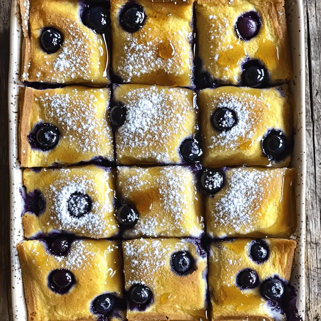 When making the Blueberry Buttermilk Pancake Casserole, you need fresh and simple ingredients. Here’s what you’ll need: - 2 cups all-purpose flour - 2 tablespoons granulated sugar - 2 teaspoons baking powder - 1 teaspoon baking soda - 1/2 teaspoon fine sea salt - 2 large eggs - 2 cups buttermilk (preferably at room temperature) - 1/4 cup unsalted butter, melted - 1 teaspoon pure vanilla extract - 2 cups fresh blueberries (or use frozen, but thaw and drain first) - Maple syrup, for drizzling - Powdered sugar, for optional dusting - Whipped cream, for optional topping Each ingredient plays a key role in your casserole. The flour gives it structure, while buttermilk adds moisture and flavor. Blueberries bring sweetness and a burst of color. I love using fresh blueberries, but frozen ones work well too. Just remember to thaw and drain them first. Using quality ingredients makes a big difference. I recommend using real vanilla extract for the best flavor. The melted butter adds richness, and sugar balances the tartness of the blueberries. Once you've gathered your ingredients, you're ready to create a delicious dish. For the full recipe, check the section above. - Preheat your oven to 350°F (175°C). Grease a 9x13 inch baking dish well. - In a large bowl, mix together the all-purpose flour, sugar, baking powder, baking soda, and salt. Whisk until blended. - In another bowl, crack the eggs and lightly beat them. Add the buttermilk, melted butter, and vanilla extract. Mix well until smooth. - Pour the wet mixture into the bowl with the dry mix. Stir gently until they come together. It’s okay if the batter is a bit lumpy. - Carefully fold in the blueberries. Be gentle to keep the berries intact. - Pour the pancake batter into the prepared baking dish. Spread it evenly with a spatula. - Place it in the oven and bake for 25-30 minutes. Check doneness with a toothpick; it should come out clean. - After baking, let it cool for 5-10 minutes before cutting into squares. This helps set the dish. Enjoy your Blueberry Buttermilk Pancake Casserole warm, topped with maple syrup or whipped cream from the full recipe! To achieve the best texture, you want to mix wet and dry ingredients gently. Overmixing can make your pancakes tough. When you combine the batters, keep some lumps. They help create fluffy pancakes. Best practices for mixing include using a large bowl. This gives you room to stir without making a mess. Always whisk the dry ingredients first. This helps mix the baking powder evenly. Avoid common mistakes like adding too many blueberries. They can make the batter soggy. Also, don't skip resting the batter before baking. This helps the pancakes rise better. Adding spices can boost flavor. A pinch of cinnamon or nutmeg works wonders. You can also add citrus zests for a fresh twist. Lemon or orange zest can brighten the dish. For alternative toppings, consider using fresh fruit or nut butter. You could also drizzle honey or chocolate sauce. Experiment with different syrups like maple or berry syrup to find your favorite. Presentation matters! Arrange squares on a wooden platter. Add a side of fresh blueberries for color. A small pitcher of maple syrup looks nice, too. Pair this dish with crispy bacon or sausage for a hearty breakfast. You can also serve it with yogurt for a balanced meal. Enjoy this delicious casserole with family or friends for a special treat! {{image_4}} If you want to make this dish gluten-free, use a gluten-free all-purpose flour blend. This swap keeps the texture light and fluffy. For a dairy-free option, choose almond milk or oat milk instead of buttermilk. You can add a splash of vinegar to mimic buttermilk's tang. Using seasonal fruits can add a fun twist. In the summer, try peaches or cherries. In the fall, use sliced apples or pumpkin puree. For festive twists, think about adding spices like cinnamon or nutmeg during the holidays. This makes the casserole cozy and flavorful. For low-sugar alternatives, you can use a sugar substitute like stevia or monk fruit. This keeps the sweetness without extra calories. If you want more protein, swap some of the all-purpose flour for almond flour or add a scoop of protein powder. These changes make the casserole healthier and still delicious. For the full recipe, click [here](#). After baking the blueberry buttermilk pancake casserole, let it cool. Cut it into squares. Store them in an airtight container. You can keep it in the fridge for up to three days. Just make sure it is well sealed to avoid drying out. If you want to save some for later, freezing works great. First, let the casserole cool completely. Cut it into squares and wrap each piece tightly in plastic wrap. Place the wrapped squares in a freezer bag or container. This way, they stay fresh for up to two months. To reheat, take a piece out and let it thaw in the fridge overnight. You can warm it in the oven at 350°F (175°C) for about 10-15 minutes. This keeps the texture nice and fluffy! If you prefer, you can also microwave it for quick heat. Enjoy your delicious treat anytime! Can I use frozen blueberries? Yes, you can use frozen blueberries. Just remember to thaw and drain them first. This keeps the batter from getting too watery. How do I make mini pancake casseroles? To make mini casseroles, use a muffin tin instead of a baking dish. Fill each cup halfway with batter and bake for about 15-20 minutes. This creates perfect single servings. Can I prepare the batter in advance? You can prepare the batter ahead of time. Store it in the fridge for up to 24 hours. Just give it a gentle stir before baking. What's the best way to serve this dish? Serve warm, drizzled with maple syrup. Add whipped cream or fresh fruit on the side for extra fun. It looks great and tastes even better! Can it be made the night before? Yes, you can make it the night before. Bake it, let it cool, and store it in the fridge. Reheat it in the morning for a quick breakfast. Why didn't my casserole rise? If your casserole didn't rise, check your baking powder and baking soda. They need to be fresh to help the batter rise well. What if my casserole is dry? If your casserole turns out dry, try reducing the bake time next time. Adding a bit more buttermilk can also help keep it moist. This blog post covers how to make a delicious blueberry pancake casserole. You learned the key ingredients and got easy steps for preparation. I shared tips for perfect texture and ways to enhance flavors. You also found options for dietary needs and storage tips. In closing, enjoy experimenting with this recipe. Make it your own and share it with friends. It’s a great dish for breakfast or brunch, and it will impress everyone. Remember to have fun in the kitchen and enjoy the process!