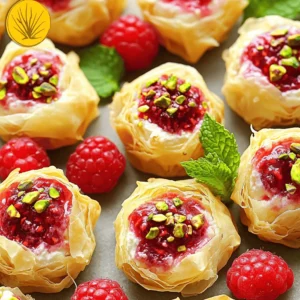 - 1 package (8 oz) cream cheese, softened - 1/4 cup powdered sugar - 1 teaspoon vanilla extract - 1/2 cup fresh raspberries, plus extra for garnish - 1 package (1 lb) phyllo pastry dough, thawed - 1/2 cup unsalted butter, melted These main ingredients create a rich and creamy filling. The cream cheese gives the bites a smooth texture. Powdered sugar adds the right sweetness. Vanilla extract enhances the flavor. Fresh raspberries bring a fruity burst in every bite. Phyllo pastry gives a delightful crunch when baked. - 1/4 cup chopped pistachios - Fresh mint leaves You can add chopped pistachios for a little crunch. Fresh mint leaves make the bites look pretty and add a fresh taste. These garnishes are not needed but they enhance the dish's appeal. - Mixing bowls - Electric mixer or whisk - Baking sheet You will need mixing bowls to combine the filling. An electric mixer or whisk helps blend the cream cheese and sugar well. A baking sheet is essential for baking the bites. This equipment makes the process smooth and fun. For the full recipe, check out the details provided in the beginning. To start, you need to prepare the filling. First, take your softened cream cheese and place it in a medium bowl. Add 1/4 cup of powdered sugar and 1 teaspoon of vanilla extract. Mix these ingredients together until they are smooth and creamy. This step is key for a delightful flavor. Next, gently fold in 1/2 cup of fresh raspberries. Be careful not to crush them. You want to keep their shape for that burst of flavor later. Now, it’s time to assemble your bites. Roll out the phyllo pastry dough on a clean surface. Cut it into squares, aiming for about 4x4 inches each. Take one square and brush it with melted butter. Layer another square on top, brushing it with butter again. Repeat this two more times, creating a stack of three layers. This will give your bites a nice flaky texture. In the center of each stack, place about one tablespoon of the raspberry cream cheese mixture. Make sure it’s well-centered for even baking. Next, you need to fold and seal the phyllo dough. Carefully bring the corners of the dough up over the filling. Pinch the edges firmly to seal each bite snugly. Arrange the bites on a baking sheet lined with parchment paper. This prevents sticking and makes cleanup easy. Brush the tops with more melted butter for a golden finish. Bake them in your preheated oven at 350°F for about 15-20 minutes, or until they are golden brown. The aroma will fill your kitchen! Once they are done, let them cool for a few minutes before serving. To make your pastry extra flaky, use a layering technique with phyllo dough. Start with a square of phyllo and brush it with melted butter. Then, add another square on top and brush it again. Repeat this step for three layers. This method creates a light and crispy texture when baked. Remember, the more layers you create, the flakier your bites will be. When making the filling, ensure it has the right consistency. It should be smooth but thick enough to hold its shape. Avoid over-mixing the raspberries, as they can break apart easily. Gently fold them into the cream cheese mixture with a spatula. This way, you keep those lovely, fresh bursts of flavor intact. Presentation matters when serving your Raspberry Cream Cheese Bites. Arrange them on a clean plate and sprinkle with chopped pistachios for a pop of color. Fresh mint leaves add a bright contrast. Pair these bites with a refreshing drink, like iced tea or sparkling water. The sweet and tart flavor of the bites blends well with light beverages. For the full recipe, check the detailed instructions above. {{image_4}} You can change the fruit for different flavors. Strawberries and blueberries work well. Just swap the raspberries for your favorite fruit. You can also add citrus zest for a fresh twist. A bit of lemon or lime zest brightens the taste. This small change makes a big difference. For a gluten-free option, use alternative pastry. Look for gluten-free phyllo dough in stores or online. You can also try making the filling vegan. Replace cream cheese with a plant-based alternative. Use maple syrup instead of powdered sugar for sweetness. These options make the bites inclusive for everyone. You can adjust the sugar levels based on your taste. If you like it less sweet, reduce the sugar in the filling. You can also use natural sweeteners like honey or agave. Each choice will change the flavor a bit, so experiment to find what you like best. This way, you create a treat that fits your sweet tooth. To keep your Raspberry Cream Cheese Bites fresh, store them in the fridge. Place them in an airtight container. This way, they stay moist and tasty. You can enjoy them for up to three days. If you want to save them for longer, freezing is a great option. Wrap each bite in plastic wrap. Then, place them in a freezer-safe bag or container. They can last in the freezer for about two months. Just remember to label the bag with the date. When it’s time to enjoy your leftovers, you want them warm but still crispy. The best way is to use an oven. Preheat your oven to 350°F (175°C). Place the bites on a baking sheet. Heat them for about 10-15 minutes. Check them often to avoid burning. You want them hot and golden brown. If you’re in a hurry, a microwave works too. Heat them for about 30 seconds. But be careful; they might get a bit soft. In the fridge, your Raspberry Cream Cheese Bites will stay good for around three days. After that, they might start to lose taste and texture. Look for signs of spoilage. If they smell strange or look wet, it’s best to throw them away. Always trust your senses. Keeping them in an airtight container helps extend their shelf life. Making Raspberry Cream Cheese Bites takes about 40 minutes in total. You will spend 20 minutes preparing the bites and about 15-20 minutes baking them. This recipe is quick and simple, perfect for busy days! Yes, you can make these bites ahead of time! Prepare the filling and assemble the bites. Then, store them in the fridge for up to 24 hours before baking. This makes it easy to have a tasty treat ready for guests or a special occasion. These bites pair well with many dishes and drinks. Consider serving them with: - A dollop of whipped cream - Fresh fruit salad - Hot tea or coffee - Sparkling water with lemon These options enhance the flavor of the bites and make for a delightful treat. Enjoy experimenting with different pairings! This blog post covered making delicious Raspberry Cream Cheese Bites. You learned about the key ingredients, like cream cheese and fresh raspberries, and the useful tools needed. Step-by-step instructions showed you how to prepare, assemble, and bake these treats. We explored tips for perfecting both the pastry and filling. Variations permitted you to adjust flavors and cater to dietary needs. Finally, we discussed how to store leftovers and reheat for the best texture. Enjoy experimenting with this easy recipe that adds a sweet touch to any gathering.