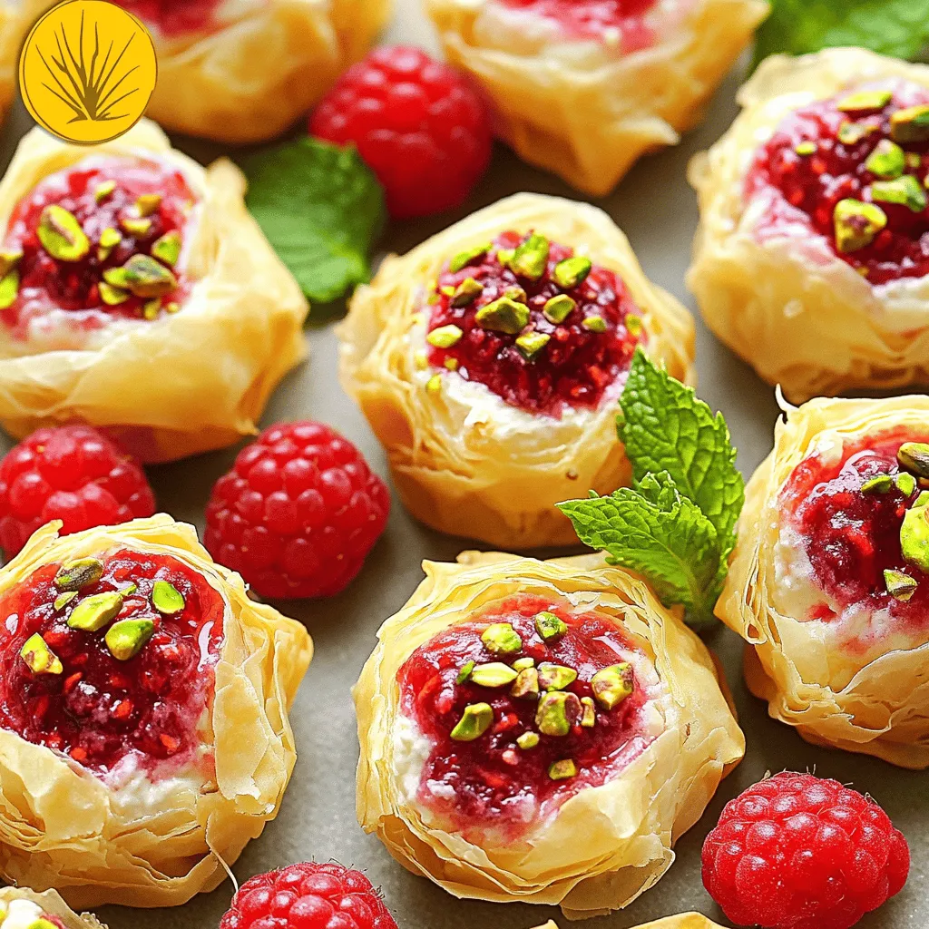 - 1 package (8 oz) cream cheese, softened - 1/4 cup powdered sugar - 1 teaspoon vanilla extract - 1/2 cup fresh raspberries, plus extra for garnish - 1 package (1 lb) phyllo pastry dough, thawed - 1/2 cup unsalted butter, melted These main ingredients create a rich and creamy filling. The cream cheese gives the bites a smooth texture. Powdered sugar adds the right sweetness. Vanilla extract enhances the flavor. Fresh raspberries bring a fruity burst in every bite. Phyllo pastry gives a delightful crunch when baked. - 1/4 cup chopped pistachios - Fresh mint leaves You can add chopped pistachios for a little crunch. Fresh mint leaves make the bites look pretty and add a fresh taste. These garnishes are not needed but they enhance the dish's appeal. - Mixing bowls - Electric mixer or whisk - Baking sheet You will need mixing bowls to combine the filling. An electric mixer or whisk helps blend the cream cheese and sugar well. A baking sheet is essential for baking the bites. This equipment makes the process smooth and fun. For the full recipe, check out the details provided in the beginning. To start, you need to prepare the filling. First, take your softened cream cheese and place it in a medium bowl. Add 1/4 cup of powdered sugar and 1 teaspoon of vanilla extract. Mix these ingredients together until they are smooth and creamy. This step is key for a delightful flavor. Next, gently fold in 1/2 cup of fresh raspberries. Be careful not to crush them. You want to keep their shape for that burst of flavor later. Now, it’s time to assemble your bites. Roll out the phyllo pastry dough on a clean surface. Cut it into squares, aiming for about 4x4 inches each. Take one square and brush it with melted butter. Layer another square on top, brushing it with butter again. Repeat this two more times, creating a stack of three layers. This will give your bites a nice flaky texture. In the center of each stack, place about one tablespoon of the raspberry cream cheese mixture. Make sure it’s well-centered for even baking. Next, you need to fold and seal the phyllo dough. Carefully bring the corners of the dough up over the filling. Pinch the edges firmly to seal each bite snugly. Arrange the bites on a baking sheet lined with parchment paper. This prevents sticking and makes cleanup easy. Brush the tops with more melted butter for a golden finish. Bake them in your preheated oven at 350°F for about 15-20 minutes, or until they are golden brown. The aroma will fill your kitchen! Once they are done, let them cool for a few minutes before serving. To make your pastry extra flaky, use a layering technique with phyllo dough. Start with a square of phyllo and brush it with melted butter. Then, add another square on top and brush it again. Repeat this step for three layers. This method creates a light and crispy texture when baked. Remember, the more layers you create, the flakier your bites will be. When making the filling, ensure it has the right consistency. It should be smooth but thick enough to hold its shape. Avoid over-mixing the raspberries, as they can break apart easily. Gently fold them into the cream cheese mixture with a spatula. This way, you keep those lovely, fresh bursts of flavor intact. Presentation matters when serving your Raspberry Cream Cheese Bites. Arrange them on a clean plate and sprinkle with chopped pistachios for a pop of color. Fresh mint leaves add a bright contrast. Pair these bites with a refreshing drink, like iced tea or sparkling water. The sweet and tart flavor of the bites blends well with light beverages. For the full recipe, check the detailed instructions above. {{image_4}} You can change the fruit for different flavors. Strawberries and blueberries work well. Just swap the raspberries for your favorite fruit. You can also add citrus zest for a fresh twist. A bit of lemon or lime zest brightens the taste. This small change makes a big difference. For a gluten-free option, use alternative pastry. Look for gluten-free phyllo dough in stores or online. You can also try making the filling vegan. Replace cream cheese with a plant-based alternative. Use maple syrup instead of powdered sugar for sweetness. These options make the bites inclusive for everyone. You can adjust the sugar levels based on your taste. If you like it less sweet, reduce the sugar in the filling. You can also use natural sweeteners like honey or agave. Each choice will change the flavor a bit, so experiment to find what you like best. This way, you create a treat that fits your sweet tooth. To keep your Raspberry Cream Cheese Bites fresh, store them in the fridge. Place them in an airtight container. This way, they stay moist and tasty. You can enjoy them for up to three days. If you want to save them for longer, freezing is a great option. Wrap each bite in plastic wrap. Then, place them in a freezer-safe bag or container. They can last in the freezer for about two months. Just remember to label the bag with the date. When it’s time to enjoy your leftovers, you want them warm but still crispy. The best way is to use an oven. Preheat your oven to 350°F (175°C). Place the bites on a baking sheet. Heat them for about 10-15 minutes. Check them often to avoid burning. You want them hot and golden brown. If you’re in a hurry, a microwave works too. Heat them for about 30 seconds. But be careful; they might get a bit soft. In the fridge, your Raspberry Cream Cheese Bites will stay good for around three days. After that, they might start to lose taste and texture. Look for signs of spoilage. If they smell strange or look wet, it’s best to throw them away. Always trust your senses. Keeping them in an airtight container helps extend their shelf life. Making Raspberry Cream Cheese Bites takes about 40 minutes in total. You will spend 20 minutes preparing the bites and about 15-20 minutes baking them. This recipe is quick and simple, perfect for busy days! Yes, you can make these bites ahead of time! Prepare the filling and assemble the bites. Then, store them in the fridge for up to 24 hours before baking. This makes it easy to have a tasty treat ready for guests or a special occasion. These bites pair well with many dishes and drinks. Consider serving them with: - A dollop of whipped cream - Fresh fruit salad - Hot tea or coffee - Sparkling water with lemon These options enhance the flavor of the bites and make for a delightful treat. Enjoy experimenting with different pairings! This blog post covered making delicious Raspberry Cream Cheese Bites. You learned about the key ingredients, like cream cheese and fresh raspberries, and the useful tools needed. Step-by-step instructions showed you how to prepare, assemble, and bake these treats. We explored tips for perfecting both the pastry and filling. Variations permitted you to adjust flavors and cater to dietary needs. Finally, we discussed how to store leftovers and reheat for the best texture. Enjoy experimenting with this easy recipe that adds a sweet touch to any gathering.