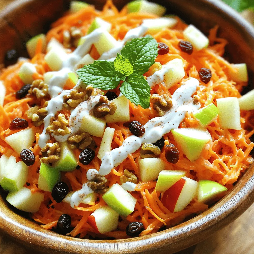 - 3 medium carrots, finely grated - 2 crisp and juicy apples, cored and diced - 1/2 cup raisins or dried cranberries - 1/4 cup chopped walnuts or pecans - 1/4 cup plain Greek yogurt - 2 tablespoons honey - 1 tablespoon fresh lemon juice - 1/2 teaspoon ground cinnamon - Salt and pepper to taste - Fresh mint leaves for garnish To make a tasty carrot apple salad, you need simple, fresh ingredients. Start with three medium carrots. Grate them finely to add texture. Next, choose two juicy apples. I love using Granny Smith or Honeycrisp apples for their sweetness and crunch. You will also need a half cup of raisins or dried cranberries. These add a nice touch of sweetness. For some crunch, add a quarter cup of chopped walnuts or pecans. Toasted nuts work great here. For creaminess, use a quarter cup of plain Greek yogurt. Two tablespoons of honey will sweeten the salad. A tablespoon of fresh lemon juice adds bright flavor. Use half a teaspoon of ground cinnamon for warmth. Finally, season with salt and pepper to taste. Don’t forget fresh mint leaves for garnish; they add color and a hint of freshness. - Calories per serving: About 150 calories. - Macronutrient breakdown: - Carbs: 25g - Protein: 3g - Fats: 4g Carrots and apples are not just tasty; they are good for you too. Carrots are high in vitamin A, which is great for your eyes. Apples provide fiber, which helps with digestion. This salad is a balanced mix of flavors and nutrients. You can enjoy it as a side dish or even a light meal. For the full recipe, check out the section above! 1. Start by taking a large mixing bowl. Add in the finely grated carrots and diced apples. Mix them well. 2. Next, toss in the raisins or dried cranberries. They add a sweet and chewy bite. 3. Then, add the chopped walnuts or pecans. This gives a nice crunch to the salad. 4. In a separate small bowl, prepare the yogurt dressing. Whisk together the Greek yogurt, honey, lemon juice, cinnamon, and a pinch of salt and pepper. Make sure it is smooth. 5. Drizzle this dressing over the carrot and apple mix. Toss gently to coat everything evenly. 6. Taste the salad. If needed, adjust with more salt, pepper, or honey based on your liking. 7. Cover the bowl with plastic wrap or a lid. Let it rest in the refrigerator for about 15 minutes. This allows the flavors to blend nicely. - Letting the salad sit for 15 minutes enhances the flavors. It allows the ingredients to soak up the dressing. - For a lovely presentation, serve the salad in clear glass bowls. This shows off the colorful layers. Top each bowl with a sprig of fresh mint for a pop of color. To make this salad even better, you can switch out the nuts. Try sunflower seeds or pumpkin seeds if you want a nut-free option. For dried fruits, apricots or figs work well too. They add a nice chew and sweetness. When it comes to sweetness, adjust the honey to your taste. If you love things sweet, add a bit more. You can also use maple syrup or agave nectar instead. For seasoning, taste as you go. A pinch of salt can really make the flavors pop. If you want a kick, add a bit of cayenne pepper. Making the salad ahead can save you time. Prepare the carrots and apples, but wait to mix in the yogurt dressing. This keeps the salad fresh and crunchy. You can store the veggies in a covered bowl in the fridge. To keep the salad fresh, cover it tightly. Use plastic wrap or a lid. If you do add the dressing early, it may get watery. Give it a good stir before serving. Enjoy your fresh and tasty carrot apple salad! {{image_4}} You can change up the nuts in this salad to add different flavors and textures. Try using sliced almonds for a crunchy bite. If you want a sweeter touch, go for candied pecans. Adding protein can make this salad a full meal. Grilled chicken adds heartiness, while cubed tofu makes it plant-based. Both options blend well with the fresh flavors. If you want a vegan version, replace Greek yogurt with a dairy-free option like cashew cream. Use maple syrup instead of honey for sweetness. This salad is naturally gluten-free. Just ensure any added ingredients, like nuts or dressings, are also gluten-free. This way, everyone can enjoy the bright and fresh flavors! To keep your carrot apple salad fresh, store it in an airtight container. This helps maintain its crunch and flavor. If you have leftovers, place the salad in the fridge right away. It will stay good for about 3 days. You might notice some moisture from the apples, but that's normal. Just give it a gentle stir before serving. You can freeze carrot apple salad, but I don’t recommend it. Freezing changes the texture of the apples and carrots. If you do freeze it, use a freezer-safe container. Keep it tightly sealed. When you're ready to eat, thaw it in the fridge overnight. The salad will not be as crisp, but it will still taste good. For best results, enjoy it fresh from the fridge or make it the day you plan to serve it. How long does the carrot apple salad last? The carrot apple salad stays fresh for about 3 days in the fridge. Store it in an airtight container. After a few days, the apples may brown and the salad may lose crunch. Can I use other types of apples in this recipe? Yes, you can use other apple types! Sweet apples like Fuji or tart apples like Granny Smith work well. Choose apples based on your taste. Is it safe to make this salad a day in advance? Yes, making the salad a day ahead is fine. Just add the dressing right before serving. This keeps the salad fresh and crunchy. What can I serve with carrot apple salad? This salad pairs well with grilled chicken, fish, or sandwiches. It adds a refreshing taste to any meal. You can also enjoy it on its own as a snack. Is this salad suitable for meal prep? Absolutely! This salad is great for meal prep. Just store it in portions. You can grab it easily for lunch or a snack during the week. For best results, add the dressing just before eating. For the full recipe, check out the Carrot Apple Crunch Salad 🥕. This blog post covered all you need to know about making a carrot apple salad. We discussed the fresh ingredients and their benefits, along with easy prep steps. You learned how to enhance flavors and store your salad for later. Remember, you can mix things up with different nuts or proteins. This salad is versatile and perfect for any meal. Enjoy creating this healthy dish that brings flavor and nutrition to your table. Your taste buds will thank you!