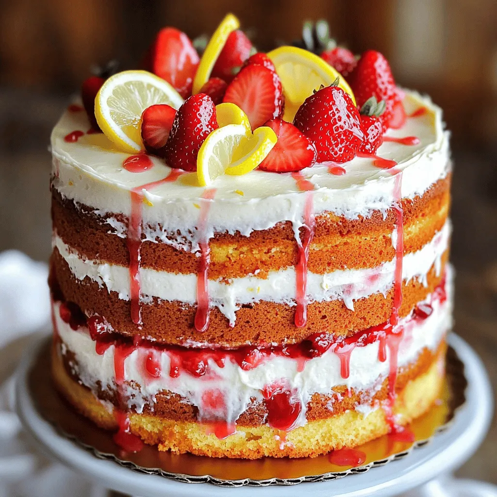 - 2 cups all-purpose flour - 2 teaspoons baking powder - ½ teaspoon baking soda - ½ teaspoon salt - ½ cup unsalted butter, softened - 1 ½ cups granulated sugar - 1 cup buttermilk - 3 large eggs - 1 teaspoon pure vanilla extract - Zest of 2 lemons - 1 cup fresh strawberries, pureed - ¼ cup fresh lemon juice - 1 cup unsalted butter, softened - 4 cups powdered sugar - ¼ cup heavy cream - 1 tablespoon fresh lemon juice - 1 teaspoon pure vanilla extract - Fresh strawberries and lemon slices for decoration The right mix of ingredients makes this cake shine. For the dry ingredients, use all-purpose flour, baking powder, baking soda, and salt. These help the cake rise and stay fluffy. For the wet ingredients, start with softened butter and sugar. Cream these well to add air. Then mix in buttermilk, eggs, vanilla, lemon zest, pureed strawberries, and lemon juice. This blend gives flavor and moisture. For the frosting, you need more butter, powdered sugar, heavy cream, lemon juice, and vanilla. This mix makes a sweet, smooth frosting. You can top the cake with fresh strawberries and lemon slices for a lovely finish. Check out the Full Recipe for more tips on perfecting your cake! - Preheat oven to 350°F (175°C) - Prep cake pans with butter and flour To start, I preheat my oven to 350°F (175°C). This step ensures the cakes bake evenly. While the oven heats, I grab three 8-inch round cake pans. I coat each pan with softened butter. Then, I sprinkle flour inside. This helps the cakes release easily later. - Combine dry ingredients, then set aside - Cream butter and sugar until fluffy - Add eggs one at a time, then vanilla and lemon zest - Alternate adding dry ingredients and buttermilk Next, I mix the dry ingredients. I whisk together the flour, baking powder, baking soda, and salt in a bowl. I set this mixture aside for later. In a larger bowl, I use an electric mixer to cream the softened butter and sugar. I beat them until light and fluffy. This usually takes about 3-4 minutes. After that, I add the eggs. I crack in one egg at a time, mixing well after each addition. Then, I stir in vanilla extract and lemon zest. This gives the batter a bright flavor. Now, I alternate adding the dry mixture and buttermilk. I start and end with the flour mixture. I mix until just combined, making sure not to overmix. - Fold in pureed strawberries and lemon juice - Divide batter into pans and bake for 25-30 minutes - Cool pans before transferring cakes to wire rack Now it’s time to add the fun part: flavor! I gently fold in the pureed strawberries and fresh lemon juice. This makes the cake taste fresh and fruity. I divide the batter evenly among the three pans. Then, I bake them for 25-30 minutes. I check for doneness using a toothpick. If it comes out clean, the cakes are ready. Once baked, I let the cakes cool in their pans for about 10 minutes. After that, I carefully turn them out onto a wire rack. This cooling step is important. It prevents sogginess and helps the cakes stay fluffy. To make a light and fluffy cake, avoid overmixing the batter. Mix just until combined. This keeps your cake from becoming dense. Also, use room temperature ingredients. This helps them blend better, creating a smooth batter. When making the frosting, gradually add powdered sugar. This will help you avoid lumps. Start slow and mix well after each addition. Make sure your cakes are completely cool before frosting. This prevents the frosting from melting and sliding off. Fresh fruit makes a great decoration. Use strawberries and lemon slices to add color and taste. For an extra burst of flavor, drizzle any remaining puree on top. This adds a beautiful finish and enhances the flavor, making your cake even more delightful. For details on how to make this cake, check the Full Recipe. {{image_4}} You can add a fun twist to this cake. Try substituting raspberries for a berry twist. Raspberries give a sweet and tart taste that pairs well with lemon. You could also experiment with lime or orange zest. This change gives a new flavor profile, perfect for citrus lovers. If you need a gluten-free option, use gluten-free flour. It works well and still delivers great texture. For a healthier choice, replace granulated sugar with agave. This swap keeps your cake sweet without refined sugar. Want to change the look? You can create a two-layer cake instead of three. This makes it easier to assemble and still looks stunning. Another idea is to add a filling between layers like lemon curd. This extra layer adds flavor and a creamy texture that everyone will love. For the complete recipe and steps, check out the Full Recipe. You can store your Strawberry Lemonade Layer Cake in the fridge. Cover it well to keep it fresh. It will last up to 5 days. Enjoy it chilled for a refreshing treat. If you want to save some cake, freeze individual slices. Wrap each slice in plastic wrap tightly. You can keep them in the freezer for up to 2 months. To defrost, take a slice out and let it sit at room temperature for about 30 minutes. This keeps the taste as fresh as possible. This cake pairs nicely with a cold drink. Try it with lemonade or iced tea for a perfect match. It is also great for celebrations. Birthdays and summer gatherings are ideal times to serve it. The bright flavors make any occasion feel special. If you're looking for the full recipe, check out the details to create this delightful dessert. Yes, you can bake and freeze in advance, frosting just before serving. This method works well if you want to save time on the day of your event. Just let the cake layers cool completely before wrapping them in plastic wrap. The cake will stay fresh and tasty. Use a toothpick; it should come out clean when the cake is fully baked. Insert it into the center of the cake. If it comes out with wet batter, bake a few minutes longer. Keep an eye on the time, but also trust your toothpick! Fresh fruit garnishes and a drizzle of puree create a beautiful presentation. I love adding slices of lemon and whole strawberries on top. This adds color and makes the cake look inviting. You can even drizzle some strawberry puree over the top for extra flair. Fresh is preferred for better flavor, but thawed frozen strawberries can work in a pinch. If you use frozen strawberries, make sure to drain off extra liquid. This helps keep your batter from being too wet. Making a Strawberry Lemonade Layer Cake is a fun and tasty project. You learned about the essential ingredients, step-by-step instructions, and helpful tips. Don't forget to try variations in flavors, adjust for dietary needs, and store it properly. This cake shines at any gathering and offers a refreshing twist. Whether you are a baking pro or just starting, this cake can impress anyone. Enjoy your baking journey and share this delightful treat with friends and family!
