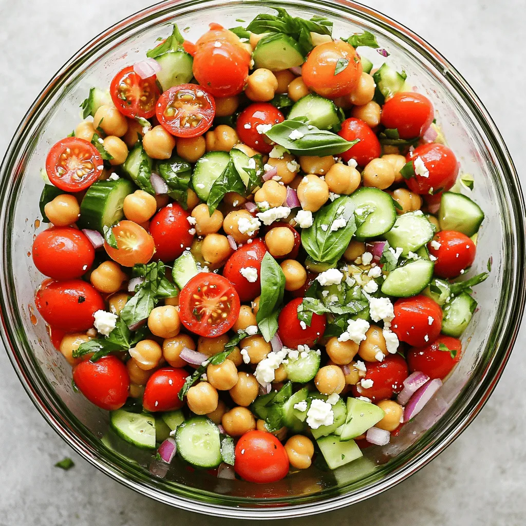 - 1 can (15 oz) chickpeas, rinsed and drained - 1 cup cherry tomatoes, halved - 1/2 cup cucumber, diced - 1/4 red onion, thinly sliced - 1/2 cup fresh basil, chopped - 1/4 cup feta cheese, crumbled - 2 tablespoons extra-virgin olive oil - 1 tablespoon balsamic vinegar - 1 teaspoon garlic powder - Salt and pepper to taste In this High Protein Chickpea, Basil & Tomato Salad, the main ingredients shine. Chickpeas are the star. They pack a punch with protein and fiber. Rinsing and draining them removes excess salt. Cherry tomatoes add sweetness and juiciness. The diced cucumber brings a nice crunch. Thinly sliced red onion adds a hint of sweetness. Fresh basil provides a burst of flavor that is hard to beat. Crumbled feta cheese gives it a creamy touch. For the dressing, I use simple ingredients. Extra-virgin olive oil adds richness. Balsamic vinegar offers a tangy kick. Garlic powder adds depth. Salt and pepper bring all the flavors together. Combine everything for a salad that is refreshing and satisfying. If you're ready to make this salad, check out the Full Recipe for all the details! - Combine chickpeas, tomatoes, cucumber, and red onion in a bowl. - Mix gently to ensure even flavor throughout. Start with a large mixing bowl. You want enough space to move the ingredients around. Add the rinsed chickpeas first. They give the salad its high protein punch. Next, toss in the halved cherry tomatoes. Their sweetness brightens the dish. Now, add diced cucumber. It adds crunch and freshness. Finally, include the thinly sliced red onion. This adds a nice sweetness. Stir gently so everything mixes well. - Incorporate basil and feta for freshness. - Stir gently to avoid breaking the feta. Next, add fresh basil leaves. Their aroma is simply wonderful. Chop them coarsely and mix them in. Then, add the crumbled feta cheese. It adds a creamy texture to the salad. Stir carefully so the feta stays intact. This helps keep the salad looking pretty. - Whisk together olive oil, balsamic vinegar, garlic powder, salt, and pepper. - Achieve a smooth, emulsified dressing. For the dressing, grab a small bowl. Combine olive oil and balsamic vinegar. This mix adds richness and tang. Then, add garlic powder, salt, and pepper. Whisk until the dressing is smooth. This step is key for a well-blended flavor. - Drizzle dressing over salad. - Toss gently to coat all ingredients evenly. Now, drizzle your dressing over the salad base. This helps enhance all the flavors. Toss the salad gently to coat everything well. You want each bite to be full of flavor. - Allow salad to sit for 10 minutes before serving. - Helps flavors meld together. Let the salad rest for about 10 minutes. This time allows the flavors to blend beautifully. The waiting is worth it for a tastier dish. Enjoy your high protein chickpea, basil, and tomato salad delight! For the full recipe, check the sections above. - Best served chilled for refreshing flavor - Use a clear glass bowl for visual appeal Serving this salad chilled makes it taste crisp and fresh. The vibrant colors of the ingredients shine when you use a clear glass bowl. This adds to the presentation, making it more inviting. It’s a great choice for summer picnics or light lunches. - Marinate salad overnight for deeper flavors - Experiment with herbs like parsley or mint Marinating this salad overnight helps the flavors blend together. It allows the chickpeas to soak up the dressing, creating a tasty bite. You can add other herbs like parsley or mint to change the taste. This gives your salad a twist and keeps it exciting. - High in protein and fiber from chickpeas - Fresh vegetables provide essential vitamins Chickpeas are a great source of protein and fiber. They help keep you full and satisfied. The fresh vegetables offer vitamins that are good for your health. Eating this salad supports energy and overall wellness. Enjoying this dish is not only delicious but also nourishing. {{image_4}} You can add grilled chicken or shrimp for extra protein. This boosts the meal and makes it more filling. Tossing in quinoa is another great option. Quinoa adds texture and keeps the salad hearty. If you're vegan, you can omit feta cheese or replace it with nutritional yeast. Nutritional yeast adds a cheesy flavor without dairy. For the dressing, use maple syrup instead of honey. This keeps the recipe sweet and vegan-friendly. Mix in seasonal vegetables like bell peppers or corn. These add color and crunch to your salad. You can also top with avocado for added creaminess. Avocado brings a rich texture that pairs well with the other flavors. For more details, check out the Full Recipe! Store your leftover salad in an airtight container in the fridge. This keeps it fresh and tasty. It’s best to eat it within 2-3 days. After this time, the flavors may change, and the veggies might lose their crunch. I don’t recommend freezing this salad. Freezing can change the texture of the chickpeas and tomatoes. When you want a fresh salad, make it as needed for the best taste and quality. You can enjoy this salad cold. If you prefer it at room temperature, let it sit out for about 15 minutes. Avoid microwaving it, as this will make the veggies soggy and change the taste. Enjoy each bite fresh! Chickpeas are a powerhouse of nutrition. They are high in protein and fiber, making them great for muscle and digestion. They are low in fat, which helps you stay healthy. A serving can keep you full and satisfied. Plus, they provide vitamins and minerals that are key for your body. Yes, you can make this salad a few hours ahead. Doing this allows the flavors to blend well. Just cover it and store it in the fridge. Enjoying it later gives you a tasty meal ready to go. If you don’t have feta cheese, don't worry! You can try avocado for creaminess. Nutritional yeast adds a cheesy flavor without dairy. Vegan feta also works well for a plant-based option. Each choice adds a unique taste to your salad. To make this salad more filling, add grains like quinoa or bulgur. These grains boost the protein and fiber even more. They make the salad heartier and perfect for a main meal. Absolutely! This salad is perfect for meal prep. It keeps well in the fridge for a few days. You can pack it in portions for easy lunches or dinners. Just remember to store it in a tight container to keep it fresh. For the full recipe, check out the [Full Recipe]. This salad combines tasty ingredients for a healthy meal. You learned how to mix chickpeas, fresh veggies, and a simple dressing. Remember to let it rest for better flavor! Consider adding proteins or trying seasonal veggies for more variety. Enjoy your salad cold, and store leftovers properly to keep them fresh. With these tips, you can create delicious meals that are good for you and easy to prepare. Happy cooking!