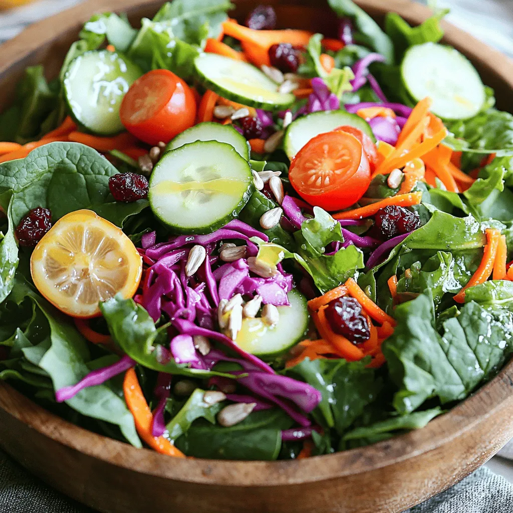 - 2 cups mixed greens - 1 cup red cabbage, finely shredded - 1 cup carrots, julienned - 1 cup cucumber, sliced - 1 red bell pepper, diced - 1/2 cup radishes, thinly sliced - 1/2 cup cherry tomatoes, halved - 1/4 cup sunflower seeds, toasted - 1/4 cup dried cranberries - 2 tablespoons fresh lemon juice - 2 tablespoons extra virgin olive oil - 1 teaspoon maple syrup - Salt and pepper, to taste This Crunchy Detox Salad is packed with fresh flavors and great health benefits. - Mixed greens provide fiber and vitamins A, C, and K. They help support your immune system. - Red cabbage adds a vibrant color and is rich in antioxidants. It promotes heart health. - Carrots are full of beta-carotene, which is great for your vision. - Cucumber keeps you hydrated and adds a refreshing crunch. - Red bell pepper is high in vitamin C, which boosts collagen and skin health. - Radishes offer a peppery taste and help improve digestion. - Cherry tomatoes provide sweetness and are low in calories. They are packed with nutrients. - Sunflower seeds add healthy fats and protein, which keep you full. - Dried cranberries bring a tart sweetness and antioxidants, great for your skin. - Lemon juice adds zing and aids in detoxifying your body. - Extra virgin olive oil provides healthy fat and helps absorb vitamins. - Maple syrup balances the dressing with natural sweetness. - Salt and pepper enhance the flavors of all the ingredients. For the full recipe, check out the steps to create this delicious dish! To make the Crunchy Detox Salad, follow these simple steps. 1. Assemble the Salad: Start with a large mixing bowl. Add the mixed greens, followed by the red cabbage, carrots, cucumber, red bell pepper, and radishes. Gently toss these ingredients together. This keeps them crunchy and fresh. 2. Add the Cherry Tomatoes and Seeds: Carefully fold in the halved cherry tomatoes and sunflower seeds. Make sure the tomatoes stay whole and the seeds spread evenly throughout the salad. 3. Make the Dressing: In a smaller bowl, combine fresh lemon juice, olive oil, maple syrup, salt, and pepper. Whisk these together until smooth. This dressing will brighten the flavors of the salad. 4. Combine the Salad and Dressing: Drizzle the dressing over the salad. Toss gently to coat all the veggies without crushing them. 5. Final Touches: Sprinkle the dried cranberries on top. Give the salad one last gentle toss. This ensures the cranberries are mixed throughout, adding a sweet touch. 6. Serve or Chill: Serve the salad right away for the best crunch. If you want, let it chill in the fridge for up to 30 minutes. This helps the flavors blend nicely. For full recipe details, you can refer to the complete Crunchy Detox Salad recipe. Enjoy this fresh and healthy delight! Washing veggies well is key to a fresh salad. Start by filling a bowl with cold water. Submerge the greens and other veggies. Swish them around gently. This loosens dirt and grit. After soaking, rinse under cold running water. Dry them with a clean towel or salad spinner. Chopping veggies correctly keeps them crunchy. Use a sharp knife for clean cuts. For leafy greens, stack a few leaves and roll them up. Slice thinly for perfect ribbons. For carrots, use a julienne peeler for matchstick shapes. The more uniform the cuts, the better they mix. To ensure freshness, choose crisp vegetables. Look for vibrant colors and firm textures. Avoid wilted or soft greens. When mixing the salad, use a gentle hand. Toss lightly to keep the veggies whole. Dressing is vital for flavor. To mix it well, whisk the lemon juice, olive oil, and maple syrup in a small bowl. This creates a smooth blend. Pour over the salad just before serving. Toss gently to coat all veggies evenly. This helps keep them from getting soggy. For more tips, check the Full Recipe. {{image_4}} You can make this salad fit your needs! Want it dairy-free? Just skip the cheese, or use a nut-based option. For gluten-free, ensure your dressing has no gluten products. If you prefer vegan, you can use maple syrup instead of honey in the dressing. Seasonal ingredients can add fun twists. In summer, swap in juicy peaches or ripe tomatoes. In fall, consider roasted butternut squash for a warm flavor. You can even mix in spiced nuts for a crunchy treat! To boost nutrition, add protein or healthy fats. Chickpeas, grilled chicken, or tofu make great additions. You can also toss in avocado slices or nuts like walnuts or almonds. These choices add creaminess and help keep you full longer. Try these variations to keep your Crunchy Detox Salad exciting and fresh! For complete details on making this salad, check out the Full Recipe. Storing your Crunchy Detox Salad correctly helps keep it fresh. Here are some best practices: - Use an airtight container: This prevents air from wilting the greens. - Layer wisely: Place heavier ingredients, like cucumbers and carrots, at the bottom. Keep delicate greens on top. - Keep dressing separate: This helps maintain the crunch. Add it just before serving. For keeping in the fridge, I recommend up to three days. Beyond that, the salad may lose its crispness and flavor. If you want to prepare salad in advance, consider these tips: - Chop veggies ahead: Store them in the fridge in separate containers for up to a week. - Mix in stages: Combine the chopped veggies a day before, but add the dressing right before eating. - Use a vacuum sealer: It extends freshness, especially for greens. For the full recipe, check out the details I provided earlier! Enjoy your fresh and crunchy salad! Can I make this salad ahead of time? Yes, you can! Prepare the salad a few hours in advance. Just keep the dressing separate. This helps maintain the crunchiness of the veggies. Mix them just before serving for the best taste and texture. What can I substitute for sunflower seeds? If you need a swap, try pumpkin seeds or chopped nuts like almonds. These options add crunch and flavor. You can also skip seeds altogether if you prefer a lighter salad. How can I increase the nutritional content of the salad? Add cooked quinoa or chickpeas for protein. You can also toss in some avocado for healthy fats. Fresh herbs like parsley or cilantro can boost flavor and nutrition too. Is the salad suitable for a detox diet? Absolutely! This salad is full of fresh veggies and healthy fats. It is low in calories and high in nutrients. It helps cleanse your body while tasting great. Enjoy this Crunchy Detox Salad for a healthy meal! We covered how to make a Crunchy Detox Salad with fresh, healthy ingredients. You learned the right amounts for each ingredient and their health perks. The step-by-step guide helps you make a tasty salad while keeping it crunchy. I shared tips for washing, chopping, and storing your salad to keep it fresh. You can also customize the salad to fit your diet. Remember, this salad isn't just food; it’s a fun and healthy choice. Enjoy creating your version!