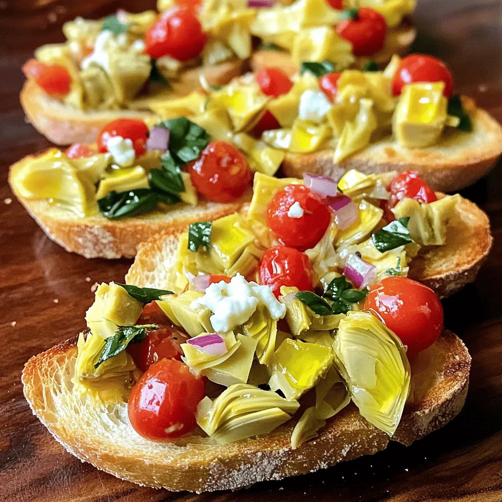 The right ingredients make your Artichoke Bruschetta shine. Here’s what you need: - 1 can (14 oz) artichoke hearts, drained and chopped - 1 cup cherry tomatoes, diced - 1/4 cup red onion, finely chopped - 1/4 cup fresh basil leaves, chopped - 2 tablespoons freshly squeezed lemon juice - 2 tablespoons extra virgin olive oil - 1 teaspoon garlic powder - Salt and black pepper to taste - 1 French baguette, sliced diagonally - 1/2 cup goat cheese, crumbled (optional) Each ingredient brings flavor to the dish. Artichoke hearts give a tender bite. Cherry tomatoes add sweetness and color. Red onion offers a nice crunch. Fresh basil creates a fragrant layer. Lemon juice brightens the mix. Olive oil adds richness. Garlic powder gives warmth. Salt and black pepper enhance all the flavors. Choosing fresh ingredients matters. If you can, use ripe tomatoes. They will burst with flavor. For the best taste, select good-quality olive oil. It makes a big difference. You can find the full recipe to see how to bring these ingredients together. First, you need to preheat your oven to 400°F (200°C). This heat will crisp your bread just right. Next, grab a large bowl. Combine these ingredients: - 1 can (14 oz) artichoke hearts, drained and chopped - 1 cup cherry tomatoes, diced - 1/4 cup red onion, finely chopped - 1/4 cup fresh basil leaves, chopped - 2 tablespoons freshly squeezed lemon juice - 2 tablespoons extra virgin olive oil - 1 teaspoon garlic powder - Salt and black pepper to taste Mix gently. Make sure everything is combined well. This step is key for great flavor. Now, slice your French baguette diagonally into 1/2 inch thick slices. Lay them on a baking sheet. Optionally, brush each slice with olive oil. This adds flavor. Place the baking sheet in your preheated oven. Toast for about 5-7 minutes until golden brown. Once your baguette slices are toasted, remove them from the oven. Allow them to cool for a couple of minutes. Then, generously spoon your artichoke mixture onto each slice. Pile it high for a delicious bite. If you like, add crumbled goat cheese on top of each bruschetta for creaminess. Serve these tasty bites right away. Enjoy the warm, crisp bread with the fresh topping. This dish is perfect for sharing and impressing guests. For the full recipe, check the details provided earlier. When making artichoke bruschetta, start with your artichokes. Fresh artichokes are great but can be hard to prepare. Canned artichokes work well too. They save time and still taste good. Look for high-quality canned artichokes for the best flavor. Next, choose ripe cherry tomatoes. They should be bright and firm. If they feel soft or look dull, skip them. Fresh tomatoes add a nice touch to your bruschetta. When you mix them with artichokes, the flavors shine. To get the perfect toast, preheat your oven to 400°F (200°C). This heat makes the bread crisp and golden. Slice your French baguette into half-inch thick pieces. Lay them on a baking sheet, making sure they don’t touch. Brush each slice lightly with olive oil. This step helps avoid burnt bread. Toast the slices for about 5-7 minutes. Keep an eye on them. You want them golden, not dark brown. If they burn, they won't taste good. To make your bruschetta pop, think about extra spices or herbs. Fresh herbs like parsley or oregano can add great flavor. You can also try adding a pinch of red pepper flakes for a bit of heat. Serve your bruschetta warm. Cold bruschetta can lose its charm. The warmth brings out the flavors. When you serve them hot, everyone will want more. For the full recipe, check out the details above. {{image_4}} You can easily make artichoke bruschetta vegetarian. Try adding roasted vegetables like zucchini or bell peppers. Roasting enhances their flavors and brings a sweet, smoky taste. Another great option is to include avocado. It adds creaminess and a rich texture that balances the dish. For a heartier bruschetta, consider adding protein. Chopped grilled chicken works well and adds a savory flavor. You can also top your bruschetta with shrimp or other seafood. This twist makes it a filling appetizer or a light meal. To elevate your bruschetta, experiment with different cheeses. Feta or mozzarella can add a nice touch. If you enjoy heat, try adding spicy elements. A dash of crushed red pepper or jalapeños can give your dish a kick. These variations allow you to customize your artichoke bruschetta to fit any taste. Enjoy exploring these options and find your favorite! For the complete recipe, check out the Full Recipe. To keep your bruschetta fresh, store it properly. Place the leftover mixture in an airtight container. This prevents air from making it soggy. Use a glass or plastic container with a tight lid. Make sure to separate the baguette slices. Store them in a different container. This way, they stay crisp for your next meal. To reheat your bruschetta, use the oven. Preheat it to 350°F (175°C). Place the bread on a baking sheet. Heat it for about 5 to 7 minutes. This keeps the bread from getting soft. You want it warm and crisp again. Avoid using the microwave, as it can make the bread chewy. You can freeze the artichoke mixture. Place it in a freezer-safe bag. Make sure to remove as much air as possible. Label it with the date. To serve later, thaw it overnight in the fridge. When ready, reheat it in the oven. Serve on fresh toasted baguette slices for a tasty treat. To make vegan artichoke bruschetta, skip the goat cheese. Use the same ingredients, but add more herbs for flavor. A sprinkle of nutritional yeast can give a cheesy taste. This keeps the dish plant-based and still tasty. Yes, you can prep the artichoke mixture ahead of time. Mix everything but the bread and store it in the fridge. Toast the bread just before you serve. This keeps it crisp and fresh. Artichoke bruschetta pairs well with a fresh salad. A light spinach or arugula salad adds a nice touch. You can also serve it with a selection of olives or a charcuterie board for variety. If your bruschetta turns soggy, use less topping. You can also toast the bread longer for more crunch. Try using a thicker slice of bread to hold the topping better. Bruschetta comes from Italy, where it started as a way to enjoy fresh bread. The term means "to toast" in Italian. People originally topped it with garlic and olive oil. Over time, many toppings, like the artichoke mixture, became popular. Artichoke bruschetta is easy to make and delicious. We covered the key ingredients, step-by-step instructions, and helpful tips. You can also explore fun variations to suit your taste. Whether you enjoy it fresh or saved for later, proper storage is key. In the end, this dish is a crowd-pleaser for any occasion. Dive into your kitchen and get creative! Enjoy every bite of your homemade bruschetta.