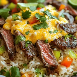 - 1 lb flank steak, thinly sliced - 1 cup long-grain white rice - 2 cups chicken broth - 1 cup queso cheese (store-bought or homemade) - 1 bell pepper, diced - 1 small onion, finely chopped - 2 cloves garlic, minced - 1 tablespoon olive oil - 1 teaspoon ground cumin - 1 teaspoon smoked paprika - Salt and freshly ground black pepper to taste - Fresh cilantro, chopped - Lime wedges To make Steak & Queso Rice, you need a mix of fresh ingredients and bold flavors. The flank steak is the star here. It brings a rich, juicy taste that pairs perfectly with the creamy queso. This dish is also quick and simple to prepare. For the rice, I use long-grain white rice. It cooks fluffy and absorbs all the flavors from the chicken broth. This adds depth to the dish. Chicken broth makes a big difference in taste. You can also use homemade broth if you have it. The veggies are just as important. I like to use a bell pepper. It adds a sweet crunch. Onions bring a mild flavor, and garlic gives a nice kick. These sauté together to create a warm, inviting base. Don’t forget the spices. Ground cumin and smoked paprika boost the flavor. They add warmth and depth. Salt and pepper help bring all the tastes together. For garnishing, fresh cilantro brightens the dish. Lime wedges add a zesty finish. You can squeeze lime juice right before you eat. It really wakes up the flavors! This savory mix of ingredients creates a fantastic dinner. You can find the full recipe above to guide you through each step. Enjoy the process and the delicious results! - Combine rice with chicken broth. - Bring to a boil and lower heat. - Cover and simmer for 15 minutes. - Fluff the rice with a fork and set aside. Cooking rice properly is key. Using chicken broth adds a rich flavor. It brings depth to the dish. Ensure you fluff the rice. This keeps it light and prevents clumping. - Season flank steak with spices. - Heat olive oil in a skillet. - Sear the steak until browned, about 3-4 minutes. Searing the steak is important for flavor. The spices add a nice kick. Use a hot skillet to get a good sear. Don’t overcrowd the pan; cook in batches if needed. This keeps the steak juicy and tender. - Add onions, bell peppers, and garlic to the skillet. - Sauté until softened and aromatic. Sautéing the veggies enhances their flavors. The aroma alone will make your mouth water. Stir occasionally to avoid burning. This step adds color and texture to your dish. - Return cooked steak to the skillet. - Fold in cooked rice evenly. Mixing everything together is where the magic happens. Make sure to combine well. Each bite should have steak, rice, and veggies. This ensures a well-balanced dish. - Pour queso over the steak and rice mixture. - Stir until melted and creamy. The queso brings everything together. It adds creaminess and a cheesy goodness. Stir gently to coat all the ingredients. This step elevates the dish to a new level. - Garnish with cilantro. - Serve with lime wedges. Garnishing with cilantro adds freshness. Lime wedges offer a zesty kick. This brightens the flavors and makes it fun. Enjoy your Steak & Queso Rice as a satisfying meal. To cook steak just right, follow these timings based on how you like it: - Rare: 2-3 minutes per side - Medium Rare: 3-4 minutes per side - Medium: 4-5 minutes per side - Medium Well: 5-6 minutes per side - Well Done: 6-7 minutes per side Let the steak rest for 5-10 minutes after cooking. This keeps the juices in. If you slice right away, the juices run out. Seasoning can change your dish. Here are some ideas: - Add chili powder for heat. - Use fresh herbs like thyme or oregano for freshness. - Try a splash of lime juice for brightness. For toppings, consider: - Avocado slices for creaminess. - Sour cream for tang. - Fresh jalapeños for heat. Making queso is easy! Here’s a quick recipe: 1. Melt 1 cup of cheese (like cheddar) in a pot. 2. Stir in 1/2 cup milk until smooth. 3. Add diced tomatoes or green chilies for flavor. For thicker queso, use less milk. For thinner, add more. Customize it with spices or extra cheese to suit your taste. You can find the Full Recipe for a complete guide on creating this dish. {{image_4}} You can easily swap the flank steak for chicken or shrimp. Chicken offers a lighter option and cooks quickly. Shrimp cooks fast and adds a nice seafood twist. If you prefer a meatless dish, use black beans or lentils. Both options provide protein and keep the meal hearty. Want some heat? Add jalapeños or other spicy peppers to the skillet. Fresh or pickled jalapeños work well. You can also use spicy seasoning blends like taco seasoning or cayenne pepper. Just sprinkle them in while cooking for a kick that suits your taste. If you want a healthier twist, try brown rice or quinoa. Brown rice has more fiber, but it needs a longer cook time. Quinoa cooks faster and adds a nutty flavor. Adjust your cooking time based on your choice of grain to ensure everything is perfect. For the full recipe, check out the complete guide. To store leftovers, let your Steak & Queso Rice cool down first. Use airtight containers to keep it fresh. Glass or plastic containers work well. Make sure to seal them tightly. This helps prevent odors from mixing in your fridge. Store it in the fridge for up to three days. If you want to save portions for later, freezing is a great option. Divide the rice mixture into individual servings. Use freezer-safe bags or containers. Label each with the date, so you know when to use them. To reheat, thaw the portion in the fridge overnight. Heat it in the microwave or on the stove until hot. Add a splash of broth if it seems dry. Refrigerated Steak & Queso Rice lasts about three days. Frozen leftovers can stay good for up to three months. Always check for signs of spoilage before eating. Look for off smells, discoloration, or mold. If you see any of these, it’s best to throw it away. Making this dish takes about 45 minutes total. Here’s how it breaks down: - Prep time: 15 minutes - Cook time: 30 minutes This timing includes cooking the rice, searing the steak, and sautéing the veggies. It all comes together quickly. Yes, you can use other cheese types! Here are some great options: - Cheddar cheese for a sharp flavor - Monterey Jack for a creamy touch - Pepper Jack for a spicy kick Feel free to mix cheeses for a unique taste! To balance the rich flavors, I recommend these side dishes: - A fresh green salad with light dressing - Grilled vegetables, like zucchini or asparagus - Cornbread for a sweet, fluffy addition These sides pair well and complete the meal. For the full recipe, check out the section above! This dish combines tasty steak, creamy queso, and fragrant rice. You learned how to cook it step by step. Remember to adjust spices and try different proteins for variety. Store leftovers properly to enjoy later. Whether you're serving this at a gathering or just for yourself, it’s sure to please. This meal is fun, easy, and full of flavor. Enjoy your cooking journey and the delicious results.