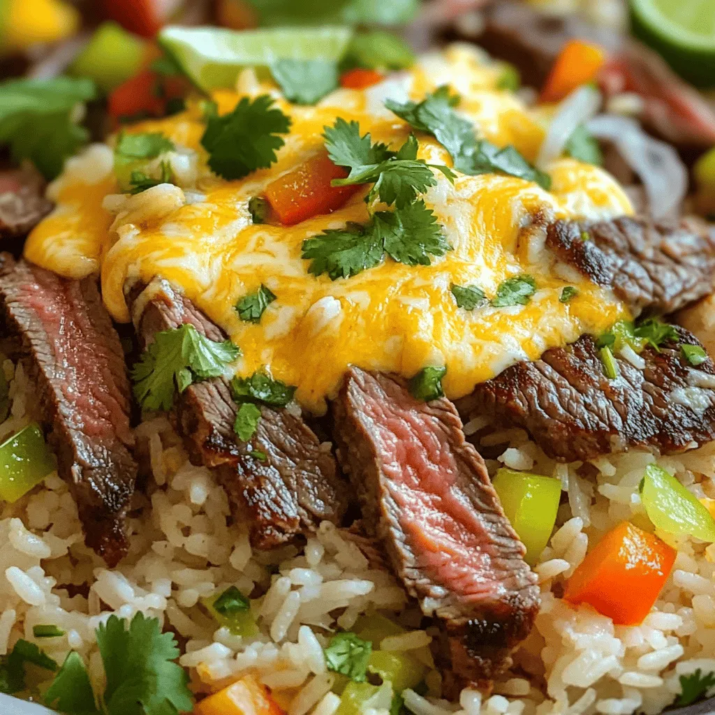 - 1 lb flank steak, thinly sliced - 1 cup long-grain white rice - 2 cups chicken broth - 1 cup queso cheese (store-bought or homemade) - 1 bell pepper, diced - 1 small onion, finely chopped - 2 cloves garlic, minced - 1 tablespoon olive oil - 1 teaspoon ground cumin - 1 teaspoon smoked paprika - Salt and freshly ground black pepper to taste - Fresh cilantro, chopped - Lime wedges To make Steak & Queso Rice, you need a mix of fresh ingredients and bold flavors. The flank steak is the star here. It brings a rich, juicy taste that pairs perfectly with the creamy queso. This dish is also quick and simple to prepare. For the rice, I use long-grain white rice. It cooks fluffy and absorbs all the flavors from the chicken broth. This adds depth to the dish. Chicken broth makes a big difference in taste. You can also use homemade broth if you have it. The veggies are just as important. I like to use a bell pepper. It adds a sweet crunch. Onions bring a mild flavor, and garlic gives a nice kick. These sauté together to create a warm, inviting base. Don’t forget the spices. Ground cumin and smoked paprika boost the flavor. They add warmth and depth. Salt and pepper help bring all the tastes together. For garnishing, fresh cilantro brightens the dish. Lime wedges add a zesty finish. You can squeeze lime juice right before you eat. It really wakes up the flavors! This savory mix of ingredients creates a fantastic dinner. You can find the full recipe above to guide you through each step. Enjoy the process and the delicious results! - Combine rice with chicken broth. - Bring to a boil and lower heat. - Cover and simmer for 15 minutes. - Fluff the rice with a fork and set aside. Cooking rice properly is key. Using chicken broth adds a rich flavor. It brings depth to the dish. Ensure you fluff the rice. This keeps it light and prevents clumping. - Season flank steak with spices. - Heat olive oil in a skillet. - Sear the steak until browned, about 3-4 minutes. Searing the steak is important for flavor. The spices add a nice kick. Use a hot skillet to get a good sear. Don’t overcrowd the pan; cook in batches if needed. This keeps the steak juicy and tender. - Add onions, bell peppers, and garlic to the skillet. - Sauté until softened and aromatic. Sautéing the veggies enhances their flavors. The aroma alone will make your mouth water. Stir occasionally to avoid burning. This step adds color and texture to your dish. - Return cooked steak to the skillet. - Fold in cooked rice evenly. Mixing everything together is where the magic happens. Make sure to combine well. Each bite should have steak, rice, and veggies. This ensures a well-balanced dish. - Pour queso over the steak and rice mixture. - Stir until melted and creamy. The queso brings everything together. It adds creaminess and a cheesy goodness. Stir gently to coat all the ingredients. This step elevates the dish to a new level. - Garnish with cilantro. - Serve with lime wedges. Garnishing with cilantro adds freshness. Lime wedges offer a zesty kick. This brightens the flavors and makes it fun. Enjoy your Steak & Queso Rice as a satisfying meal. To cook steak just right, follow these timings based on how you like it: - Rare: 2-3 minutes per side - Medium Rare: 3-4 minutes per side - Medium: 4-5 minutes per side - Medium Well: 5-6 minutes per side - Well Done: 6-7 minutes per side Let the steak rest for 5-10 minutes after cooking. This keeps the juices in. If you slice right away, the juices run out. Seasoning can change your dish. Here are some ideas: - Add chili powder for heat. - Use fresh herbs like thyme or oregano for freshness. - Try a splash of lime juice for brightness. For toppings, consider: - Avocado slices for creaminess. - Sour cream for tang. - Fresh jalapeños for heat. Making queso is easy! Here’s a quick recipe: 1. Melt 1 cup of cheese (like cheddar) in a pot. 2. Stir in 1/2 cup milk until smooth. 3. Add diced tomatoes or green chilies for flavor. For thicker queso, use less milk. For thinner, add more. Customize it with spices or extra cheese to suit your taste. You can find the Full Recipe for a complete guide on creating this dish. {{image_4}} You can easily swap the flank steak for chicken or shrimp. Chicken offers a lighter option and cooks quickly. Shrimp cooks fast and adds a nice seafood twist. If you prefer a meatless dish, use black beans or lentils. Both options provide protein and keep the meal hearty. Want some heat? Add jalapeños or other spicy peppers to the skillet. Fresh or pickled jalapeños work well. You can also use spicy seasoning blends like taco seasoning or cayenne pepper. Just sprinkle them in while cooking for a kick that suits your taste. If you want a healthier twist, try brown rice or quinoa. Brown rice has more fiber, but it needs a longer cook time. Quinoa cooks faster and adds a nutty flavor. Adjust your cooking time based on your choice of grain to ensure everything is perfect. For the full recipe, check out the complete guide. To store leftovers, let your Steak & Queso Rice cool down first. Use airtight containers to keep it fresh. Glass or plastic containers work well. Make sure to seal them tightly. This helps prevent odors from mixing in your fridge. Store it in the fridge for up to three days. If you want to save portions for later, freezing is a great option. Divide the rice mixture into individual servings. Use freezer-safe bags or containers. Label each with the date, so you know when to use them. To reheat, thaw the portion in the fridge overnight. Heat it in the microwave or on the stove until hot. Add a splash of broth if it seems dry. Refrigerated Steak & Queso Rice lasts about three days. Frozen leftovers can stay good for up to three months. Always check for signs of spoilage before eating. Look for off smells, discoloration, or mold. If you see any of these, it’s best to throw it away. Making this dish takes about 45 minutes total. Here’s how it breaks down: - Prep time: 15 minutes - Cook time: 30 minutes This timing includes cooking the rice, searing the steak, and sautéing the veggies. It all comes together quickly. Yes, you can use other cheese types! Here are some great options: - Cheddar cheese for a sharp flavor - Monterey Jack for a creamy touch - Pepper Jack for a spicy kick Feel free to mix cheeses for a unique taste! To balance the rich flavors, I recommend these side dishes: - A fresh green salad with light dressing - Grilled vegetables, like zucchini or asparagus - Cornbread for a sweet, fluffy addition These sides pair well and complete the meal. For the full recipe, check out the section above! This dish combines tasty steak, creamy queso, and fragrant rice. You learned how to cook it step by step. Remember to adjust spices and try different proteins for variety. Store leftovers properly to enjoy later. Whether you're serving this at a gathering or just for yourself, it’s sure to please. This meal is fun, easy, and full of flavor. Enjoy your cooking journey and the delicious results.