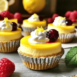 To make creamy mini lemon cheesecakes, gather these simple ingredients: - 1 cup graham cracker crumbs - 1/4 cup granulated sugar - 1/2 teaspoon ground cinnamon - 1/4 cup unsalted butter, melted - 16 oz cream cheese, softened at room temperature - 1 cup powdered sugar - 2 large eggs - 1/4 cup fresh lemon juice (about 1-2 lemons) - Zest of 1 lemon - 1 teaspoon vanilla extract - Fresh berries for garnish (optional) - Whipped cream for topping (optional) These ingredients create a perfect balance of creamy and zesty flavors. The graham cracker crust gives a nice crunch. The cream cheese filling is rich and smooth. Using fresh lemon juice and zest adds a bright taste. You can top your cheesecakes with berries or whipped cream for extra flair. When I make these cheesecakes, I love using fresh lemons. They really boost the flavor. This recipe is fun to make, and the result is a treat everyone enjoys. If you want to see the full process, check out the Full Recipe. Set your oven temperature to 325°F (160°C). Line a muffin tin with paper liners. This makes it easy to take out the cheesecakes once they are baked. In a mixing bowl, combine the graham cracker crumbs, granulated sugar, and ground cinnamon. Pour the melted unsalted butter over the crumb mixture. Mix it well until the crumbs are coated. Take about 1 tablespoon of this mixture and press it firmly into the bottom of each muffin liner to create a crust. Place the muffin tin in the preheated oven. Bake for 8-10 minutes, or until the crusts turn lightly golden. Once done, take them out and let them cool while you prepare the cheesecake filling. In a large mixing bowl, beat the softened cream cheese using an electric mixer. Make sure it is smooth and creamy, with no lumps. This step is key for a great texture. Gradually add the powdered sugar to the cream cheese. Mix until it is well combined. Next, add the eggs one at a time. Beat well after each addition to keep the filling creamy. Mix in the fresh lemon juice, lemon zest, and vanilla extract. Stir until all the ingredients are fully combined. The mixture should be smooth and fragrant. Carefully pour the cheesecake filling into the cooled crusts. Fill each cup about 3/4 full. This allows room for the cheesecakes to rise slightly while baking. Put the filled muffin tin in the oven. Bake for 18-20 minutes. The edges should be set, while the center can be slightly jiggly. Once baked, remove them from the oven and let them cool at room temperature. After they cool, refrigerate the mini cheesecakes for at least 2 hours. This helps them set and develop their flavors. Patience is key for the best taste. Before serving, top each mini cheesecake with whipped cream and fresh berries, if you like. These delightful treats are now ready to impress! Enjoy them with friends or family. For the full recipe, check out the detailed steps above. To get a creamy texture, use room temperature ingredients. Cold ingredients can cause lumps in your filling. Let the cream cheese sit out for about 30 minutes before mixing. This simple step makes a big difference. You will notice how smooth the mixture becomes when all ingredients are at the same temperature. One common issue is cracks in the cheesecake. Cracks happen when the filling bakes too fast. To avoid this, bake at a low temperature. Also, do not overbeat the mixture once you add the eggs. Just mix until combined. Finally, let the mini cheesecakes cool slowly in the oven after baking. This helps them set without cracking. For the best presentation, garnish your mini cheesecakes with fresh berries. Strawberries, blueberries, or raspberries add color and flavor. A dollop of whipped cream on top makes them even more appealing. You can also sprinkle some lemon zest for extra zing. Arrange them on a nice platter for a stunning display. If you want more ideas, check out the Full Recipe for extra tips! {{image_4}} You can switch up the flavors of your mini cheesecakes easily. Try using other citrus fruits. Lime or orange can add a fresh twist. They bring a unique taste that complements the creaminess. You can also experiment with chocolate. Add melted dark chocolate to the filling. This gives a rich, decadent flavor. Another option is to mix in pureed fruits. Strawberries or raspberries provide a delightful surprise. The crust can change the whole vibe of the cheesecake. Instead of graham crackers, try using digestive biscuits. They add a nice crunch and flavor. If you want something nutty, almond or pecan flour works well. Simply mix it with butter and press it into the liners. This adds a unique texture and taste. For a healthier option, consider sugar substitutes. Stevia or monk fruit sweetener are great choices. They keep the sweetness without the calories. You can even use honey or maple syrup for a natural touch. Just adjust the amount since they are sweeter than sugar. This way, you can enjoy your mini cheesecakes guilt-free. These variations make the mini cheesecakes fun and versatile. You can find the full recipe to start making these delightful treats! To keep your mini lemon cheesecakes fresh, store them in the fridge. Place them in an airtight container. This helps keep them moist and prevents them from absorbing other smells. You can also cover them with plastic wrap, but the container works best. Make sure they stay chilled until you are ready to serve. Freezing these treats is easy! First, let them cool completely in the fridge. Once they are cold, remove them from the muffin tin. Wrap each cheesecake tightly in plastic wrap. Then place them in a freezer-safe container or a zip-top bag. This protects them from freezer burn. They can stay in the freezer for up to three months! In the fridge, these mini cheesecakes last about five days. If you freeze them, they can last for three months. Just remember to thaw them in the fridge overnight before serving. This keeps their creamy texture intact. Enjoy these delightful treats at your own pace! For the full recipe, check out the section above. Yes, you can make creamy mini lemon cheesecakes ahead of time. Prepare the cheesecakes and chill them for at least two hours. After chilling, cover them tightly with plastic wrap or place them in an airtight container. They will stay fresh in the fridge for up to five days. You can also freeze them for up to three months. Just remember to thaw them overnight in the fridge before serving. This makes them perfect for parties or surprise guests! If you want a dairy-free or vegan option, use non-dairy cream cheese. Brands like Tofutti or Daiya work well. You can also blend silken tofu with a bit of lemon juice and sugar. This gives a creamy texture that mimics cream cheese. Another option is to use soaked cashews blended with lemon juice and a sweetener. These alternatives still deliver a delicious flavor and texture for your mini cheesecakes. To check if your cheesecakes are ready, look for a few signs. The edges should be set, while the center remains slightly jiggly. When you gently shake the muffin tin, the middle should wobble a bit but not appear liquid. Remove them from the oven and let them cool at room temperature. They will continue to set as they cool. Proper doneness ensures a smooth texture and rich flavor in every bite. In this post, we explored how to make mini cheesecakes with a tasty lemon twist. We outlined all the necessary ingredients and gave clear steps to bake them perfectly. I shared tips to avoid common mistakes and ideas for fun variations. Remember, using room temperature items helps ensure a creamy texture. Enjoy these treats fresh or stored for later! You can even customize them to match your taste. Happy baking!