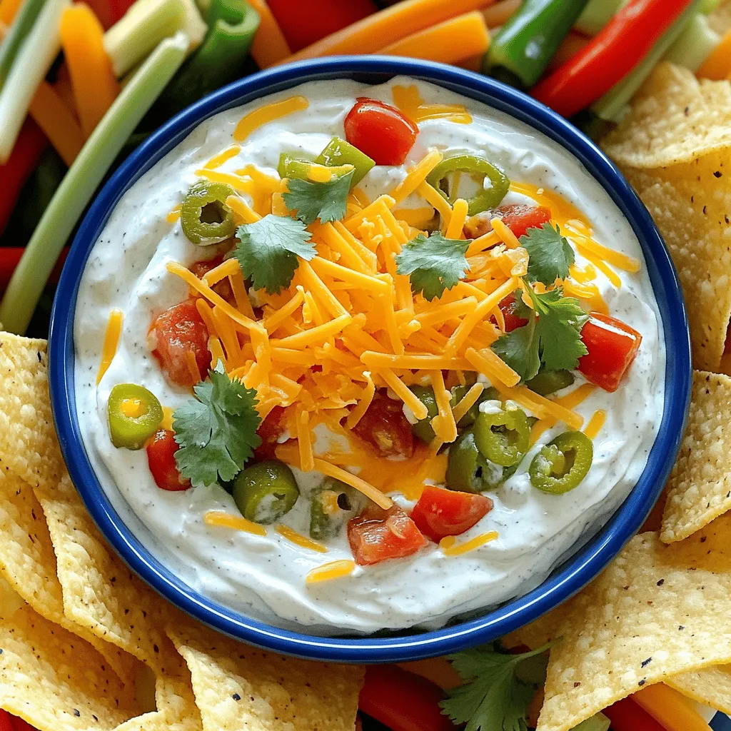 - 1 can (10 oz) diced tomatoes with green chilies (like Rotel) - 1 package (8 oz) cream cheese, softened to room temperature - 1 cup shredded cheddar cheese (or a flavorful mix of Mexican cheeses) - 1 ½ cups sour cream - 1 packet ranch seasoning mix - 1 tablespoon diced jalapeños (optional for an extra kick) - Fresh cilantro, chopped (for garnish) - Tortilla chips or crunchy veggie sticks (for serving) For this Boat Dip, you need a mix of creamy and zesty flavors. The diced tomatoes with green chilies bring a nice kick. Cream cheese adds a rich base that binds all the flavors. Sour cream makes the dip smooth and tangy. Cheddar cheese adds a sharp taste that pairs well with ranch seasoning. If you like heat, jalapeños are a great choice. They add a spicy edge to the dip. Finally, fresh cilantro gives a pop of color and fresh flavor. You can serve this dip with tortilla chips for crunch. Veggie sticks also work well for a lighter option. This dip is easy to make and is perfect for any gathering. For the complete recipe, check out Full Recipe. Enjoy making this flavorful Boat Dip! 1. Start by mixing the cream cheese and sour cream in a medium bowl. Use a whisk or mixer to make it smooth and creamy. 2. Next, incorporate the ranch seasoning mix. Blend it well until you can’t see any lumps. 3. Add the can of diced tomatoes with green chilies. Make sure to mix in the juice from the can for extra flavor. 4. Finally, stir in the shredded cheese and diced jalapeños if you like some heat. Mix gently to keep some texture. 1. Transfer the dip into a serving bowl. Smooth the top with a spatula for a nice finish. 2. Cover the bowl with plastic wrap and refrigerate for at least 30 minutes. This step lets the flavors blend well. 3. Before serving, sprinkle fresh cilantro on top. This adds color and a fresh taste. For the full recipe, check out the [Full Recipe]. Enjoy your tasty Boat Dip! To get the best texture for your Boat Dip, blend the cream cheese and sour cream well. This makes the dip creamy and smooth. Use an electric mixer or a whisk to mix until no lumps are left. When adding the cheese, gently fold it in. Over-stirring can make the dip too thick and less enjoyable. You want small bits of cheese to stay intact for that perfect bite. Letting the dip chill in the fridge is key. Refrigeration allows the flavors to blend and taste even better. Aim for at least 30 minutes, but longer is fine too. If you want a unique twist, add some extra spices. A pinch of garlic powder or some smoked paprika can boost the flavor. Customize it to your taste, and make your Boat Dip truly yours! {{image_4}} You can mix up the cheese in Boat Dip to create new flavors. Here are some tasty ideas: - Use pepper jack cheese for a spicy kick. - Try a mix of Monterey Jack and Mexican blend cheeses for a creamy texture. - Swap in crumbled feta for a tangy twist. - Blend in some Gouda for a smoky flavor. Feel free to experiment with different cheese combinations. Each one will give your dip a unique taste. Adjust the heat of your Boat Dip by changing the jalapeños. Here are some options: - Add more diced jalapeños for extra spice. - Use pickled jalapeños for a tangy heat. - Skip the jalapeños for a milder dip. - Try diced serrano or habanero peppers for bold heat. Finding the right heat level makes your dip perfect for everyone. Boat Dip tastes great with various dippers. Here are some fun ideas: - Serve with tortilla chips for a classic crunch. - Use pita chips for a different flavor and texture. - Fresh veggie sticks, like carrots and celery, add a healthy crunch. - Try pretzel crisps for a salty bite. These options make your dip even more fun to enjoy! Boat Dip stays fresh in the fridge for about 3 to 5 days. Make sure to store it in an airtight container. This keeps the dip creamy and flavorful. When you’re ready to eat it, just give it a good stir. You might want to add a touch of sour cream if it seems a bit thick. You can freeze Boat Dip, but I recommend caution. Freezing may change the texture of the dip. If you choose to freeze it, use a freezer-safe container. It can last up to 2 months in the freezer. Thaw it in the fridge overnight before serving. Reheat it gently in the microwave or on the stove, stirring often. Enjoy the full recipe for the best flavor! Boat Dip, also known as Rotel Ranch Dip, is a creamy, savory treat. It blends cream cheese, sour cream, and flavorful spices. The star ingredient is diced tomatoes with green chilies, giving it a tasty kick. This dip is great for parties and gatherings. You can serve it with tortilla chips or crunchy veggies. It’s quick to make and always a hit! Yes, you can make Boat Dip ahead of time! It's best to prepare it a few hours in advance. This allows the flavors to blend well together. After mixing, cover the dip tightly and store it in the fridge. Just remember to let it chill for at least 30 minutes before serving. This cooling step makes the dip even better! Boat Dip can be gluten-free if you choose the right ingredients. Most of the base items are naturally gluten-free. However, check the ranch seasoning packet to ensure it’s gluten-free. Some brands may add gluten. Always read the label to be safe. Enjoy this dip with gluten-free chips or veggies for a perfect snack! This blog post covered how to make a tasty Boat Dip. We listed every ingredient, from diced tomatoes to ranch seasoning. You learned how to mix and serve it perfectly. Tips on texture and flavor helped boost your skills. Variations let you customize heat and cheese types. Finally, we discussed storage and answered common questions. Enjoy making this dip for your next gathering. It's easy, fun, and sure to please everyone!