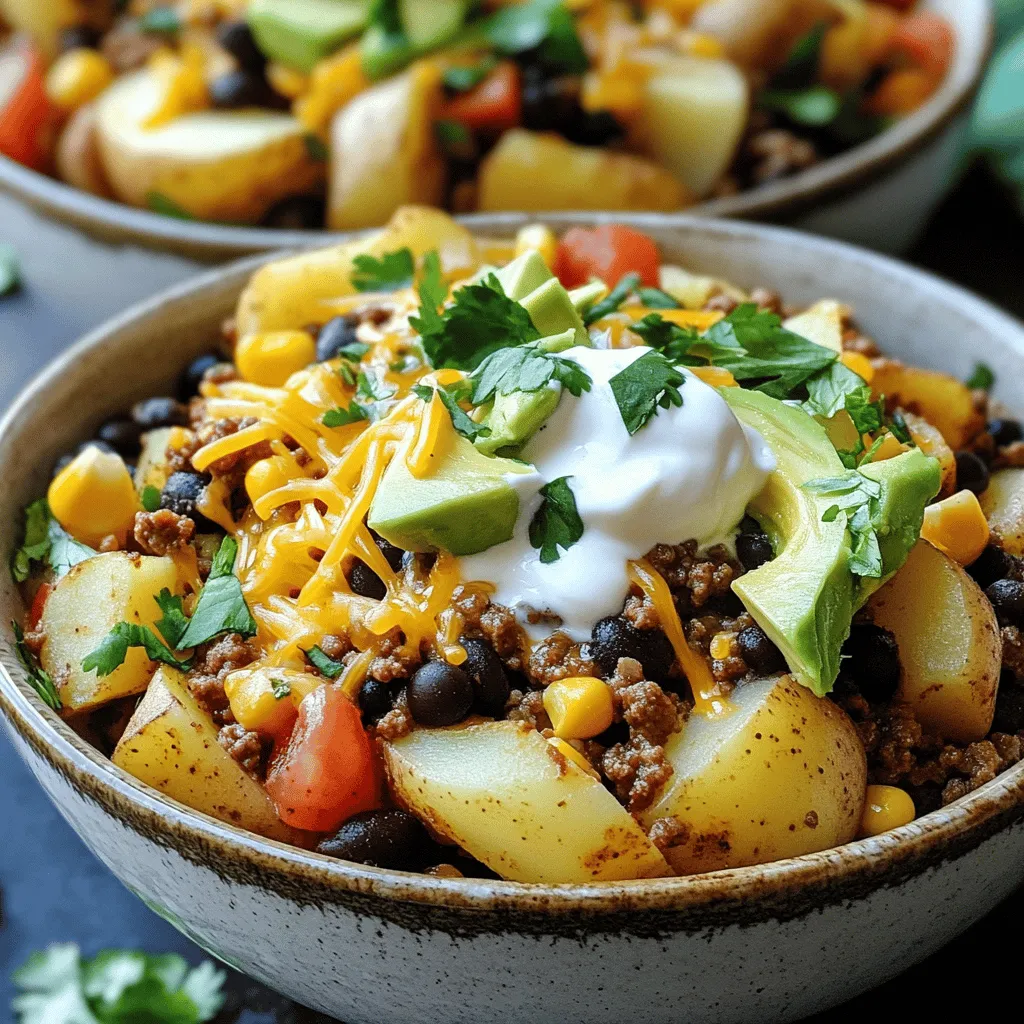 - 1 lb ground beef - 2 large potatoes, diced - 1 tablespoon olive oil - 1 small onion, finely chopped - 2 cloves garlic, minced - 1 tablespoon taco seasoning - 1 can black beans - 1 cup corn kernels - 1 cup diced tomatoes - 1 cup shredded cheese - 1 ripe avocado, diced - Fresh cilantro, salt, pepper, and optional toppings When you gather these ingredients, remember that fresh items make a big difference. The ground beef gives rich flavor, while the potatoes add texture. A small onion and garlic bring sweetness and depth. Taco seasoning adds that fun kick we all love. For toppings, you can mix and match. Black beans and corn are great for protein and color. Fresh tomatoes add juiciness. Shredded cheese melts beautifully on top. Diced avocado gives a creamy feel. Don’t skip the fresh cilantro; it brightens the dish. Make sure to check if you have everything listed in the Full Recipe. This way, your taco bowl will shine with flavor and freshness. Start by heating one tablespoon of olive oil in a large skillet over medium heat. Once the oil is hot, add one small, finely chopped onion. Sauté the onion for about three to four minutes until it becomes soft and fragrant. Next, add two minced cloves of garlic and stir them in. Cook the garlic for one more minute to release its lovely aroma. Now, introduce one pound of ground beef to the skillet. Break the meat apart with a spatula. Cook it for about five to seven minutes, stirring occasionally, until it is nicely browned. Season the mixture with salt, pepper, and one tablespoon of taco seasoning. Make sure everything is well combined for maximum flavor. In a separate pot, bring salted water to a boil. Carefully add two large diced potatoes to the boiling water. Cook them for about ten to twelve minutes or until they are tender enough to pierce with a fork. Once cooked, drain the potatoes in a colander and set them aside. Now that the beef mixture is ready, stir in one can of drained and rinsed black beans, one cup of corn kernels, and one cup of diced tomatoes. Cook this mixture for an additional two to three minutes until everything is heated through. Finally, gently fold in the drained potatoes. Mix them in well and taste for seasoning. Adjust with more salt or pepper if needed. For the full recipe, don’t forget to check out the complete list of ingredients and instructions! - Ensure ground beef is fully browned for flavor. This step adds depth to your dish. - Don't overcook potatoes; they should be fork-tender. You want them soft but not mushy. When you cook ground beef, keep it on medium-high heat. Stir it well to break it apart. Cook until it is a nice brown color. This makes the beef taste rich and delicious. For the potatoes, boil them in salted water. Check them after about 10 minutes. You want them tender enough to poke with a fork, but still firm. This way, they mix well with the beef. - Use colorful bowls for serving. Bright colors make the meal pop. - Garnish with lime wedges for an extra zesty touch. They add a fresh and tangy flavor. Serving in colorful bowls can make your food look more appealing. You can choose bowls in vibrant colors like red or yellow. Adding lime wedges on the side gives a nice burst of flavor when squeezed over your dish. - Discuss calorie count and nutritional benefits of the main ingredients. This dish is balanced and hearty. A serving of the Ground Beef and Potato Taco Bowl has about 450 calories. It provides protein from the beef and beans. The potatoes offer carbs for energy. Avocado adds healthy fats, and the veggies give you vitamins. Overall, this meal is not just tasty but also good for you. It combines different food groups in one bowl, making it a complete dish. {{image_4}} If you want a meatless meal, swap out the ground beef. You can use lentils or crumbled tofu instead. Both options add great texture and flavor. Lentils cook quickly and soak up spices well. Tofu takes on the taste of the dish, making it a great choice. Do you like heat? Add some jalapeños or hot sauce to your bowl. This adds a nice kick and makes the dish exciting. You can adjust the heat based on your taste. Start small and add more if you want it spicier. Toppings can change your taco bowl game. Try different cheeses like pepper jack or queso fresco. You can also use avocado alternatives like guacamole or a cashew cream. These additions can make your meal unique and fun. Explore and find your favorite combination. For the full recipe, check out the Ground Beef and Potato Taco Bowl. To store leftovers, use airtight containers. This keeps the flavors fresh. Allow the dish to cool completely before sealing. Place the container in the fridge. It stays good for up to three days. Make sure to label the container with the date. This helps you track how long it has been stored. You can freeze the beef and potato mixture for later use. Let it cool down before freezing. Use freezer-safe bags or containers. Remove as much air as possible to prevent freezer burn. This dish can last up to three months in the freezer. Thaw the mixture overnight in the fridge before reheating. To reheat, use the stovetop or microwave. For stovetop, place the mixture in a pan over medium heat. Stir occasionally until it’s hot. If using a microwave, heat in short intervals, stirring in between. This helps it heat evenly. Avoid overcooking to keep the texture and flavor intact. Enjoy your meal just like it was fresh! Yes, you can prepare the Ground Beef and Potato Taco Bowl ahead of time. Cook the beef and potatoes as directed. After cooking, let them cool completely. Store them in airtight containers in the fridge for up to three days. When you are ready to eat, reheat the mixture in a skillet or microwave. Add a splash of water if it seems dry. This keeps the flavors fresh and delicious. This dish goes great with many sides. Here are some ideas: - A fresh green salad with lime vinaigrette - Cilantro-lime rice for a zesty touch - Refried beans for added protein - Corn on the cob, either grilled or boiled - Tortilla chips with salsa or guacamole These sides will enhance the flavors of the taco bowl. Yes, sweet potatoes are a great option. They add a nice sweetness to the dish. Here’s how to adjust: - Use the same amount of sweet potatoes as regular ones. - Cook them until fork-tender, just like regular potatoes. - You might want to reduce the taco seasoning slightly, as sweet potatoes are sweeter than regular ones. This swap keeps the meal healthy and tasty! This blog post covered a tasty ground beef and potato taco bowl. We discussed the main and additional ingredients, plus step-by-step cooking instructions. Tips for cooking, presentation, and nutrition were also shared. You can customize it with variations for different diets and spice levels. Remember to store leftovers properly for the best flavor. Try creating new sides to enjoy with it. This dish is fun and flexible, making it perfect for any meal! Enjoy exploring the flavors and personal touches.