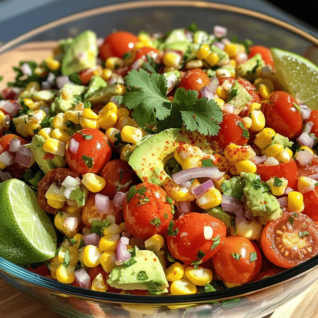 To make a tasty Tomato Avocado Corn Salad, you need these fresh items: - 2 cups fresh cherry tomatoes, halved - 1 ripe avocado, diced into bite-sized pieces - 1 cup sweet corn kernels (choose fresh, canned, or frozen) - 1/2 medium red onion, finely diced - 1/4 cup fresh cilantro leaves, roughly chopped - 2 tablespoons freshly squeezed lime juice - 1 tablespoon extra-virgin olive oil - 1 teaspoon chili powder (optional, for a hint of spice) - Salt and freshly ground black pepper, to taste You can easily swap some ingredients if needed: - Use regular tomatoes instead of cherry tomatoes. - Replace avocado with diced mango for a fruity twist. - Try green onions instead of red onion for a milder taste. - Use lemon juice instead of lime juice for different flavor notes. - Add black beans for extra protein and fiber. Choosing the best produce makes your salad shine: - Look for cherry tomatoes that are firm and bright in color. - Pick avocados that yield slightly when you press them. - Choose corn that has bright yellow kernels and fresh silk. - Select red onions that feel heavy and have a smooth skin. - Sniff cilantro; it should smell fresh and fragrant. These tips help you create a fresh and flavorful dish with your Tomato Avocado Corn Salad. For the full recipe, check out the details above. First, gather all your fresh ingredients. You need cherry tomatoes, avocado, corn, red onion, and cilantro. Halve the cherry tomatoes with a knife. For the avocado, carefully cut it in half, remove the pit, and dice it into bite-sized pieces. Be gentle; you want the pieces to stay whole. Next, finely chop the red onion. Lastly, roughly chop the cilantro to release its fragrant oils. You have three options for the corn. If you choose fresh corn, husk it first. Boil the cobs in salted water for 3-5 minutes until tender. Then, drain and let them cool. If you prefer canned corn, just rinse and drain it. For frozen corn, microwave it until heated through, then cool. Each option works well, so pick what you have on hand. Now it’s time to mix! In a large bowl, combine the halved tomatoes, diced avocado, cooled corn, and chopped onion. Stir gently to keep the avocado intact. For the dressing, whisk together lime juice, olive oil, chili powder, salt, and pepper in a small bowl. Once smooth, pour this dressing over the salad mix. Gently toss everything to coat evenly. Finally, add the chopped cilantro and give it one last gentle toss. Your salad is now ready to taste! Adjust seasoning as needed and enjoy this fresh and flavorful dish. For the full recipe, check the section above! Choose a ripe avocado for the best flavor. It should yield slightly when pressed. To cut it, slice it in half, remove the pit, and scoop out the flesh. Take care not to mash it. Dicing the avocado into cubes keeps it intact in the salad. To prevent browning, add lime juice right after cutting. This keeps the avocado bright and fresh. You can prepare this salad in advance. Chop all the veggies and store them in a bowl. Mix the dressing separately. When you’re ready to serve, combine everything. This method keeps the salad fresh and crunchy. If you mix it too early, the avocado may brown and get mushy. Aim to assemble the salad no more than a few hours before serving. Serve this salad in a large bowl for a casual meal. For a fancy touch, use small dishes. Garnish each dish with a cilantro sprig or a lime wedge. This adds color and freshness. Pair it with grilled chicken or fish for a complete meal. You can also enjoy it with tortilla chips for a fun snack. For more ideas, check the full recipe. {{image_4}} You can make this salad heartier by adding proteins. Grilled chicken adds a savory touch. Shrimp or tofu are great choices too. Canned beans, like black beans, add fiber and flavor. Just mix in a cup of your chosen protein for a filling meal. To boost flavor, try adding citrus zest. Grated lime or lemon peel brightens the dish. Fresh herbs like basil or mint can also add a unique twist. For a spicy kick, add sliced jalapeños or a dash of hot sauce. Just remember to adjust the salt to balance the new flavors. For a gluten-free option, this salad is naturally safe. If you're vegan, skip the honey or any animal-based protein. You can make it keto-friendly by using less corn and more avocado. Always check labels on canned ingredients for hidden gluten or sugar. Explore the Full Recipe for a detailed guide on making this salad. To store your Tomato Avocado Corn Salad, place it in an airtight container. Make sure the lid fits snugly to keep air out. This helps keep the flavors fresh. If possible, separate the dressing from the salad. This prevents the avocado from getting mushy. If you have leftover dressing, store it in a small jar. The salad is best eaten fresh. If stored properly, it will last about 1 to 2 days in the fridge. The avocado may brown over time, but it still tastes good. Check the salad for any changes in smell or texture before eating. If you notice anything off, it’s best to toss it. This salad is best served cold, so reheating is not necessary. If you prefer a warm dish, you can heat the corn before mixing it into the salad. Just make sure to let it cool before adding it to the other ingredients. For a fresh taste, serve the salad straight from the fridge. For the full recipe, check out the recipe section. Yes, you can use other tomatoes. If you prefer, use diced Roma or vine-ripened tomatoes. Cherry tomatoes add a sweet burst, but others work well too. Just ensure they are ripe for the best flavor in your salad. To add spice, simply mix in more chili powder. You can also chop fresh jalapeños or add a dash of hot sauce. Start with a little, then taste and adjust for heat. This allows you to control the spice level and keep it enjoyable. Yes, you can make a vegan dressing easily. Replace the olive oil with an oil like avocado oil, and the lime juice stays the same. You can also blend in some avocado for creaminess without using dairy. This keeps the dressing fresh and flavorful. To keep avocado fresh, use lime juice right after cutting it. The citric acid helps slow browning. If you have leftover salad, cover it tightly with plastic wrap. This limits air exposure, keeping your salad bright and tasty longer. This blog post covered everything you need to make a great salad. We looked at key ingredients and how to choose fresh produce. I shared step-by-step cooking tips and fun tricks for serving your dish. We also explored yummy variations and storage tips for leftovers. With this knowledge, you can create your own tasty salad. Enjoy fresh flavors, make it your own, and impress your friends!