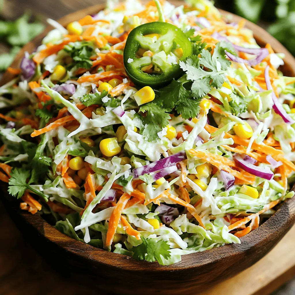 To make this easy Mexican coleslaw, gather these simple ingredients: - 4 cups green cabbage, finely shredded - 1 cup red cabbage, finely shredded - 1 cup carrots, freshly grated - 1 cup fresh corn kernels, cooked (you can use canned corn, drained) - 1/2 cup red onion, finely chopped - 1/2 cup fresh cilantro, chopped - 1 jalapeño pepper, finely diced (remove seeds for less heat) - 1/2 cup mayonnaise - 2 tablespoons fresh lime juice - 1 tablespoon agave nectar (or honey as a substitute) - Salt and black pepper, to taste You can easily adapt this recipe to fit what you have. Try these swaps: - Use green bell pepper instead of jalapeño for a milder taste. - Swap out mayonnaise for Greek yogurt for a lighter option. - Replace agave nectar with maple syrup for a different sweet note. - Add other veggies like bell peppers or radishes for extra crunch. Fresh ingredients make a huge difference in flavor. Crisp cabbage adds a satisfying crunch. Fresh corn gives sweetness and color. Using fresh herbs like cilantro brightens the dish. Always choose ripe and bright veggies for the best taste. When you use fresh, you create a vibrant coleslaw. This enhances every bite, making your meal more enjoyable. Remember, freshness is key to a delicious coleslaw. Check out the [Full Recipe] for more details. First, gather all your fresh veggies. You need 4 cups of green cabbage, 1 cup of red cabbage, and 1 cup of grated carrots. Also, have 1 cup of cooked corn, 1/2 cup of red onion, 1/2 cup of cilantro, and 1 jalapeño pepper ready. In a big mixing bowl, add the green cabbage, red cabbage, grated carrots, corn, red onion, cilantro, and jalapeño. Stir everything gently. Make sure each vegetable mixes well. This is key for a tasty coleslaw. Now, let’s make the dressing. In a small bowl, combine 1/2 cup of mayonnaise, 2 tablespoons of fresh lime juice, and 1 tablespoon of agave nectar. Add salt and black pepper to taste. Whisk these ingredients until the dressing is smooth. It should feel creamy and rich. Next, drizzle the creamy dressing over your vegetable mix. Toss everything together gently. Ensure the dressing coats all the veggies. Cover the bowl with plastic wrap or a lid. Place it in the fridge to chill for at least 30 minutes. This waiting time helps the flavors mix. Right before serving, stir the coleslaw again. Check if it needs more lime juice, salt, or pepper. Adjust to your taste. For the full recipe, check out the details provided earlier. Enjoy your refreshing and flavorful side! To make your coleslaw even better, try adding fruits. Diced mango or pineapple gives sweetness. You can also add nuts for crunch. Sliced almonds or chopped walnuts work well. Experiment with spices like cumin or chili powder. These add warmth and depth to your dish. Chilling your coleslaw is key. It helps the flavors blend well. After you mix the coleslaw, cover it tightly. Place it in the refrigerator for at least 30 minutes. This allows the dressing to soak into the veggies. If you can, chill it longer for even better taste. Serving is just as important as taste. Use a large, colorful bowl to show off the coleslaw. Garnish it with cilantro leaves for a pop of green. You can also add lime wedges around the bowl. This adds color and invites guests to dig in. For a fun touch, serve in small cups for individual portions. This makes your meal look fancy and fun! For the complete recipe, check out the Full Recipe section. {{image_4}} You can make your coleslaw even better by adding more veggies. Try adding bell peppers for a sweet crunch. Radishes bring a nice peppery taste. You can also use green onions for extra flavor. If you like it spicy, add some diced serrano peppers. The key is to keep the colors bright. It makes the dish more fun and appealing. While the creamy dressing is tasty, you can switch it up. Try using Greek yogurt instead of mayonnaise for a lighter version. A vinaigrette made with olive oil and vinegar gives a fresh taste. You can even mix in some salsa for added zest. This keeps the coleslaw exciting and new every time you make it. If you have dietary needs, don’t worry! Substitute mayonnaise with a plant-based option for a vegan version. You can also skip the corn if you need a low-carb dish. For gluten-free eaters, this coleslaw is already safe. Just check all your ingredients before you start. These changes let everyone enjoy this tasty dish. For the Full Recipe, check out the complete guide for preparation and tips! To keep your Easy Mexican Coleslaw fresh, use an airtight container. This will keep moisture out. Make sure the coleslaw is completely cool before sealing. If you have leftovers, store them right away. Keeping the dressing separate until you serve helps maintain the crunch of the veggies. When stored properly, this coleslaw lasts about 3 to 5 days in the fridge. The flavors will deepen over time, making it even tastier. However, if the veggies start to look wilty, it's time to toss it. Always give it a quick stir before serving to refresh the flavors. You can freeze coleslaw, but it's best to avoid the dressing. Instead, freeze just the veggies. Place them in a freezer bag, removing as much air as possible. They can last 2 to 3 months. When you're ready, thaw them overnight in the fridge. Make a fresh batch of dressing when you’re ready to eat. This way, you’ll enjoy the best texture and taste. For the full recipe, check the earlier sections. You can store Easy Mexican Coleslaw in the fridge for up to three days. It stays fresh and crunchy if you keep it in an airtight container. After three days, the veggies may become soggy. If you notice the coleslaw losing its texture, it’s time to toss it. Yes, you can make this coleslaw ahead of time! I recommend making it a day before you plan to serve it. This gives the flavors time to blend together. Just make sure to keep it covered in the fridge. When ready to serve, give it a good stir for even flavor. Mexican coleslaw pairs well with many dishes. Here are some great options: - Tacos - Grilled chicken - Pulled pork - Fish dishes - Barbecue meals This coleslaw adds a fresh and zesty touch to each meal. Absolutely! If you want a milder flavor, remove the seeds from the jalapeño. You can also use less jalapeño or skip it altogether. For more heat, add diced serrano peppers or a dash of hot sauce. Adjust the spice to fit your taste. If you’re not a fan of mayonnaise, you can substitute it with Greek yogurt. It gives a creamy texture without the heaviness. You can also try a vinaigrette made with olive oil and lime juice for a lighter option. Yes! Feel free to add more veggies to your coleslaw. Some great options include bell peppers, radishes, or even diced avocado. These additions can add more color and flavor, making your coleslaw even more delightful. To make this coleslaw vegan, replace the mayonnaise with a plant-based alternative, such as vegan mayo or tahini. Use agave nectar or maple syrup instead of honey. This way, you can enjoy the same great taste while keeping it plant-based. For the full recipe, check out the Zesty Mexican Coleslaw recipe above. This blog post covered the key parts of making Easy Mexican Coleslaw. You learned about fresh ingredients, step-by-step prep, and tips to enhance flavor. We explored variations and proper storage methods. Remember, using fresh veggies makes a big difference. Enjoy experimenting with different dressings and add-ins. Make this coleslaw your own! With simple steps, you can create a tasty side dish. Now, dive in and enjoy a quick, healthy meal.