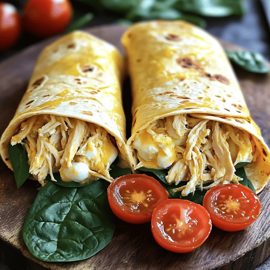 To make Cheesy Garlic Chicken Wraps, you need the following main ingredients: - 2 cups cooked chicken, shredded - 1 cup cream cheese, softened - 1 cup shredded mozzarella cheese - 2 cloves fresh garlic, minced - ½ teaspoon garlic powder - 1 teaspoon Italian seasoning - Salt and freshly ground black pepper, to taste - 4 large flour tortillas - 1 cup fresh spinach leaves, washed and dried - 1 cup cherry tomatoes, halved - Olive oil, for drizzling These ingredients bring rich flavors and creamy textures. The chicken and cheese blend well. Garlic adds an aromatic kick. You can customize your wraps with these optional ingredients: - Avocado slices for creaminess - Red onion for a sharp bite - Bell peppers for crunch - Jalapeños for heat - Any other greens you like These additions let you make the wraps your own. Mix and match based on your taste. Each serving of Cheesy Garlic Chicken Wraps provides: - Calories: 450 - Protein: 30g - Fat: 25g - Carbohydrates: 35g - Fiber: 3g - Sugar: 3g This meal offers a good balance of protein and fat. The fiber helps you feel full. Enjoy these wraps without guilt! For the full recipe, check the earlier section. First, gather all your ingredients. In a big bowl, add the shredded chicken. Next, add the softened cream cheese and shredded mozzarella cheese. This mix will be rich and creamy. Then, add the minced garlic, garlic powder, and Italian seasoning. Don’t forget to sprinkle in some salt and pepper. Use a fork to mix everything together. You want a smooth and tasty filling. Now, take a large flour tortilla. Place it flat on your counter. Spoon one-fourth of the chicken mixture down the center of the tortilla. Leave some space on both ends. Add a handful of fresh spinach leaves on top of the chicken. Then, toss in some halved cherry tomatoes for flavor and color. Next, fold in the sides of the tortilla. Roll it tightly from the bottom to the top. Repeat this for the rest of your tortillas and filling. Heat a non-stick skillet over medium heat. Drizzle a little olive oil to prevent sticking. Once it’s hot, place the wraps seam-side down in the skillet. Cook for 3 to 4 minutes on each side. You want them golden brown and crispy. The cheese inside should melt nicely. When they are done, take them out and let them cool for a minute. Slice each wrap in half diagonally. This makes for a lovely presentation. Serve them warm for the best taste. Enjoy your cheesy garlic chicken wraps! For the full recipe, check above. To make cheesy garlic chicken wraps truly shine, use fresh ingredients. Fresh garlic adds a robust flavor. Shred your chicken finely to mix well with the cheese. A mix of cream cheese and mozzarella gives a creamy texture. Add a pinch of salt and pepper to enhance the taste. Don't forget the Italian seasoning; it brings warmth and depth. Cook the wraps on medium heat for a nice golden color. If you want extra crunch, cook them a little longer. If you have leftovers, store them well. Place the wraps in an airtight container. They can stay fresh in the fridge for up to three days. To reheat, use a skillet over medium heat. This will keep the wraps crispy. You can also microwave them, but they may become soft. For the best taste, eat them fresh. Avoid using too much filling; it can make rolling tricky. Ensure you seal the wraps tightly. If they are loose, the filling may spill out while cooking. Don’t skip the olive oil; it prevents sticking and adds flavor. Be careful not to overcrowd the skillet; this helps them cook evenly. Always let the wraps cool slightly before slicing to prevent filling from spilling out. For more tips, check out the Full Recipe. {{image_4}} You can easily change the protein in your cheesy garlic chicken wraps. Use cooked turkey or rotisserie chicken if you want a quick fix. For a different taste, try shredded beef or pork. Each option adds a unique flavor while keeping the recipe simple. Adjust the cooking time based on the protein used. Always ensure the meat is fully cooked. If you're looking for a vegetarian option, swap the chicken for hearty vegetables. Grilled zucchini, bell peppers, or mushrooms work great. You can also use canned beans like black beans or chickpeas. These add protein and fiber to your meal. Don't forget to keep the creamy elements, like cream cheese, to maintain that rich taste. You can customize your wraps with fun toppings and sauces. Add sliced avocados for creaminess. Fresh herbs like cilantro or parsley bring a bright flavor. For extra crunch, toss in some shredded carrots or cucumbers. When it comes to sauces, ranch dressing is a favorite. You might also enjoy a spicy salsa or creamy ranch. Try a drizzle of balsamic glaze for a sweet kick. Each of these options enhances the wraps and makes them your own. Don't forget to check out the Full Recipe for more details and tips! When you make cheesy garlic chicken wraps, side dishes can make a big difference. Here are some great options: - Crispy French Fries: These add a fun crunch. They pair well with the soft wraps. - Fresh Salad: A light salad with mixed greens and vinaigrette balances the richness of the wraps. - Steamed Vegetables: Broccoli or carrots are healthy and add color to your plate. - Potato Wedges: They are tasty and easy to dip in sauces. - Fruit Skewers: These add a sweet touch. Use grapes, melon, or strawberries for a refreshing side. Think outside the box when serving these wraps. Here are some fun ideas: - Wrap Platter: Cut the wraps into smaller pieces. Arrange them on a large plate for sharing. - Dipping Bar: Offer different sauces like ranch, salsa, or garlic aioli for guests to enjoy. - Taco Style: Serve the wraps in taco holders. This makes them easy to grab and eat. - Picnic Style: Pack the wraps in a basket with sides for a fun outdoor meal. - Themed Dinner: Pair the wraps with Italian decor. Use checkered tablecloths and serve Italian drinks. A great presentation makes food more inviting. Here are some tips for your wraps: - Color Contrast: Use cherry tomatoes and fresh greens to add color to your platter. - Garnish: Sprinkle Italian seasoning or fresh herbs over the wraps for a nice touch. - Use a Nice Platter: A wooden or ceramic platter can make your dish stand out. - Cut Neatly: Slice the wraps diagonally to show off the fillings and make them easy to eat. - Serve Warm: Enjoy these wraps fresh from the skillet for the best taste and texture. For the full recipe, check out the details above. Enjoy making these delicious wraps! To make Cheesy Garlic Chicken Wraps healthier, you can use whole wheat tortillas instead of regular flour ones. Whole wheat gives you more fiber. You can also swap cream cheese for Greek yogurt. It cuts fat but keeps that creamy taste. Add more veggies like bell peppers or cucumbers for crunch and nutrients. You can also reduce the amount of cheese. This way, you keep flavor while making a lighter meal. Yes, you can freeze the wraps! To do this, wrap each cooled wrap tightly in plastic wrap. Place the wrapped wraps in a freezer bag or container. They can stay in the freezer for up to three months. When you're ready to eat, just thaw them in the fridge overnight. Then, heat them in the oven or a skillet until warm. Many sauces pair well with Cheesy Garlic Chicken Wraps. You can serve them with ranch dressing for a cool dip. Marinara sauce adds a rich flavor that works great. You could also try BBQ sauce for a sweet twist. For a spicy kick, sriracha or hot sauce is a fun choice. Pick your favorite sauce to add a personal touch to your meal. For the full recipe, check out the details above. Cheesy Garlic Chicken Wraps are simple, tasty, and fun to make. You learned about the key ingredients, how to prepare, and tips to avoid mistakes. Variations let you switch things up for your taste. Remember, the best sides can enhance your meal. You can also store and freeze leftovers for later. These wraps are a delicious choice for any gathering. Enjoy making and sharing them with friends and family. With this guide, you can create great meals every time!