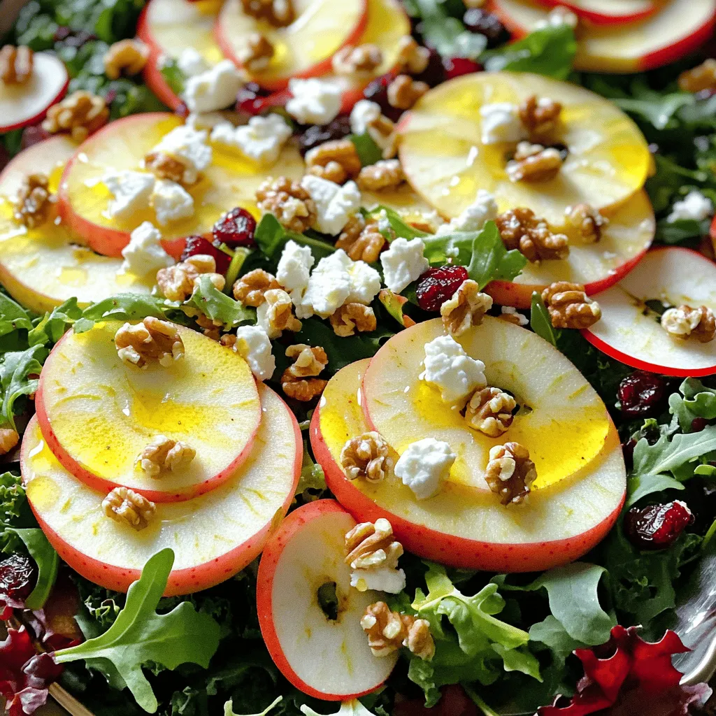 - 2 Honeycrisp apples, thinly sliced - 4 cups mixed salad greens (including arugula, spinach, and kale) - 1/2 cup crumbled feta cheese - 1/4 cup toasted walnuts, coarsely chopped - 1/4 cup dried cranberries - 3 tablespoons extra virgin olive oil - 2 tablespoons apple cider vinegar - 1 tablespoon honey - Salt and freshly ground pepper to taste Honeycrisp apples are juicy and sweet. They offer fiber and vitamins. Mixed greens like arugula, spinach, and kale are rich in nutrients. They support your bones and skin. Feta cheese adds protein and calcium for strong bones. Walnuts provide healthy fats and boost heart health. Dried cranberries add antioxidants, which help your immune system. Olive oil is a good fat that aids digestion. Apple cider vinegar may support blood sugar levels. Honey adds natural sweetness and has antibacterial properties. This salad is a healthy choice! When choosing Honeycrisp apples, look for bright color. The skin should be smooth and firm. Avoid apples with bruises or soft spots. A sweet scent often means the apple is ripe. Choose apples that feel heavy for their size. This usually means they are juicy. Fresh Honeycrisp apples will give your salad a crisp bite. Enjoy their unique flavor in your salad! Start by placing the mixed salad greens in a large bowl. Use arugula, spinach, and kale for great flavor and nutrition. These greens create a fresh base for your salad. You want a mix that is both crunchy and tender. This balance enhances the overall taste. Next, layer the Honeycrisp apple slices over the greens. Thin slices look nice and are easy to eat. Spread them out evenly, so each bite has apple flavor. Then, sprinkle crumbled feta cheese on top. Its creamy texture contrasts well with the crisp apples. Add toasted walnuts for crunch and dried cranberries for sweetness. Each ingredient adds its own special touch. In a small bowl, mix the olive oil, apple cider vinegar, honey, salt, and pepper. Whisk these together until they blend well. The dressing should be smooth and flavorful. This tangy dressing brings the salad together. Drizzle it over the salad just before serving. Gently toss everything with tongs. Be careful not to bruise the apple slices. Taste the salad and adjust the seasoning if needed. Check the [Full Recipe] for more detailed instructions on this tasty dish. To make the best dressing, use fresh ingredients. Measure out three tablespoons of olive oil. Then, add two tablespoons of apple cider vinegar. Next, mix in one tablespoon of honey. This balance of flavors is key. Whisk them together until the mixture is smooth. Taste it to see if you need more salt or pepper. Adjust as needed to suit your taste. Many people forget to wash greens before use. Rinse the salad greens well to remove dirt. After washing, dry them using a salad spinner or paper towels. This step keeps the salad from getting soggy. Also, cut the Honeycrisp apples just before serving. This keeps them crisp and fresh. Browning apples can spoil the look and taste. When tossing your salad, be gentle. Use tongs or two large spoons. Start from the bottom and lift up the greens. This technique mixes the ingredients without crushing them. If you toss too hard, you risk bruising the apples. Toss just before serving for the best texture. This way, everything stays fresh, and the flavors blend perfectly. For the full recipe, check out the earlier sections. {{image_4}} You can boost your Honeycrisp apple feta salad with protein. Grilled chicken adds flavor and makes it more filling. You can also use shrimp or chickpeas for a tasty twist. For a vegetarian option, try adding hard-boiled eggs. Each of these choices makes the salad hearty and satisfying. Mixing different nuts and fruits can change the salad's taste. Instead of walnuts, use pecans or almonds for a different crunch. You can also swap dried cranberries for raisins or chopped dates. These tweaks will keep your salad exciting and fresh. If you want a vegan version, skip the feta cheese and use avocado instead. It adds creaminess and healthy fats. For a gluten-free option, ensure your dressing is free from gluten. This way, everyone can enjoy this vibrant salad without worry. To keep your Honeycrisp Apple Feta Salad fresh, store it in an airtight container. This helps prevent wilting and keeps flavors bright. If you have dressing left, store it separately. This way, your salad won’t get soggy. Enjoy leftovers within two days for the best taste. To keep your Honeycrisp apples crisp, store them in the fridge. Apples like cool and humid places. Place them in a plastic bag with holes to allow airflow. Avoid keeping them near strong-smelling foods, as apples can absorb odors. This keeps their sweet, fresh flavor intact. To store feta cheese, place it in a container with a lid. Cover it with brine if possible. This keeps the cheese moist and flavorful. If you have crumbled feta, wrap it tightly in plastic wrap. Use it within a week for the best quality. For more details on making this salad, check the Full Recipe. Yes, you can make Honeycrisp Apple Feta Salad ahead of time. However, I suggest keeping the dressing separate until you are ready to serve. This helps keep the salad fresh and crisp. You can slice the apples and mix the greens. Store them together in an airtight container in the fridge. Just remember to add the feta, nuts, and dressing right before serving for the best taste. You can use several cheeses if you want to switch things up. Goat cheese adds a soft, creamy texture. Blue cheese gives a strong, tangy flavor. Parmesan works well, too, and adds a salty kick. Each cheese transforms the salad, giving you new flavors to enjoy. Feel free to try what you like best! To change the sweetness of the dressing, you can add or reduce honey. If you want it sweeter, add more honey, a teaspoon at a time. If you prefer less sweetness, use less honey or skip it altogether. You can also try using lemon juice to balance the flavors. This will give you a zesty taste without making it too sweet. This article covered how to create a Honeycrisp Apple Feta Salad. We explored the key ingredients, their health benefits, and tips for choosing the best apples. You learned step-by-step instructions for the salad and dressing. We discussed ways to avoid common mistakes and shared fun variations. In conclusion, enjoy experimenting with this dish. Each ingredient offers unique flavors and benefits. Make it your own, and enjoy the process! Keep your salad fresh and fun for everyone.