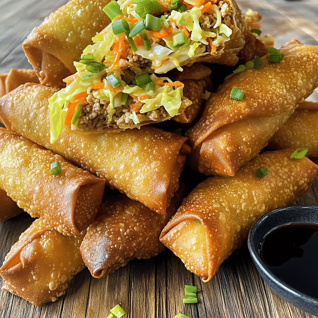 For the best homemade egg rolls, I use a few key ingredients: - 1 pound ground chicken or turkey - 2 cups coleslaw mix - 2 green onions, finely chopped - 2 cloves garlic, minced - 1 teaspoon fresh ginger, grated Ground chicken or turkey gives a nice flavor and texture. The coleslaw mix adds crunch and color. Green onions bring a fresh taste, while garlic and ginger enhance the overall flavor. Next, I add some essential seasonings and oils: - 2 tablespoons soy sauce - 1 tablespoon sesame oil - 1 teaspoon salt - 1/2 teaspoon freshly ground black pepper Soy sauce gives a savory kick. Sesame oil adds a nutty aroma. Salt and pepper balance the flavors perfectly. The wrappers are key to the egg rolls: - You can find egg roll wrappers in most grocery stores. - Look for them in the refrigerated section. You have a choice of thin or thick wrappers. Thin wrappers give a crispier bite, while thicker ones can hold more filling. Either works well for a great homemade treat. For the full recipe, check the sections above. Start by heating 1 tablespoon of sesame oil in a large skillet over medium heat. Once the oil is hot, add 2 cloves of minced garlic and 1 teaspoon of grated ginger. Sauté this mixture for about 1 minute. You want the aroma to fill your kitchen, but be careful not to let it brown. Next, add 1 pound of ground chicken or turkey to the skillet. Use a wooden spoon to break the meat apart as it cooks. Stir it continuously for about 5-7 minutes. Your goal is to get the meat nicely browned and fully cooked. This step is key for flavor. Once the meat is cooked, stir in 2 cups of coleslaw mix and 2 chopped green onions. Add 2 tablespoons of soy sauce, 1 teaspoon of salt, and 1/2 teaspoon of black pepper. Cook this mixture for another 2-3 minutes. You want the veggies soft, yet still a bit crisp. After this, take the skillet off the heat and let the filling cool slightly. Now it’s time to roll! Lay an egg roll wrapper on a clean surface with one corner pointing toward you. Spoon about 2 tablespoons of the filling into the center. Fold the bottom corner over the filling, then fold the left and right sides inward. Carefully roll it away from you. Seal the top corner with a dab of water. Repeat this process until you run out of wrappers or filling. In a deep pan or fryer, heat oil to 350°F (175°C). Carefully add a few egg rolls at a time to the hot oil. Make sure not to overcrowd the pan. Fry each egg roll for about 3-4 minutes. You want them golden brown and crispy. Use a slotted spoon to remove them and let them drain on paper towels. Serve your egg rolls warm. Pair them with sweet and sour sauce or soy sauce for dipping. Arrange them nicely on a plate for a great presentation. Enjoy your crispy and flavorful homemade egg rolls! For the full recipe, check out the section above. To fry egg rolls perfectly, keep a close eye on the oil temperature. I recommend a frying temperature of 350°F (175°C). This heat ensures the egg rolls cook evenly and turn golden brown. When the oil is too cool, the rolls will soak up oil and become greasy. If it's too hot, they can burn before cooking through. To avoid oil splatter, use a deep pan or fryer. Fry in small batches. This method reduces the chance of splatter and helps maintain the oil's heat. A splatter guard can also help keep your kitchen clean while you fry. One common mistake is overfilling the wrappers. This can lead to spills during frying. Stick to about 2 tablespoons of filling per wrapper. It keeps your egg rolls neat and easy to seal. Not sealing the rolls properly is another issue. Make sure to dampen the top corner with water before sealing. This step helps the wrapper stick together while frying. A good seal prevents the filling from leaking out. To boost the taste of your egg rolls, consider add-ins. You can mix in mushrooms, bell peppers, or even water chestnuts for extra crunch. These ingredients add depth and variety to your filling. You can also experiment with different seasonings. Try adding a splash of rice vinegar for tanginess or a dash of chili flakes for heat. Fresh herbs like cilantro or basil can add brightness. Feel free to play with flavors to make your egg rolls unique! For the full recipe, check out the Full Recipe section. {{image_4}} You can switch up the protein in your egg rolls for fun. Shrimp adds a sweet and juicy bite. Just chop the shrimp into small pieces, then sauté them like the chicken. Tofu is a great choice for a vegetarian option. Use firm tofu, drain it well, and crumble it into the mix. This way, you can enjoy tasty egg rolls without meat. - Shrimp: Sweet, juicy, and light. - Tofu: Soft, filling, and a great meat alternative. - Vegetarian Options: Use tofu or skip the protein altogether. The vegetables can change your egg roll game. You can swap out the coleslaw mix for different types of cabbage. Napa cabbage gives a nice crunch, while Savoy cabbage adds a tender touch. You can also mix in other veggies to boost flavor and texture. Try bell peppers, carrots, or mushrooms for variety. - Napa Cabbage: Crunchy and fresh. - Savoy Cabbage: Tender and flavorful. - Alternative Mixes: Bell peppers, carrots, mushrooms for more color and taste. Want to spice things up? You can add chili sauce to the filling for a kick. Just blend it in with the soy sauce. Fresh herbs like cilantro or basil can add more depth. Try adding chopped scallions for a nice onion taste. This gives your egg rolls a bright and fresh twist. - Spicy Variations: Add chili sauce for heat. - Fresh Herbs: Use cilantro or basil for brightness. - Seasoning Ideas: Mix in scallions for a rich flavor boost. Experiment with these variations to create your own perfect egg rolls! For the base recipe, check out the Full Recipe. To keep leftover egg rolls fresh, store them in the fridge. Place them in an airtight container. This helps prevent them from drying out. If you do not have an airtight container, wrap them tightly in plastic wrap. Make sure they stay together and do not touch other foods. If you want to save egg rolls for later, freezing is a great option. First, place them in a single layer on a baking sheet. Freeze them for about two hours. Once frozen, transfer the egg rolls to a freezer bag. Remove as much air as possible before sealing. For reheating, bake them at 400°F (200°C) for 15-20 minutes. This will help them stay crispy. In the fridge, homemade egg rolls last about three to four days. If you keep them properly stored, they stay tasty. However, watch for signs of spoilage. If they smell bad or feel sticky, it's best to throw them out. Always trust your senses when it comes to food safety. To make egg rolls crispy, I focus on the oil temperature. Heat the oil to 350°F (175°C). This high heat cooks the outside fast, creating a crunch. Avoid overcrowding the pan; fry only a few at a time. This keeps the heat steady. Fry them for about 3-4 minutes until golden brown. Lastly, let them drain on paper towels to absorb extra oil. Yes, you can bake egg rolls. Preheat your oven to 425°F (220°C). Place the egg rolls on a baking sheet lined with parchment. Brush them lightly with oil to help them crisp up. Bake for about 20-25 minutes, flipping halfway through. They may not be as crispy as fried ones, but they will still taste great! Egg rolls pair well with many sauces. Sweet and sour sauce is a classic choice. Soy sauce adds a salty kick. You can also try making a simple dipping sauce by mixing soy sauce, rice vinegar, and a hint of sesame oil. For a spicy option, add some chili sauce. These sauces enhance the flavors of the egg rolls. Yes, you can prepare the filling in advance. Cook the filling and let it cool. Once cool, store it in an airtight container in the fridge for up to two days. This saves time when you’re ready to roll and fry. Just remember to let it come to room temperature before using it. To reheat leftover egg rolls and keep them crispy, use an oven. Preheat it to 375°F (190°C). Place the egg rolls on a baking sheet for about 10-15 minutes. This method helps retain the crunch. You can also use an air fryer for about 5-7 minutes. Avoid the microwave, as it can make them soggy. For the full recipe, check out "Crispy Delight: The Best Homemade Egg Rolls!" Making egg rolls is a fun and rewarding task. You learned how to prepare tasty fillings, assemble them perfectly, and fry them until crispy. Remember to experiment with different proteins and veggies to suit your taste. Use the tips shared to avoid common mistakes and ensure success each time. Store leftovers correctly and enjoy them later. Whether you are a novice or an expert, these recipes can bring joy to your table. Dive in and have fun creating your perfect egg roll!