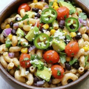 To make Mexican macaroni salad, you will need: - 2 cups elbow macaroni - 1 cup cherry tomatoes, halved - 1 cup canned black beans, rinsed and drained - 1/2 cup corn (canned or frozen, thawed if frozen) - 1/2 red onion, finely chopped - 1 ripe avocado, diced - 1/2 cup fresh cilantro, chopped - 1 jalapeño, finely chopped (optional, adjust for heat preference) - 1/4 cup freshly squeezed lime juice - 1/4 cup extra virgin olive oil - 1 teaspoon ground cumin - Salt and pepper to taste - Crumbled Cotija cheese for topping (optional) Using fresh and quality ingredients makes a big difference. Fresh veggies taste better and add color. Good pasta helps the texture. Quality olive oil enhances the flavor. Fresh lime juice brightens the dish. Always choose ripe avocados and sweet tomatoes. When you use quality ingredients, your salad shines. You can switch some ingredients if needed. For a gluten-free option, use gluten-free pasta. If you can't find Cotija cheese, try feta or goat cheese. No jalapeños? Use bell peppers for sweetness. You can add more veggies like bell peppers or zucchini. Have fun with the recipe and use what you love. To start, fill a large pot with water. Add a pinch of salt and bring it to a boil. Once boiling, add 2 cups of elbow macaroni. Cook the macaroni for about 8 to 10 minutes. You want it to be al dente, which means it should still have a slight bite. When it's done, drain the macaroni in a colander. Rinse it under cold water to stop the cooking. This will help keep it from getting mushy. Next, grab a big mixing bowl. In this bowl, combine the cooled macaroni with other fun ingredients. Add 1 cup of halved cherry tomatoes. Then, mix in 1 cup of canned black beans that you rinsed and drained. Toss in 1/2 cup of corn, either canned or frozen. Chop 1/2 a red onion finely and add that too. Don't forget 1 ripe avocado, diced nicely. For some fresh flavor, add 1/2 cup of chopped cilantro. If you like it spicy, include 1 finely chopped jalapeño. Now, let's whip up the dressing. In a small bowl, squeeze the juice from 1 lime, about 1/4 cup. Add 1/4 cup of extra virgin olive oil to make it rich and smooth. Mix in 1 teaspoon of ground cumin for a warm spice. Lastly, add a sprinkle of salt and pepper to taste. Whisk everything together until it blends well. Pour the dressing over the mixing bowl with your salad ingredients. Gently toss everything together. Make sure every piece of macaroni and veggie gets a nice coating of that tasty dressing. If you want the flavors to blend more, cover the salad and let it chill in the fridge for about 30 minutes. When you're ready to serve, dish the salad onto plates. If you like, sprinkle some crumbled Cotija cheese on top for extra flavor. For a pretty touch, add more cilantro or a lime wedge on the side. This salad not only looks good but tastes amazing too! To make this salad burst with flavor, use fresh ingredients. Ripe avocados and sweet cherry tomatoes add taste. Lime juice brings a bright zing. Ground cumin gives warmth and depth. Toss the salad gently so all ingredients blend well. Letting the salad chill for 30 minutes helps flavors mix. This salad is perfect for meal prep. Make a big batch and store it in the fridge. Use airtight containers to keep it fresh. Pack some in a lunch box for a tasty meal. If you want it to last longer, add the dressing just before eating. This way, the salad stays crisp and fresh. Presentation matters! Use a colorful bowl to serve your salad. Top it with crumbled Cotija cheese for a creamy finish. Add extra cilantro for a pop of green. A lime wedge on the side adds brightness and looks great. For a fun touch, serve with tortilla chips for crunch. For the full recipe, check out the details above. {{image_4}} You can easily make this salad vegetarian or vegan. Simply skip the Cotija cheese for a vegan option. You can also add more veggies like bell peppers or zucchini. These add color and crunch. Use a vegan dressing or make a simple one with olive oil and lime. If you like heat, add more jalapeño. You can also try diced serrano peppers for extra spice. For a smoky flavor, add a pinch of smoked paprika. This gives your salad a fun twist. Top with spicy salsa for an extra kick. Feel free to mix in other ingredients. Try adding grilled chicken or shrimp for protein. You can also toss in olives or diced cucumber for a fresh taste. Experiment with different beans like pinto or kidney. Each adds a new flavor to your salad. Check out the Full Recipe for more ideas! To keep your Mexican macaroni salad fresh, store it in an airtight container. This helps prevent moisture loss and keeps flavors intact. Make sure the salad is cool before sealing it. If you want to keep the avocado green, squeeze a little lime juice on it before storing. When stored properly, your Mexican macaroni salad can last up to three days in the fridge. However, the freshness of the ingredients may change over time. The avocado can brown, and the texture of the pasta may soften. Always check for any off smells or colors before eating. When reheating, avoid using a microwave if possible. Instead, gently warm the salad in a skillet over low heat. This helps maintain the salad's texture. If the salad seems dry, add a splash of lime juice or olive oil to revive it. Toss well before serving to ensure even flavor. Yes, you can make this salad ahead. I suggest preparing it a few hours in advance. This way, the flavors mix well. Just keep it in the fridge until you are ready to serve. If you cannot find Cotija cheese, try feta or queso fresco. Both add a nice salty taste. They also give a similar texture to the salad. Freezing this salad isn't the best idea. The pasta can become mushy when thawed. It’s best enjoyed fresh or stored in the fridge for a few days. Pair this salad with grilled chicken or fish. You could also serve it with tortilla chips and salsa. These sides complement the flavors well and make a great meal. In this blog post, we explored how to make a delicious Mexican Macaroni Salad. We covered key ingredients, emphasizing freshness and quality. You learned step-by-step instructions for cooking and combining the salad. I also shared tips for flavor and presentation. Remember, you can customize this salad with variations and easy meal prep ideas. Keep these storage tips in mind to enjoy leftovers. Try this salad at your next gathering and impress your guests with bold flavors!