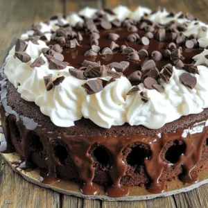 - 1 box chocolate cake mix - 1 cup brewed coffee (cooled to room temperature) - 1 can (14 oz) sweetened condensed milk The main ingredients for this cake are simple yet powerful. The chocolate cake mix gives a rich base. Adding brewed coffee enhances the chocolate flavor. Sweetened condensed milk acts as a delicious filling, soaking into the cake for extra moisture. - 1 cup chocolate fudge sauce (store-bought or homemade) - 1 cup heavy whipping cream - A handful of chocolate shavings or chocolate chips Toppings make this cake shine. Chocolate fudge sauce adds a sweet, gooey layer. Whipped cream brings a light texture that contrasts the dense cake. Chocolate shavings or chips add crunch and beauty to the final dish. - Different cake mixes (vanilla, red velvet, etc.) - Additional flavored extracts - Fresh fruits or nuts Customization is fun! You can swap the chocolate cake mix for vanilla or red velvet. A splash of flavored extract can add a new twist. Fresh fruits or nuts can also add texture and flavor, making each bite unique. For the complete recipe, check out the Full Recipe. Begin by preheating your oven to 350°F (175°C). This step is key for even baking. Next, take a 9x13 inch baking pan. Generously grease and flour it to prevent sticking. This will help you serve the cake later without any hassle. In a large mixing bowl, combine the chocolate cake mix, cooled brewed coffee, eggs, and vegetable oil. Use an electric mixer at medium speed. Mix for about 2 minutes until everything is smooth and well combined. Now, carefully pour the cake batter into your prepared pan. Use a spatula to smooth it out evenly. Then, place it in the oven and bake for 30-35 minutes. To check if it’s done, insert a toothpick into the center. If it comes out clean, the cake is ready. Once baked, remove the cake from the oven. Let it rest in the pan for about 10 minutes to cool. After that, take the end of a wooden spoon or a fork. Poke holes all over the top of the cake. Be generous with the holes so the filling can seep in. In a separate bowl, mix the sweetened condensed milk and chocolate fudge sauce. Blend them until fully combined. Pour this mixture evenly over the warm cake. Make sure it fills all the holes you created. Allow the cake to cool completely on a wire rack. While the cake cools, whip the heavy cream in a medium bowl using an electric mixer. Mix until it starts to thicken. Then, add the powdered sugar and vanilla extract. Continue whipping until soft peaks form. Once the cake is cool, spread the whipped cream evenly over its top. For a final touch, sprinkle chocolate shavings or chips on top. If you want to make it look fancy, drizzle some extra chocolate fudge sauce over the whipped cream. Now your Death By Chocolate Poke Cake is ready to chill in the refrigerator for 1-2 hours. This extra time allows all the flavors to blend perfectly. You can find the full recipe online if you need more details. Mixing time is key when making this cake. Blend the ingredients just right to avoid a tough texture. Overmixing can make the cake dense and dry. Aim for about two minutes on medium speed. This ensures the batter is smooth but not overworked. Let the cake cool completely before adding the filling. This step helps the cake absorb the chocolate mixture better. If you add it too soon, the filling can make the cake soggy. Allowing the cake to cool also helps maintain its structure. To make perfect whipped cream, aim for soft peaks. Start by whipping the heavy cream until it thickens. Then, add powdered sugar and vanilla extract. Keep whipping until the cream holds its shape but is still soft. Stabilizing your whipped cream is a smart move. You can do this by adding a bit of powdered sugar. This helps the cream hold its form longer, especially if you plan to serve the cake later. Avoid overmixing the batter. It might seem harmless, but it can ruin the cake's lightness. Remember, a gentle hand is best here. Don't forget to poke enough holes in the cake. These holes let the chocolate filling seep in. If you skip this step, the cake won’t be as rich and flavorful. Use the end of a wooden spoon or a fork for this task. Make sure the holes are deep enough to soak up all the goodness from the filling. For the Full Recipe, check out the complete instructions to create this delicious dessert! {{image_4}} You can easily customize your Death By Chocolate Poke Cake to suit your taste. One fun option is to add espresso powder. This gives a nice coffee flavor that pairs well with chocolate. Just mix in a tablespoon of espresso powder into your cake batter for a rich twist. Another option is to swap chocolate fudge with caramel. Using caramel adds a sweet, buttery taste. It creates a new layer of flavor that makes the cake even more special. Pour the caramel mixture over the cake to fill those holes. For those with dietary needs, you can make this cake gluten-free. Simply use a gluten-free chocolate cake mix. Most brands work well, and they taste great. You won’t miss the gluten at all. If you need a dairy-free version, switch the heavy cream with coconut cream. It whips up nicely and adds a light coconut taste. Also, use dairy-free chocolate fudge sauce for the filling. You can also create themed versions of this cake. For holiday cheer, try adding peppermint extract for Christmas. This gives a cool, minty flavor that pairs perfectly with chocolate. In the summer, consider adding fresh raspberries. They add a bright, fruity note that contrasts well with the rich chocolate. Just sprinkle them on top of the whipped cream for a pop of color and flavor. Feel free to explore these variations and make this dessert your own! For the full recipe, check out the Death By Chocolate Poke Cake section. To keep your Death By Chocolate Poke Cake fresh, store it in the fridge. Cover it with plastic wrap or aluminum foil. You can also use an airtight container. This helps keep the cake moist and tasty. The cool air in the fridge slows down spoilage. Make sure to eat it within a few days for the best flavor. If you want to save some cake for later, freezing is a great option. Cut the cake into individual slices. Wrap each slice tightly in plastic wrap. Then, place them in a freezer-safe bag or container. When you're ready to enjoy, take a slice out and let it thaw in the fridge. This keeps the cake from getting soggy. It’s best to eat the frozen cake within three months for the best quality. In the fridge, your cake will last about 4 to 5 days. Look for signs of spoilage like mold or an off smell. If the cake starts to look dry or tough, it’s time to toss it. Make sure to check it before each serving. Proper storage helps maintain the delicious taste of this rich dessert. For the full recipe, check out the cooking guide. If you don't have brewed coffee, don't worry! You can use milk or water instead. Milk will give a nice creaminess to the cake. Water will work too, but it might not add as much flavor. Yes, you can make this cake ahead of time! Bake it, poke holes, and add the filling. Then, cover it and store it in the fridge. You can whip the cream and add it just before serving. This way, your cake stays fresh and delicious. Want more chocolate? You can add chocolate chips to the batter. You can even use dark chocolate fudge sauce instead of regular. Another great option is to sprinkle cocoa powder over the whipped cream. These tips will make your cake even richer in flavor! For the perfect presentation, cut the cake into nice squares. Place each piece on a dessert plate. You can drizzle some extra chocolate fudge sauce around each slice. This makes it look fancy and even more tempting! For a pop of color, add fresh berries on the side. Enjoy! Death By Chocolate Poke Cake is a rich and joyful treat. We explored key ingredients, like chocolate cake mix, coffee, and sweetened condensed milk. I shared tips for perfect texture and common mistakes to avoid. Variations make it fun, with options for dietary needs and seasonal flavors. Lastly, proper storage keeps this cake fresh for longer. Enjoy your baking journey as you create this delightful dessert! Trust me, it’s worth it.
