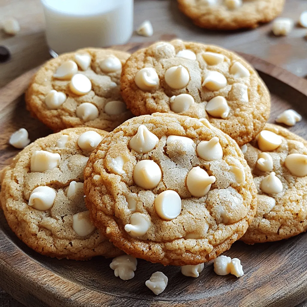 To make soft and chewy white chocolate chip cookies, gather these key ingredients: - 1 cup unsalted butter, softened to room temperature - 3/4 cup granulated sugar - 3/4 cup packed light brown sugar - 2 large eggs, at room temperature - 2 teaspoons pure vanilla extract - 1/4 teaspoon almond extract - 2 1/4 cups all-purpose flour - 1 teaspoon baking soda - 1/2 teaspoon fine sea salt - 1 cup white chocolate chips - 1/2 cup chopped macadamia nuts (optional for added crunch) These ingredients work together to create a cookie that is both soft and chewy. The butter gives richness, while the sugars create a sweet, tender base. Eggs add moisture and help bind the dough. The vanilla and almond extracts enhance the flavor, making each bite special. The flour and baking soda provide structure and lift to the cookies. White chocolate chips melt beautifully, offering a sweet contrast. If you choose to add macadamia nuts, they add a nice crunch that complements the creamy chocolate. You can find the full recipe at the end of this article, so you can easily create these delightful treats at home! - Preheat oven to 350°F (175°C). - Line baking sheets with parchment paper. Start by warming your oven. This helps the cookies bake evenly. The parchment paper makes cleaning easy. It also stops the cookies from sticking. - Combine and cream butter and sugars. - Beat in eggs and extracts. In a bowl, mix softened butter, granulated sugar, and brown sugar. Use an electric mixer and blend until it’s fluffy. This step makes your cookies light. Next, add the eggs one at a time. Beat well after each egg. Then mix in vanilla and almond extracts for extra flavor. - Whisk flour, baking soda, and salt. - Incorporate dry ingredients into wet mixture. In another bowl, whisk the flour, baking soda, and salt. This helps mix the dry parts well. Slowly add this mix to the wet ingredients. Stir gently to combine. Be careful not to overmix. This keeps your cookies soft and chewy. - Fold in white chocolate chips and nuts. - Scoop dough onto baking sheets. Now, fold in the white chocolate chips. If you like, add chopped macadamia nuts too. They give a nice crunch. Use a cookie scoop to drop dough onto the baking sheets. Space them about 2 inches apart for even baking. - Bake for 10-12 minutes. - Cooling instructions. Bake your cookies for 10 to 12 minutes. Look for lightly golden edges. The centers should be a bit soft. This keeps them chewy. After baking, let them cool on the sheets for 5 minutes. Then, move them to a wire rack. This helps them cool completely. For the full recipe, check the earlier section. Enjoy your soft and chewy white chocolate chip cookies! The right temperature of your ingredients is key. Use softened butter at room temperature. Cold butter can make your cookies hard. Room-temperature eggs also help the dough mix well. Mixing the dough too much can ruin the texture. Once you add flour, stir just until combined. This keeps your cookies soft and chewy. For a unique twist, add a bit of almond extract. Just 1/4 teaspoon can elevate the flavor. You might also consider adding some citrus zest. Lemon or orange zest adds a bright note to your cookies. Feel free to experiment with other flavorings to match your taste. Look for cookies that are lightly golden on the edges. The centers should look a bit underbaked. This look means they will stay soft. If you find your cookies too doughy, adjust the bake time. Each oven is different, so check them a minute or two earlier. You want the perfect soft and chewy texture every time. {{image_4}} You can switch up the flavor of your cookies. Try using dark chocolate chips or milk chocolate chips instead of white chocolate. Each type gives a different taste. You can also add nuts like walnuts or pecans for crunch. Dried fruits, like cranberries or raisins, add a nice chew and sweetness. If you need gluten-free cookies, swap the all-purpose flour for a gluten-free blend. Just check that your chocolate chips are also gluten-free. For vegan options, use a plant-based butter and substitute eggs with flax eggs or applesauce. Both swaps keep the cookies soft and chewy. You can get creative by making cookie sandwiches. Use two cookies and fill them with frosting or ice cream. These treats are fun to share and enjoy. You can also crumble cookies on top of ice cream sundaes. This adds great texture and flavor to your dessert. For the complete recipe, check out the [Full Recipe]. To keep your soft and chewy white chocolate chip cookies fresh, store them at room temperature. Place the cookies in an airtight container. This keeps them soft and moist. If you stack them, put parchment paper between layers to avoid sticking. You can freeze cookie dough for later baking. To do this, scoop the dough into balls and place them on a baking sheet. Freeze until solid, then transfer them into a zip-top bag. This way, you can bake fresh cookies anytime! When you're ready, just take out the dough and let it thaw in the fridge. Bake them directly from frozen, adding a minute or two to the bake time. Your cookies will stay fresh for about a week at room temperature. Look for signs of spoilage, like a hard texture or off smell. If they become hard, warm them in the microwave for a few seconds. This will bring back their soft texture. Enjoy your treats from the [Full Recipe] while they last! To make your cookies softer, adjust some ingredients. Use more brown sugar than white sugar. Brown sugar has more moisture, which helps. You can also add an extra egg yolk. This adds richness and moisture to the dough. Bake for a shorter time, too. Pull them out when they still look a bit underbaked. They will continue to cook on the tray. Yes, you can substitute the white chocolate chips. Dark chocolate or milk chocolate chips work great. You can also try butterscotch or peanut butter chips for a twist. Adding nuts, like pecans or walnuts, can add crunch and flavor. Mix and match to find your favorite combo! Cookies can spread too much for a few reasons. If your butter is too warm, it can melt quickly. Make sure to use softened butter, not melted. Also, check your flour measurement. Too little flour can cause spreading. Chill your dough for at least 30 minutes before baking. This helps keep their shape. Yes, you can make the dough ahead of time. Prepare the dough and wrap it well in plastic wrap. You can store it in the fridge for up to 3 days. For longer storage, freeze the dough for up to 3 months. When you’re ready to bake, let it thaw in the fridge overnight. Leftover cookies can become a fun treat! If they go stale, crumble them into a topping for ice cream. You can also use them in a dessert like trifle. Another idea is to blend them into milkshakes for a tasty twist. Get creative and enjoy every bite! These cookies are simple to make, filled with yummy flavors, and fun to bake. You learned the key ingredients, steps, and tips for the perfect texture. Remember, you can adjust flavors or try new add-ins to match your taste. Proper storage will keep them fresh, and you can even freeze dough for later use. Enjoy making these cookies as a treat or gift. Happy baking!