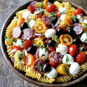 To make a delicious Easy Italian Antipasto Pasta Salad, you'll need fresh, vibrant ingredients. Here’s what you need: - 8 ounces rotini or fusilli pasta - 1 cup cherry tomatoes, halved - 1 cup small mozzarella balls (bocconcini) - 1 cup salami, cut into thin strips - 1/2 cup black olives, pitted and sliced - 1/2 cup roasted red peppers, diced - 1/4 cup red onion, finely minced - 1/4 cup fresh basil leaves, chopped - 1/4 cup extra virgin olive oil - 2 tablespoons balsamic vinegar - 1 teaspoon Italian seasoning blend - Salt and freshly cracked black pepper to taste When choosing your ingredients, go for the freshest options. The quality of your olive oil can also change the flavor. For a fun twist, you can swap in other ingredients you love. This recipe is flexible and easy to adjust. For the complete recipe, check out the Full Recipe section. Enjoy the process of mixing these lovely flavors together! - First, boil a large pot of salted water. - Add 8 ounces of rotini or fusilli pasta. - Cook until it is al dente, usually about 8 to 10 minutes. - Once done, drain the pasta in a colander. - Rinse it under cold water to stop the cooking. - In a large mixing bowl, add the cooled pasta. - Next, mix in 1 cup of halved cherry tomatoes. - Add 1 cup of small mozzarella balls, sliced salami, and black olives. - Toss in 1/2 cup of diced roasted red peppers and 1/4 cup of minced red onion. - Finish with 1/4 cup of chopped fresh basil. - In a small bowl, whisk together 1/4 cup of extra virgin olive oil. - Add 2 tablespoons of balsamic vinegar and 1 teaspoon of Italian seasoning. - Mix in a pinch of salt and freshly cracked black pepper. - Whisk until the dressing is emulsified and well combined. - Drizzle the dressing over the pasta and vegetable mixture. - Gently toss everything together to coat each piece. - Make sure every ingredient is covered in that flavorful dressing. - Cover the bowl with plastic wrap or use an airtight container. - Chill it in the refrigerator for at least 30 minutes. - This helps the flavors meld and enhances the taste. - Before serving, taste the pasta salad. - Adjust the seasoning if needed with more salt or pepper. - Serve it in a large bowl and enjoy! You can find the full recipe with more details to guide you through each step. - To avoid sticky pasta, use lots of salted water. I suggest a large pot. - Stir the pasta often while cooking. This helps keep it separate. - Cook until al dente, which means firm to the bite. - Check the package for specific cooking times. Timing is key! - Fresh herbs add a great taste. Try adding parsley or oregano for a twist. - Use high-quality olive oil for the best flavor. It makes a big difference. - A splash of lemon juice can brighten the dish. It adds freshness too. - Serve the salad in a colorful bowl. This makes it more inviting. - Add some cherry tomatoes on top for bright color. - Fresh basil leaves can make the dish look fancy. - Drizzle a little balsamic reduction for an elegant touch. For the full recipe, check out the vibrant Italian antipasto pasta salad! {{image_4}} You can easily modify this dish to suit your needs. For a gluten-free option, choose gluten-free pasta. Many brands offer rotini or fusilli shapes made from rice or corn. This way, you can still enjoy the same great taste. If you prefer vegetarian or vegan meals, skip the salami and cheese. Add more veggies instead. Use extra cherry tomatoes, bell peppers, or even artichokes. You can also use vegan cheese made from nuts or tofu. This keeps the dish filling and tasty. Feel free to swap out ingredients to fit your taste. Try different cheeses like feta or goat cheese. These can add a tangy flavor that works well in the salad. For meats, you could use prosciutto or cooked chicken. Each choice brings a unique twist. Seasonal vegetables are a fantastic way to change the dish. In summer, add zucchini or asparagus. In fall, roasted butternut squash adds sweetness. Using what is in season ensures freshness and flavor. You can make your dressing or buy it. Homemade dressing tastes great and is easy to prepare. Just mix olive oil, balsamic vinegar, and seasoning as mentioned in the recipe. If you prefer store-bought, choose a high-quality dressing. Look for options with simple ingredients. You can also try different flavors like Italian or lemon vinaigrette. Each dressing changes the overall taste of the salad. You can find the full recipe for this delightful pasta salad in the earlier section. Enjoy customizing it to your liking! To keep your leftover antipasto pasta salad fresh, use airtight containers. Glass or plastic containers work well. Make sure to seal them tightly. This keeps the flavors in and air out. Store the salad in the refrigerator. It is best to eat it within three days. You can freeze pasta salad, but it may change in texture. The fresh vegetables may become mushy. If you still want to freeze it, pack it in a freezer-safe container. When ready to eat, thaw it in the fridge overnight before serving. Your antipasto pasta salad stays fresh for about three days in the fridge. Look for signs of spoilage. If you see any mold or smell anything off, throw it away. The salad should look bright and colorful. Fresh ingredients make all the difference! You can add many tasty things to your antipasto pasta salad. Here are some ideas: - Artichoke hearts - Pepperoncini or banana peppers - Grated Parmesan cheese - Cooked shrimp or chicken - Sliced radishes for crunch These ingredients will enhance the salad's flavor and texture. Feel free to mix and match based on what you enjoy! Pasta salad can last in the fridge for about three to five days when stored properly. To keep it fresh, place it in an airtight container. Check for any signs of spoilage, like a funny smell or mold. If it looks or smells off, throw it away. Yes, you can prepare this salad a day in advance. Making it ahead allows the flavors to blend well. Just store it in the fridge after tossing. Cover it tightly to keep it fresh. Take it out about 15 minutes before serving to let it warm slightly. Serving antipasto pasta salad is easy and fun. Here are some ideas: - Use a large, colorful bowl to show off the salad. - Add some fresh basil leaves on top for color. - Serve it alongside grilled meats or crusty bread. - It works great as a side dish for picnics or parties. You can even drizzle a bit of balsamic reduction on top for extra flair. Yes, this recipe is great for meal prep. It stores well and is easy to make in large batches. Divide it into single servings in containers. This way, you can grab a healthy lunch or snack during the week. Just remember to keep the dressing separate if you're making it ahead. It helps keep the pasta from getting soggy. For the full recipe, check the earlier section. In this post, we explored how to make a tasty antipasto pasta salad. We covered the key ingredients, cooking methods, and tips to boost flavor. You learned about variations for diets and how to store leftovers properly. Remember, making this salad can be fun and simple. Adjust the ingredients and flavors to fit your taste. Enjoy experimenting and sharing this dish with others!