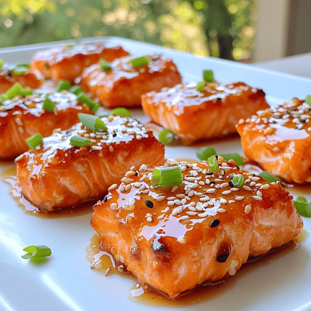 The ingredients for crispy honey garlic salmon bites are simple and easy to find. Here’s what you will need: - 1 pound salmon fillet, skin removed and cut into bite-sized pieces - 1/3 cup honey - 1/4 cup soy sauce (or tamari for gluten-free) - 2 cloves garlic, minced - 1 teaspoon ginger, freshly grated - 1 tablespoon cornstarch - 1/2 teaspoon freshly ground black pepper - 1/4 teaspoon chili flakes (optional for added heat) - 2 tablespoons sesame oil or any cooking oil of your preference - 1 tablespoon finely chopped green onions (for garnish) - Toasted sesame seeds (for garnish) Gather these ingredients before you start cooking. The salmon should be fresh and firm. The honey gives the dish a sweet touch, while soy sauce adds depth. Garlic and ginger bring a nice punch of flavor. The cornstarch is key for that crispy texture. Feel free to adjust the chili flakes based on your spice level. This dish is all about balance. You can find the full recipe in the earlier section, which will guide you through the cooking process. Enjoy creating these tasty bites! First, gather your ingredients. In a medium bowl, mix honey, soy sauce, minced garlic, grated ginger, and black pepper. If you like spice, add chili flakes. Whisk until everything blends well. Next, toss in the salmon pieces. Make sure they are fully coated in the marinade. Cover the bowl and place it in the fridge for 20 minutes. This step helps the salmon soak up all the tasty flavors. After marinating, take the salmon out of the fridge. Drain the salmon pieces and set the marinade aside for later. Now, sprinkle cornstarch over the salmon. Toss them gently to coat each piece evenly. This will give a crispy texture when cooked. Next, heat sesame oil in a skillet over medium-high heat. Wait until the oil shimmers before adding the salmon. Carefully place the salmon bites in the hot skillet. Try not to overcrowd the pan; cook in batches if needed. Fry the salmon for about 3 to 4 minutes on each side. Look for a golden brown color and a crispy surface. Once cooked, take the salmon out and place it on paper towels to absorb excess oil. In the same skillet, pour in the reserved marinade. Bring it to a gentle boil and let it simmer for 2 to 3 minutes. This thickens the sauce, enhancing the flavor. Drizzle the sauce over the crispy salmon bites. Finish with chopped green onions and toasted sesame seeds. Enjoy the deliciousness of your crispy honey garlic salmon bites! For the full recipe, check out the [Full Recipe]. To get that crunchy outside, use cornstarch. It forms a great layer on the salmon. Dust each piece well for the best results. Make sure you don’t overcrowd the pan. When you add too many pieces, they steam instead of fry. This can make them soggy. Cook in batches if needed to keep them crispy. Feel free to change the marinade to suit your taste. If you like it sweeter, add more honey. For a kick, increase the chili flakes. Marinating longer gives deeper flavor. Aim for at least 30 minutes if you can. This extra time helps the salmon absorb all those tasty notes. Serve your crispy honey garlic salmon bites with steamed rice or a light salad. This makes a balanced meal. For a great look, present them on a platter with fresh greens. Drizzle extra sauce on top for flair. Add garnishes like chopped green onions and toasted sesame seeds. They add color and crunch. Check out the Full Recipe for more ideas on how to plate this dish beautifully! {{image_4}} You can swap salmon for other fish or proteins. Try using shrimp, chicken, or tofu for a twist. Each option brings its unique taste and texture. You can also explore different sweeteners in the marinade. Maple syrup or agave can replace honey if you prefer. These choices will still give a sweet flavor while changing the dish. For a fresh twist, add citrus zest to the marinade. Lemon or lime zest brightens the dish and enhances the flavor. You can also incorporate herbs for added aroma and taste. Fresh basil, cilantro, or parsley can give your salmon bites a new depth. These small changes can make a big difference in flavor. Baking or grilling the salmon bites offers a healthier choice. Simply preheat your oven or grill, and cook the salmon until golden. This method cuts down on oil while keeping the bites tasty. You can also use an air fryer for a neater cooking process. It cooks evenly and gives you that crispy texture without much oil. Just set the temperature and time, and enjoy the ease of cooking. For more details, check out the [Full Recipe]. After cooking, let your salmon bites cool. Place them in an airtight container for storage. They last in the fridge for 3 to 4 days. Make sure to keep them covered to avoid drying out. If you want to keep them fresh, eat them quickly. The sooner you enjoy them, the better the taste! To freeze leftovers, first let the salmon bites cool completely. Place them in a freezer-safe bag or container. This way, they will stay fresh for up to 3 months. When you want to eat them, thaw them overnight in the fridge. For reheating, bake or pan-fry them for a few minutes. This will keep them crispy. Storing salmon bites changes their texture. They may lose some of their crispiness over time. The honey garlic flavor remains, but it could taste less fresh. For the best experience, eat them soon after cooking. If you must store them, consider using them in a stir-fry or salad after reheating. This adds new life to your dish! I recommend marinating salmon for at least 20 minutes. This time lets the flavors soak in well. If you can, try to marinate for up to an hour. Longer marinades add deeper flavor, but avoid more than two hours. Too much time can make the salmon mushy. Yes, you can use frozen salmon. Just make sure to thaw it first. The best way is to leave it in the fridge overnight. If you need it faster, you can run it under cold water. Once thawed, follow the same steps as for fresh salmon. This ensures your dish stays tasty. These salmon bites go well with many sides. Here are some great options: - Steamed rice - Quinoa - Fresh salad - Roasted vegetables - Crispy potato wedges These sides balance the sweetness and richness of the salmon. To make this dish gluten-free, swap soy sauce for tamari. Tamari tastes similar but contains no wheat. You can also check that your honey is pure and gluten-free. This way, you can enjoy the same great flavor without gluten. Yes, you can prepare this dish in advance. Marinate the salmon the night before for even better flavor. Cook it just before serving. If you have leftovers, store them in the fridge. They remain good for up to three days. When reheating, do it gently to keep the salmon moist. For the full recipe, check the section above. This blog post shared a simple, tasty recipe for crispy honey garlic salmon bites. You learned how to marinate fish, achieve crispiness, and consider variations. With these tips, you can impress anyone at your table. Keep in mind the storage advice and side dish suggestions for the best experience. Cooking should be fun and rewarding. Now, get in the kitchen and enjoy your meal!