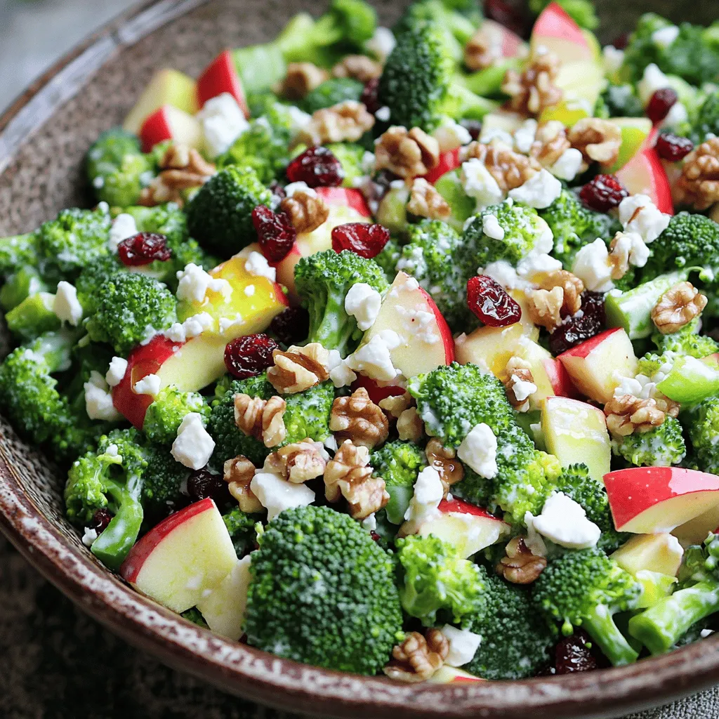 - 2 cups fresh broccoli florets - 1 large Honeycrisp apple, diced - 1/4 cup red onion, finely chopped - 1/2 cup dried cranberries - 1/2 cup walnuts, roughly chopped - 1/4 cup feta cheese, crumbled - 1/3 cup creamy Greek yogurt - 2 tablespoons natural honey - 1 tablespoon apple cider vinegar - Salt and freshly ground black pepper to taste The key to a great Honeycrisp apple broccoli salad lies in the fresh produce. I always choose the freshest broccoli florets to ensure that each bite is crisp and full of flavor. Honeycrisp apples add a sweet crunch, making this salad a delight. The red onion gives it a nice kick, balancing the sweetness. Next, I like to add pantry staples that enhance texture and taste. Dried cranberries offer a chewy sweetness, while walnuts provide a satisfying crunch. The crumbled feta cheese adds a creamy, salty element, creating a beautiful mix of flavors. For the dressing, I prefer a creamy base made from Greek yogurt. It’s tangy and rich without being heavy. Adding natural honey sweetens it up just right. A splash of apple cider vinegar gives the dressing a zesty touch. Finally, I season with salt and black pepper to round it all out. You can find the full recipe for this delicious salad in the previous section. Enjoy making it! - Rinse and cut the broccoli into bite-sized pieces. - Blanch the broccoli in boiling water for 2 minutes. - Transfer the broccoli to an ice bath and drain. To start, I rinse the broccoli florets under cold water. This helps remove any dirt. Then, I cut them into small pieces. Next, I boil water in a pot. I add the broccoli and let it cook for just 2 minutes. This keeps the color bright and the crunch intact. After that, I quickly move the broccoli to an ice bath. This stops the cooking and keeps it crispy. Finally, I drain the broccoli well. I use a clean towel to pat it dry. - Combine cooled broccoli with diced Honeycrisp apple. - Add red onion, dried cranberries, walnuts, and feta cheese. In a big bowl, I mix the cool broccoli with diced Honeycrisp apple. The apple adds a sweet crunch. Next, I toss in finely chopped red onion. This gives a nice bite to the salad. I also add dried cranberries for a pop of color and flavor. Then, I mix in roughly chopped walnuts for some crunch. Lastly, I sprinkle crumbled feta cheese on top. This adds a creamy, salty taste. - Whisk together Greek yogurt, honey, apple cider vinegar, salt, and pepper. - Drizzle dressing over salad and toss gently. For the dressing, I whisk together creamy Greek yogurt, honey, and apple cider vinegar in a small bowl. I add a pinch of salt and freshly cracked pepper to taste. This dressing is smooth and tangy. Then, I drizzle it over the salad mix. I toss everything gently so that all the ingredients are coated. - Cover salad and refrigerate for at least 30 minutes. - Second toss before serving; adjust seasoning if necessary. I cover the salad and place it in the fridge for at least 30 minutes. This time lets the flavors blend nicely. When I’m ready to serve, I give the salad another gentle toss. I taste it to check if it needs more salt or pepper. This simple step ensures the salad is full of flavor. Enjoy your Honeycrisp apple broccoli salad chilled! For the full recipe, check the earlier section. To make the best Honeycrisp Apple Broccoli Salad, start by choosing the freshest Honeycrisp apples. Look for apples that are firm and have a bright color. Avoid any with bruises or soft spots. The right apple adds a sweet crunch that makes this dish shine. Next, blanch the broccoli for optimal crispness. Boil water in a pot and add the broccoli florets. Let them cook for about two minutes. This keeps the bright green color while making the broccoli tender yet crunchy. After blanching, quickly move the broccoli to an ice bath. This step stops the cooking and locks in that fresh taste. Presentation matters! Serve your salad in a large, colorful bowl to make it pop. You can also use individual bowls for a fun touch. This way, everyone gets their own serving, and it looks nice on the table. For added visual appeal, garnish the salad with extra walnut pieces and a sprinkle of feta cheese on top. This not only makes the dish look great but also adds a little extra flavor. Enjoy the vibrant colors and textures that make this salad a feast for the eyes! {{image_4}} You can easily switch up the nuts or seeds in this salad. Instead of walnuts, try pecans or sunflower seeds. Each option adds a unique crunch and flavor. For the cheese, if feta isn’t your favorite, goat cheese works great too. It brings a creamy texture and tangy taste that complements the apples well. Want to boost the salad's protein? Add grilled chicken or chickpeas. They make the dish more filling and hearty. You can also mix in other fruits, like juicy pears or bright oranges. These fruits add sweetness and a burst of color, making your salad even more vibrant. For the full recipe, check out the Honeycrisp Apple Broccoli Salad Delight. To keep your Honeycrisp apple broccoli salad fresh, store it in a tight container. Use a bowl with a lid or plastic wrap. This helps prevent the salad from drying out or absorbing other smells from the fridge. The salad stays fresh for about 3 days. For the best taste, eat it within 1 to 2 days. This salad does not freeze well. The apples and broccoli lose their crispness and texture when thawed. However, you can prepare some elements ahead of time. Chop and store the broccoli and apples separately in the fridge. You can also make the dressing and keep it in a jar. Just mix everything together when you're ready to serve. Yes, you can prepare this salad ahead of time. To keep it fresh, follow these steps: - Make the salad a few hours before you serve it. - Mix all the ingredients except the dressing. - Store the salad in the fridge. - Add the dressing just before serving to keep the salad crisp. If you want a dairy-free option, try these: - Use coconut yogurt for a creamy taste. - Silken tofu blended smooth works well too. - For a lower-fat option, use low-fat sour cream. Yes, this salad is gluten-free. All the ingredients, including Honeycrisp apples and broccoli, do not contain gluten. Always check labels on packaged items, like feta cheese or dried cranberries, to ensure they are gluten-free. This recipe serves four people. Each serving is a good portion size for a side dish. You can easily double the recipe for larger gatherings or meal prep. For the full recipe, refer to the earlier section. This blog post covers a delicious Honeycrisp Apple Broccoli Salad. You learned about fresh produce, pantry staples, and how to make a creamy dressing. I provided clear steps for preparing and serving the salad, along with tips for perfecting it. In conclusion, this salad is a tasty and healthy dish for any occasion. Don’t hesitate to try variations or store it for later. Enjoy the flavors, and share it with friends and family!
