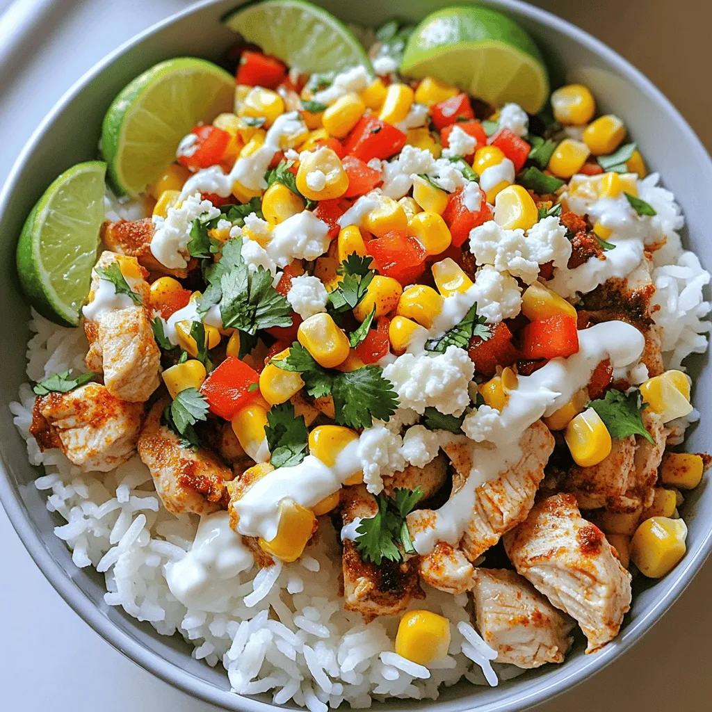 - 2 cups cooked rice (white or brown) - 1 lb boneless chicken breast, diced - 1 can (15 oz) sweet corn, drained and rinsed - 1 large red bell pepper, diced - 1/4 cup fresh cilantro, chopped - Juice of 1 lime (about 1 tablespoon) - 1/4 cup crumbled cotija cheese (or feta cheese) - 2 tablespoons mayonnaise - 1 tablespoon sour cream for tanginess - 1 teaspoon chili powder - 1 teaspoon ground cumin - Salt and pepper to taste When you make the Street Corn Chicken Rice Bowl, use good quality rice as your base. You can choose either white or brown rice. The rice adds heartiness to the bowl. Next, use boneless chicken breast for a lean protein. Dice it into bite-sized pieces for quick cooking. Sweet corn gives a pop of flavor and color. It balances well with the spices. For the veggies, red bell pepper adds crunch and sweetness. Fresh cilantro brings a burst of freshness. Don't forget the lime juice; it adds zing and brightens the dish. Now for the creamy part. Cotija cheese gives a salty punch. If you can't find it, feta works just as well. Mayonnaise and sour cream add creaminess. Together, they make the corn mixture rich and delicious. For spices, chili powder gives heat, while ground cumin enhances the flavor. Salt and pepper bring everything together. This mix of ingredients makes the Street Corn Chicken Rice Bowl a lively and tasty meal. If you're ready to make it, check out the Full Recipe for all the steps! - Heat 2 tablespoons of olive oil in a skillet over medium heat. - Season 1 pound of diced chicken breast with salt, pepper, chili powder, and ground cumin. - Once the oil is hot, add the chicken to the skillet. - Cook the chicken for about 7 to 10 minutes. Stir often until it is golden brown and cooked through. - The chicken is done when it reaches 165°F (75°C). - Remove from heat and set aside to rest. - In a mixing bowl, combine 1 can of drained sweet corn, 1 diced red bell pepper, and 1/4 cup of finely chopped cilantro. - Add 1/4 cup of crumbled cotija cheese, 2 tablespoons of mayonnaise, 1 tablespoon of sour cream, and the juice of 1 lime. - Mix well until all ingredients are blended. Ensure a creamy, flavorful mixture. - Scoop 2 cups of cooked rice into individual bowls as the base. - Layer the cooked chicken on top of the rice. - Spoon the vibrant corn mixture generously over the chicken. - Sprinkle each bowl with extra cilantro for color and flavor. - Serve with lime wedges on the side for an added burst of freshness. Mix all the components together for a delightful bite! For a full recipe, check [Full Recipe]. To keep your chicken tender, you must not overcook it. Cook the chicken until it reaches 165°F. I find that cooking it for 7-10 minutes works best. The chicken should be golden brown and juicy. Remember to let it rest after cooking. This helps the juices stay inside. For the corn mixture, use fresh lime juice. It adds a bright taste. Mix in salt and pepper to boost the flavors. If you like a kick, try adding a pinch of cayenne pepper or smoked paprika. These spices give your dish a new twist. You can also add garlic powder or onion powder for extra flavor. Pair your rice bowl with a light salad. A fresh green salad or coleslaw works well. For drinks, iced tea or a light beer complements the dish nicely. You can also serve it with a refreshing lemonade for a citrusy touch. Enjoy your meal with friends or family for a fun dinner! {{image_4}} If you want a vegetarian twist, you can easily swap the chicken for black beans or grilled veggies. Both options add great texture and flavor. For cheese, you can use queso fresco or omit it completely for a lighter dish. The creamy sauce can still shine through with just mayo and sour cream. Mix things up with spices or sauces! Try taco seasoning or smoked paprika for a new taste. You can also switch to a spicy sauce like sriracha or a sweet sauce like teriyaki. For toppings, think avocado slices, pickled jalapeños, or even crumbled tortilla chips for crunch. These small changes can make a big impact. Don't just stick to bowls! You can turn this meal into a wrap. Use a large tortilla and fill it with all your ingredients. It makes for a fun, portable meal. For meal prep, make each component ahead of time. Store rice, chicken, and corn mix in separate containers. This way, you can mix and match throughout the week. For the full recipe, check out the Street Corn Chicken Rice Bowl recipe! To store leftovers safely, let the dish cool. Place it in an airtight container. This keeps moisture in and germs out. I recommend using glass or BPA-free plastic containers. They are durable and easy to clean. If you want to freeze, separate the components first. Freeze the chicken, corn mixture, and rice in different bags. This way, you can reheat just what you need later. When reheating, use the microwave or stovetop. Add a splash of water to keep it from drying out. In the fridge, this dish lasts about 3-4 days. Always check for signs of spoilage before eating. If it smells off or looks strange, throw it away. Keeping your food safe is key! A Street Corn Chicken Rice Bowl is a fun dish with bold flavors. It combines cooked rice, juicy chicken, and sweet corn. You also get fresh veggies, cheese, and a creamy sauce. The dish has a nice crunch from the corn and a kick from the spices. Yes, you can make this dish gluten-free! Use gluten-free rice and check your mayonnaise for gluten. You can also swap cotija cheese with a gluten-free cheese. This way, you can enjoy the same great taste without the gluten. To make the dish milder, use less chili powder. You can also add more sour cream or mayonnaise for creaminess. If you want it spicier, add more chili powder or some hot sauce. Taste as you go to find your perfect level of heat. In this blog post, we explored the tasty Street Corn Chicken Rice Bowl. We covered the main ingredients like chicken and sweet corn, how to cook them, and tips for great flavor. We also shared variations, storage info, and FAQs for your questions. This dish offers flexibility and can fit many diets. Whether you want a hearty meal or a light bite, this bowl fits the bill. Enjoy creating your version and share it with others. Great food can bring people together.