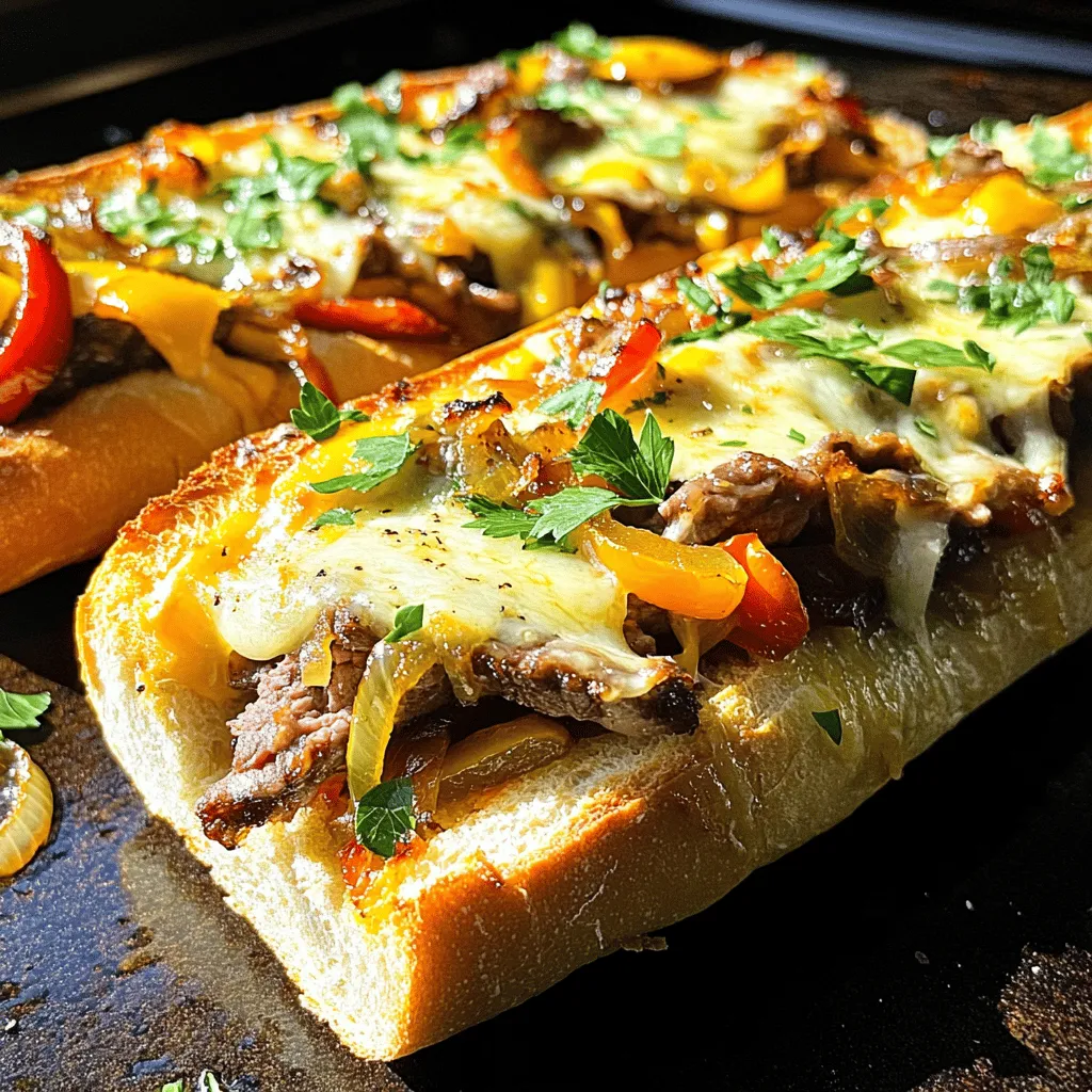 To make this tasty dish, gather the following main ingredients: - 1 large French baguette - 8 ounces ribeye steak, thinly sliced - 1 cup mixed bell peppers, thinly sliced (preferably red, yellow, and green) - 1 cup onion, thinly sliced - 1 cup provolone cheese, shredded - 1 cup mozzarella cheese, shredded - 2 tablespoons olive oil - 1 teaspoon garlic powder - Salt and freshly ground black pepper to taste These ingredients will give you the classic flavor of a Philly cheesesteak. You can add extra flavor with these optional seasonings and garnishes: - Italian seasoning for a herby touch - Red pepper flakes for some heat - Fresh parsley for a fresh look - Sliced jalapeños for an extra kick These additions can enhance your dish and make it more exciting. Choosing the right cheese is key to a great cheesesteak. Here are my top picks: - Provolone: It melts perfectly and has a mild flavor. - Mozzarella: It adds creaminess and stretchiness. - Cheddar: For a sharp and tangy taste. - American cheese: For a classic, gooey texture. Feel free to mix and match these cheeses. The right blend can make your Philly cheesesteak cheesy bread even more delicious. For the full recipe, check out the full recipe link for step-by-step guidance. First, take your large French baguette. Use a serrated knife to cut it in half lengthwise. Lay both halves on a baking sheet, cut side up. This will help the bread crisp up nicely when baked. Heat two tablespoons of olive oil in a large skillet over medium-high heat. Once hot, add one cup of thinly sliced onions and one cup of mixed bell peppers. Sauté for 5-7 minutes. The veggies should become tender and the onions caramelized. After cooking, set them aside on a plate. In the same skillet, add eight ounces of thinly sliced ribeye steak. Season it with one teaspoon of garlic powder, salt, and freshly ground black pepper. Cook for about 3-4 minutes. Stir occasionally to ensure even cooking. The steak should brown while still being tender. Now, it’s time to build your cheesy bread. Evenly layer the cooked ribeye steak on each half of the baguette. Next, add the sautéed onions and bell peppers on top of the steak. Sprinkle one cup of provolone cheese over the filling, followed by one cup of mozzarella cheese. Make sure to cover it well. Preheat your oven to 375°F (190°C). Place the baking sheet with your assembled cheesy bread in the oven. Bake for 10-12 minutes. The cheese should melt and bubble beautifully. After baking, take the cheesy bread out of the oven. Let it cool for a few minutes. Finish by garnishing with finely chopped fresh parsley. Slice it into pieces and serve warm. Enjoy your delicious Philly cheesesteak cheesy bread! For the full recipe, be sure to refer to the earlier section. For this cheesy bread, I love a large French baguette. It has a nice crust and soft inside. This texture holds up well with the toppings. Look for a baguette that feels fresh and sounds hollow when tapped. If it's too soft, it may not hold the filling well. You want something hearty for the steak and cheese. Melted cheese makes this dish special. I recommend using provolone and mozzarella for the best mix. Provolone gives a rich flavor, while mozzarella offers that gooey melt. To get the cheese perfectly melted, layer it thickly on top. Bake it until it bubbles and turns golden brown. Keep an eye on it, so it doesn’t burn! Sautéing your vegetables adds great taste. I like to use bell peppers and onions. First, heat olive oil in a pan over medium-high heat. Add the onions first, as they take longer to cook. After a few minutes, add the bell peppers and cook until they soften. Stir often to prevent burning. This technique brings out the sweet flavors in the veggies. {{image_4}} If you love heat, try adding sliced jalapeños or hot sauce. You can mix them with the onions and peppers while cooking. This adds a nice kick to the dish. You could also sprinkle some crushed red pepper flakes on top before baking. This simple change makes a big difference in flavor. Want a meatless option? Swap the ribeye steak for mushrooms. Portobello or shiitake mushrooms work best. Sauté them just like the steak for that rich taste. Add more veggies, like zucchini or spinach, for extra flavor. Top it all off with your favorite cheeses. This version is just as tasty and satisfying. Cheese is key in this recipe. While provolone and mozzarella are classic choices, you can mix it up. Try adding cheddar for a sharper taste or gouda for creaminess. You can also use pepper jack for a spicy twist. Experiment with different cheese blends to find your favorite. Each combination gives a unique flavor to the cheesy bread. For the Full Recipe, check the section above, where all the details are laid out clearly. To store leftover Philly Cheesesteak Cheesy Bread, let it cool first. Wrap each piece tightly in plastic wrap or foil. Place the wrapped pieces in an airtight container. Store them in the fridge for up to three days. This keeps the bread fresh and prevents it from drying out. When you're ready to enjoy leftovers, preheat your oven to 350°F (175°C). Unwrap the cheesy bread and place it on a baking sheet. Heat it in the oven for about 10-15 minutes. This method keeps the bread crispy and melts the cheese again. Alternatively, you can use a microwave for quick reheating. Just microwave for about 30 seconds, but this may make the bread softer. If you want to make this dish ahead of time, freezing is a great option. After cooking, let the cheesy bread cool completely. Then, wrap it tightly in plastic wrap and foil. You can freeze it for up to three months. When you’re ready to eat, thaw it overnight in the fridge. Reheat it in the oven as described above for the best results. Yes, you can make this cheesy bread ahead of time. Prepare the filling and bread separately. Store them in the fridge. When ready to eat, assemble and bake. This keeps flavors fresh. You can use sirloin, flank steak, or chicken. Each option changes the flavor a bit. However, they all work well in this recipe. Cut them thin like ribeye for best results. This recipe is not gluten-free as it uses a French baguette. However, you can use gluten-free bread. Make sure to check the label to ensure it meets your needs. You can use a stovetop or grill. Cook the filling in a skillet as usual. Then, assemble the bread. Cover the skillet and cook on low. This melts the cheese without an oven. You can find the Full Recipe for Philly Cheesesteak Cheesy Bread in the main article. It has all the details you need to create this delicious dish! This blog post covered all the key steps to make Philly Cheesesteak Cheesy Bread. You learned about the right ingredients, how to cook each part, and tips for perfect bread. I shared fun variations and storage tips to enjoy it later. Make this dish your own by trying different flavors and toppings. It's tasty and fun to share. Happy cooking, and enjoy your cheesy creation!