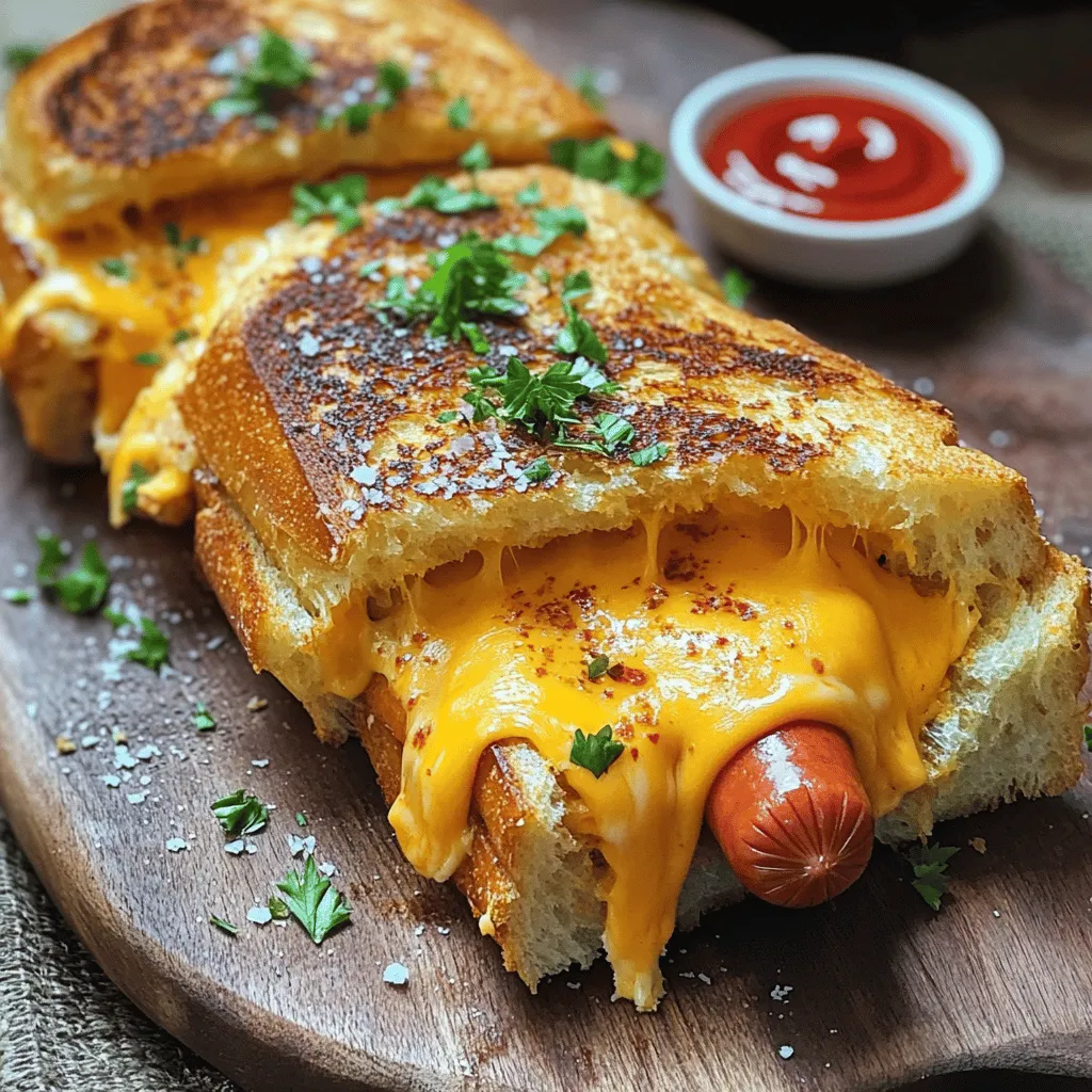- 4 hot dog sausages - 4 slices of bread (e.g., sourdough or whole wheat) - 4 slices of cheese (such as cheddar or American) - 2 tablespoons butter, softened - 1 tablespoon garlic powder - 1 tablespoon fresh parsley, chopped (optional) - Salt and pepper to taste - Air fryer - Cooking brush - Sharp knife for assembly These ingredients make for a fun and tasty snack. The hot dogs bring that classic flavor. The cheese melts perfectly inside the crispy bread. You can pick your favorite type of bread. Sourdough gives a nice tang, while whole wheat adds a healthy twist. Softened butter helps create that golden crust. Garlic powder adds a little kick. If you want, toss in fresh parsley for color. Don’t forget to season with salt and pepper to taste. For tools, an air fryer is a must. It cooks evenly and makes everything crispy. A cooking brush helps spread the butter smoothly. Lastly, you need a sharp knife for cutting and assembling your sandwiches. If you want to know more about how to make these, check out the Full Recipe. First, preheat the air fryer to 375°F (190°C) for 5 minutes. This step makes sure the air fryer is hot enough for cooking. A hot air fryer helps give the sandwich a great crunch. Now, let’s assemble our tasty treat. Start by taking your slice of bread. Spread a thin layer of softened butter on one side. This butter will help the bread turn golden and crispy. On the unbuttered side of the bread, lay a slice of cheese. Next, center a hot dog on top of the cheese. To make it flavorful, sprinkle garlic powder, salt, and pepper on the hot dog. Then, add another slice of cheese on top. Finally, place a second slice of bread on top, making sure the buttered side faces out. This arrangement will create a lovely crust. Carefully place the sandwiches in the air fryer basket. Make sure not to overcrowd them. It’s better to cook in batches for a crispier finish. Air fry the sandwiches for 8-10 minutes. Flip the sandwiches halfway through the cooking time. This will help both sides become golden brown. Cook until the cheese is fully melted and the bread is crispy. Once cooked, take out the grilled cheese hot dogs carefully. If you like, sprinkle some fresh parsley on top for a touch of color. For the full recipe, you can refer to the complete instructions. Enjoy your snack! To get that perfect crispiness, preheat your air fryer to 375°F (190°C). Cook for 8-10 minutes, flipping halfway through. This ensures even browning. If your air fryer runs cool, add a minute or two. Check for golden bread and melted cheese. You can boost flavor with a few simple tricks. Try adding spices like paprika or onion powder. For cheese, mix cheddar with pepper jack for a spicy kick. Creamy mozzarella adds a nice stretch. Don’t hesitate to experiment! For a fun presentation, slice each hot dog sandwich in half. Place them on a wooden board for a rustic look. Pair with small bowls of ketchup and mustard for dipping. You can even add a sprinkle of parsley for color. This makes your snack look fancy! {{image_4}} You can change the cheese to mix up the flavors. Try mozzarella for a stretchy melt. Or use pepper jack for a spicy kick. Brie adds a creamy texture, while gouda gives a rich taste. Each cheese has its own charm, so experiment and find your favorite! Bread choice can affect the taste and texture. Use gluten-free bread if needed. Artisan breads like ciabatta or focaccia add a fun twist. Whole grain bread gives a nutty flavor and extra nutrition. Choose what you love best! Adding toppings can make your snack more exciting. Sliced tomatoes or avocado can add freshness. Pickles or jalapeños bring tang and heat. A drizzle of mustard or ketchup adds flavor, too. Mix and match to elevate your grilled cheese hot dogs. To store leftover grilled cheese hot dogs, wrap them tightly in plastic wrap or foil. Place them in an airtight container to keep them fresh. They will last for up to three days in the fridge. Make sure to let them cool before storing. This helps prevent sogginess. When you want to enjoy your grilled cheese hot dogs again, use the air fryer for the best results. Preheat the air fryer to 350°F (175°C). Place the sandwiches in the basket and heat for about 5 minutes. Check them halfway through to flip for even heating. This method keeps the bread crispy and cheese melty. Yes, you can freeze grilled cheese hot dogs! Wrap them well in plastic wrap and then in foil. This helps avoid freezer burn. They can be frozen for up to a month. When you’re ready to eat, let them thaw in the fridge overnight before reheating. This way, you'll enjoy a tasty snack anytime. Yes, you can use many types of sausages. Try turkey, chicken, or even vegan sausages. Each will bring a unique flavor. Experiment with spicy sausages for a kick. Your choice can make this snack more fun and tasty. For this recipe, I recommend cheddar or American cheese. Both melt well and add great flavor. You can also try mozzarella or pepper jack for a twist. These cheeses enhance the gooey texture of the hot dogs, making every bite delightful. To make it healthier, try whole grain bread or low-fat cheese. You can add fresh veggies like spinach or tomatoes for extra nutrition. Using less butter or a plant-based spread can cut calories too. These small changes keep the taste while improving health. You can find the Full Recipe for Air Fryer Grilled Cheese Hot Dogs at the beginning of this article. It has all the details you need to make this delicious snack. This blog post covered how to make delicious grilled cheese hot dogs with ease. We explored the key ingredients, cooking tools, and step-by-step instructions. I shared tips for perfecting crispiness and enhancing flavors, along with variations to suit your taste. Proper storage and reheating methods were also highlighted. Enjoy experimenting with this fun twist on a classic dish. Mix and match flavors to create your version. These grilled cheese hot dogs are sure to be a hit at any meal.