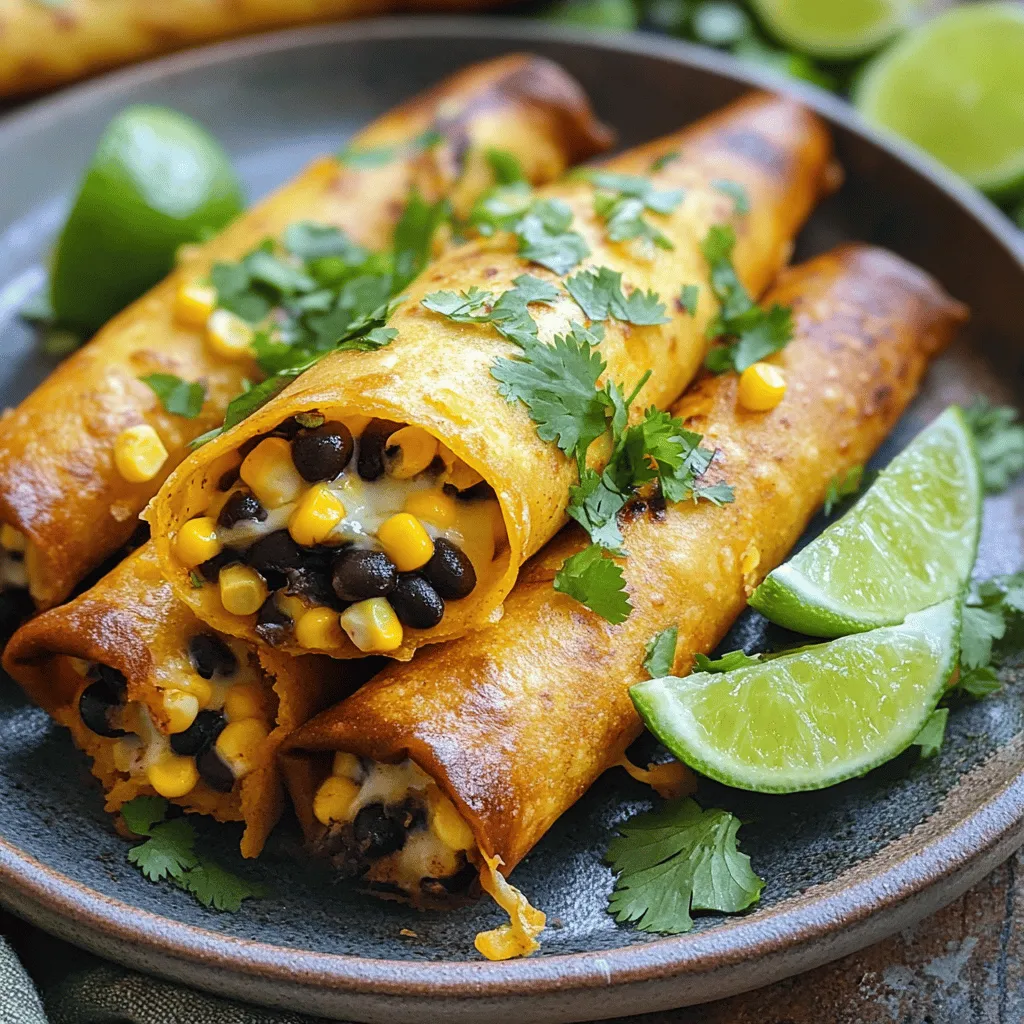 Taquitos are small rolled tortillas filled with tasty ingredients. They are crispy and easy to eat. You can find them filled with meats, beans, or cheese. Each bite offers a crunchy shell and a warm, flavorful filling. They are perfect for snacks or parties. Taquitos have roots in Mexican cuisine. They are a popular street food in Mexico and are loved by many. The name "taquito" means "little taco" in Spanish. Taquitos show the creativity and resourcefulness of Mexican cooking. They represent home-style food that brings people together. Traditional taquitos use simple, fresh ingredients. Common fillings include: - Shredded chicken or beef - Cheese - Black beans You wrap these fillings in corn tortillas. To cook them, you can bake or fry the taquitos. Baking makes them a bit healthier, while frying adds extra crunch. For my Zesty Black Bean Taquitos, I use black beans, corn, spices, and cheese. This recipe is easy and fun. You can find the full recipe above. Enjoy making your own taquitos at home! - 1 can (15 oz) black beans, thoroughly drained and rinsed - 1 cup corn kernels (choose from fresh, canned, or frozen) - 1 small red onion, finely chopped - 2 cloves garlic, minced - 1 teaspoon ground cumin - 1 teaspoon chili powder - Salt and freshly cracked pepper to taste - 1 tablespoon olive oil - 8 small corn tortillas - 1 cup shredded cheese (cheddar or a flavorful cheese blend) These ingredients create a tasty filling for your taquitos. I love using black beans for their creamy texture and great taste. The corn adds a nice sweetness that balances the spices. Red onion and garlic give depth to the flavor. Cumin and chili powder add warmth and a hint of heat. Don't forget the cheese; it melts beautifully and ties everything together. - Add diced bell peppers for crunch. - Shredded carrots can bring sweetness. - Try jalapeños for extra heat. - Spices like smoked paprika can enhance the flavor. Feel free to mix in any of these optional ingredients. They can make your taquitos even more exciting. You can also adjust the spices to match your taste. Cooking is about finding what you like best! - Salsas like pico de gallo or mango salsa add freshness. - Guacamole offers creaminess and cool flavor. - Garnishes like cilantro brighten up the dish. - Lime wedges bring a zesty kick when squeezed over. Pairing your taquitos with these accents will make them even better. The right salsa or dip can transform your meal. A squeeze of lime adds a burst of flavor that complements the spices. Enjoy your zesty black bean taquitos! For the full recipe, check the section above. 1. Prepping the oven and baking sheet: Start by preheating your oven to 400°F (200°C). Line a baking sheet with parchment paper to stop sticking. This makes clean-up easy, too. 2. Steps for making the filling: In a medium skillet, heat 1 tablespoon of olive oil on medium heat. Add 1 small chopped red onion. Sauté for about 3-4 minutes until soft. Then, add 2 minced garlic cloves, 1 teaspoon ground cumin, 1 teaspoon chili powder, salt, and pepper. Cook for 1 more minute until it smells great. Now, gently add 1 can of rinsed black beans and 1 cup of corn. Mix well and let it heat for 3-5 minutes. Once warm, take it off the heat. 1. Rolling techniques for tight rolls: Lay 8 small corn tortillas flat on a clean surface. Spoon some of the black bean mixture down the center of each tortilla. Sprinkle shredded cheese on top. Roll each tortilla tightly around the filling. Make sure the seam is down on the baking sheet. 2. Placing on the baking sheet: Arrange the rolled taquitos snugly on the prepared baking sheet. This helps them hold their shape during baking. 1. Cooking time and tips for crispiness: Bake the taquitos for 15-20 minutes. Turn them halfway through for even cooking. They should be golden brown and crispy when done. 2. Cooling and serving preparations: After baking, take them out and let them cool for a few minutes. Garnish with fresh cilantro and serve with lime wedges on the side. This adds a zesty kick that really elevates your taquitos! For detailed steps, check the Full Recipe. {{image_4}} To get crispy taquitos without burning, focus on your baking time. Bake them for 15-20 minutes at 400°F (200°C). Turn them halfway through to ensure even cooking. Keep an eye on them! For the tortillas, use small corn tortillas. Warm them up slightly in a pan or microwave before filling. This makes them soft and easy to roll. To boost the flavor of your taquitos, add spices like cumin and chili powder to the filling. This gives them a zesty kick. Don’t be afraid to experiment! You can also add some smoked paprika for a deeper taste. Pair your taquitos with sides like guacamole or salsa. These add creaminess and freshness. You can even serve them with a dollop of sour cream for extra richness. When it comes to plating, think vibrant! Arrange the taquitos on a colorful platter. Drizzle some lime juice over them for a bright look. Garnish with fresh cilantro for a pop of green. For sauces, consider serving them with zesty salsa or spicy chipotle sauce. These add flavor and make your dish more appealing. You can also add lime wedges for squeezing over the taquitos right before eating. For the full recipe, check out the Zesty Black Bean Taquitos to make your own delicious snack! You can fill taquitos with many tasty options. For meat lovers, chicken, beef, or pork work well. Shredded chicken mixed with spices makes a flavorful option. Ground beef with cheese is another classic choice. You can also use chorizo for a kick of spice. For those who prefer plant-based meals, try black beans, sweet potatoes, or mushrooms. You can also mix in some spinach or bell peppers for extra flavor. A mix of quinoa and veggies can create a hearty filling. The options are endless! Taquitos vary across Mexico. In the north, they are often filled with beef and served with spicy salsa. In the south, you'll find versions filled with chicken or potatoes. Each region has its own take, showcasing local flavors and ingredients. Tex-Mex cuisine adds its twist to taquitos. Here, you might find them stuffed with cheese and jalapeños. They often come with sides like guacamole or sour cream. This fusion of cultures creates a unique dining experience. You can also explore fusion recipes. Try adding Asian flavors like teriyaki chicken or kimchi. These twists keep your taste buds excited. You can even use different types of tortillas, like flour or spinach. For ingredient substitutes, consider using cauliflower rice instead of beans. This option adds a new texture and flavor profile. You can also use almond flour tortillas for a gluten-free option. Each change can lead to a delightful surprise in flavor! If you'd like to try making Zesty Black Bean Taquitos, check out the Full Recipe for a step-by-step guide. Yes, you can make taquitos ahead of time. Prepare the filling and roll them, then store them in the fridge. Cover them tightly with plastic wrap. They stay good for up to 24 hours. When you are ready to eat, just bake them as directed. To reheat leftover taquitos, preheat your oven to 350°F (175°C). Place the taquitos on a baking sheet and bake for about 10-15 minutes. This keeps them crispy. You can also use an air fryer for about 5-7 minutes for a quick fix. Yes, taquitos can be gluten-free. Use corn tortillas instead of flour tortillas. Always check the label to ensure they are gluten-free. Many brands offer gluten-free options that are tasty and safe. Yes, you can freeze taquitos. After baking, let them cool completely. Place them in a single layer on a baking sheet and freeze for a few hours. Then, pack them in a freezer bag. They keep well for about three months. Common dipping sauces for taquitos include sour cream, guacamole, and salsa. You can also try queso or a spicy chipotle sauce. These add great flavor and make your snack even better! Taquitos are a fun and tasty dish you can easily make at home. We explored their origins, key ingredients, and cooking methods. Plus, I shared step-by-step instructions for zesty black bean taquitos. Don't forget the tips for getting that crisp, perfect texture. In the end, taquitos are not just food; they're a way to enjoy cooking and sharing with others. Experiment with different fillings and flavors. You can create something new each time. Enjoy your cooking adventure!