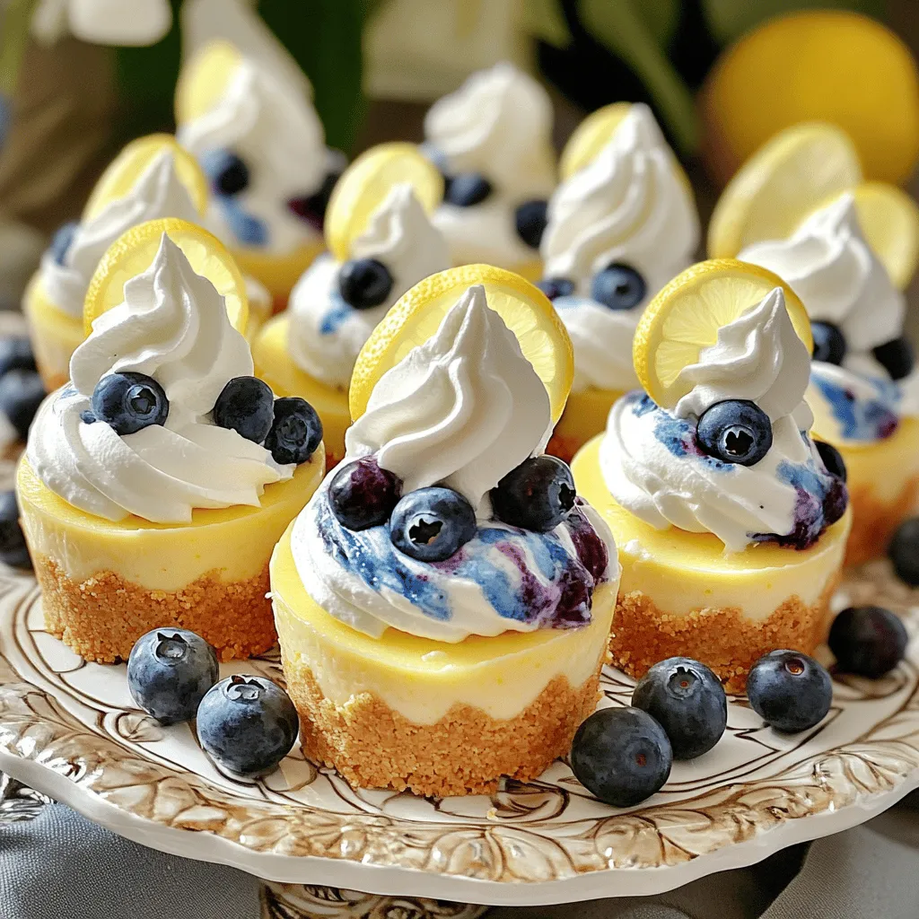 To create these delightful mini lemon blueberry cheesecakes, gather the following ingredients: - 1 cup graham cracker crumbs - 4 tablespoons unsalted butter, melted - 2 cups cream cheese, softened to room temperature - 1 cup powdered sugar - 1 teaspoon pure vanilla extract - Zest of 1 medium lemon - 2 tablespoons freshly squeezed lemon juice - 1 cup blueberries (fresh or frozen) - Whipped cream (for topping) - Lemon slices and extra blueberries (for garnish) These ingredients work together to make a creamy cheesecake with a zesty lemon flavor. The blueberries add a sweet burst with each bite. Using fresh ingredients can enhance the taste of your cheesecakes. If you choose frozen blueberries, make sure to thaw and drain them beforehand. This will prevent excess moisture in your cheesecakes. For the full recipe and detailed instructions, check out Mini Lemon Blueberry Cheesecakes 🫐. Enjoy making these tasty treats! - Preheat your oven to 325°F (160°C). - Line a muffin tin with paper liners. - Combine 1 cup of graham cracker crumbs with 4 tablespoons of melted butter. - Press about 1 tablespoon of the mixture into each muffin liner. - Beat 2 cups of cream cheese until smooth. - Gradually mix in 1 cup of powdered sugar, 1 teaspoon of vanilla extract, the zest of 1 lemon, and 2 tablespoons of lemon juice. - Gently fold in 1 cup of blueberries. - Distribute the filling evenly into the muffin liners. - Bake for 18 to 20 minutes. - Once baked, cool at room temperature and refrigerate for at least 2 hours. These steps create lovely mini lemon blueberry cheesecakes. Each step is simple yet crucial for the best results. For the full recipe, check out Mini Lemon Blueberry Cheesecakes 🫐. To make perfect mini cheesecakes, start with soft cream cheese. Cold cream cheese can create lumps. Let it sit at room temperature for about 30 minutes. This way, your filling becomes smooth and creamy. Also, when mixing, avoid overmixing. This keeps your blueberries whole and adds nice bursts of flavor. Presentation makes a big difference. Top each mini cheesecake with whipped cream. Add fresh lemon slices and extra blueberries for a pop of color. Serve them on decorative platters. This not only looks nice but will impress your guests. Be careful with the crust. Not pressing it firmly can lead to a crumbly base. Make sure to use a shot glass or your fingers for even pressure. Also, watch your baking time. Baking too long can lead to dry cheesecakes. Aim for a soft center that still feels slightly firm. {{image_4}} You can get creative with these mini cheesecakes! Instead of blueberries, try raspberries or strawberries. Both fruits add a fresh twist. If you love chocolate, mix in some chocolate chips. They will add a rich flavor and make the cheesecakes even more special. If you need a gluten-free option, use gluten-free graham crackers. They work just as well in the crust. For those watching their sugar intake, swap sugar with a sugar substitute. This change can make your mini cheesecakes a low-calorie delight. Enjoy these tasty tweaks to suit your needs! After you enjoy these mini lemon blueberry cheesecakes, store leftovers in an airtight container. Place them in the fridge to keep them fresh. They taste best when eaten within 3 to 5 days. This way, you can savor each delightful bite without worrying about spoilage. If you want to save some for later, freezing works well. First, let the cheesecakes cool completely. Then, wrap each mini cheesecake tightly in plastic wrap. Place them in a freezer-safe container. They can stay frozen for up to 2 months. When you’re ready to enjoy them, take them out and let them thaw in the fridge overnight. This keeps their creamy texture intact. The centers should appear just set and slightly firm to the touch. You can gently jiggle the muffin tin. If the cheesecakes wobble slightly, they need a bit more time. Keep a close eye on them. Overbaking can lead to dry cheesecakes. Yes, you can make these mini cheesecakes 1-2 days in advance. Just store them in the refrigerator. This allows the flavors to meld and makes your prep easier. When you're ready to serve, just add the toppings. Top each cheesecake with whipped cream and garnish before serving. This adds a lovely touch and enhances the look. Consider adding a slice of lemon and a few extra blueberries for color and flavor. Presentation matters! Yes, they can be made gluten-free by using gluten-free graham crackers. This small change allows more people to enjoy them. Always check the labels to ensure all ingredients meet your dietary needs. For the complete recipe and detailed instructions, refer to Mini Lemon Blueberry Cheesecakes 🫐. You’ve learned how to make delicious mini lemon blueberry cheesecakes. We covered each step, from gathering the ingredients to perfecting the crust and filling. Remember, the right texture matters, so keep the cream cheese smooth. Garnish to impress your guests, and explore fun variations. These treats will delight your taste buds and impress friends. Make them ahead and enjoy every bite. Your baking skills will shine with these cheesecakes!