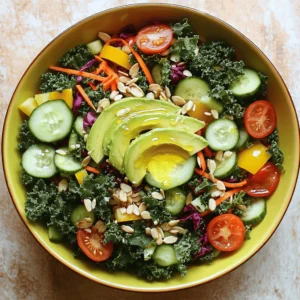 The Crunchy Detox Salad bursts with fresh and vibrant flavors. Here’s a list of the key ingredients you’ll need: - Kale, red cabbage, carrots - Cucumber, bell pepper, cherry tomatoes - Sunflower seeds, almonds, avocado - Dressing components: lemon juice, olive oil, apple cider vinegar - Seasoning: sea salt and black pepper Each ingredient adds its own unique taste and texture. Kale provides a hearty base full of nutrients. Red cabbage adds a pop of color and crunch. Carrots bring sweetness and extra vitamins. Cucumbers are refreshing, while bell peppers offer a slight crunch and sweetness. Cherry tomatoes add juiciness and bright flavor. Sunflower seeds and almonds introduce crunch and healthy fats. Finally, ripe avocado gives the salad creaminess that ties everything together. For the dressing, you will mix lemon juice, olive oil, and apple cider vinegar. This tasty mix brightens up the salad. Don’t forget to season with sea salt and black pepper to enhance all the flavors. You can find the full recipe for this delicious salad above. Enjoy preparing this healthy and satisfying dish! Start by preparing the salad base. Take a large bowl and add two cups of finely chopped kale. Then, add one cup of shredded red cabbage, one cup of grated carrots, one diced cucumber, and one diced bell pepper. Next, massage the kale with your hands for one to two minutes. This softens the leaves and boosts the flavor. Now, add half a cup of halved cherry tomatoes, a quarter cup of sunflower seeds, and a quarter cup of coarsely chopped almonds to the bowl. Mix gently to combine all the ingredients evenly. The nuts and seeds will add a nice crunch. In a small bowl, whisk together three tablespoons of freshly squeezed lemon juice, two tablespoons of extra virgin olive oil, and one tablespoon of apple cider vinegar. Add a pinch of sea salt and black pepper to enhance the flavor. This zesty dressing will brighten your salad. Drizzle the dressing over the salad mixture. Toss everything together gently, making sure every piece is coated with the dressing. Let the salad rest for about ten minutes. This step helps the flavors meld and softens the vegetables just a bit. Before serving, elegantly place sliced avocado on top of the salad. This adds a beautiful touch and creaminess. Serve the salad in a large bowl to highlight the bright colors. You can sprinkle more sunflower seeds on top for extra flair. Enjoy your Crunchy Detox Salad! For the complete recipe, check out the Full Recipe. - Always look for bright, firm vegetables. - Choose organic produce when possible. - Store leafy greens wrapped in a damp paper towel. - Keep cucumbers and peppers in the crisper drawer. Fresh ingredients make a big difference in flavor and nutrition. When you select the freshest produce, you enhance the salad's taste. For example, crisp kale and vibrant bell peppers add color and crunch. Store your fresh veggies properly to keep them from wilting. If you find half-eaten veggies, toss them in your compost. - Add a pinch of cumin for warmth. - Sprinkle parsley for freshness. - Use garlic powder for depth. Each ingredient adds benefits to your detox salad. Kale is packed with vitamins. Red cabbage offers antioxidants, while carrots provide beta-carotene. Avocado gives healthy fats, making your salad creamy and satisfying. By mixing spices and herbs, you can boost the flavor without extra calories. - Pair the salad with grilled chicken for protein. - Serve it alongside a warm soup for comfort. - Enjoy it at a picnic with friends. This salad shines on its own, but you can make it a full meal. Pair it with grilled fish or tofu for extra protein. It’s great for lunch or dinner! Serve it at family gatherings or casual parties for a colorful, healthy dish. Don't forget to check the Full Recipe for all the details! {{image_4}} You can switch out kale and red cabbage if you want. For the kale, try using spinach or arugula. Both add a fresh taste. Instead of red cabbage, green cabbage or even shredded Brussels sprouts work well. These options keep the crunch but change the flavor a bit. For the nuts and seeds, consider alternatives like walnuts or pecans. They add a different taste and texture. You can also use pumpkin seeds if you want a nut-free option. This keeps the salad safe for those with nut allergies. The dressing can change easily to match your taste. You can use Greek yogurt instead of olive oil for a creamier texture. This gives the salad a tangy flavor. You can also try sesame oil for a nutty twist. Adding a splash of soy sauce gives it an Asian flair. If you like spice, add a little sriracha or chili flakes for heat. This can make the salad exciting and different. You can even make a simple balsamic vinaigrette if you prefer a sweeter note. The Crunchy Detox Salad can fit the seasons well. In summer, add fresh berries like strawberries or blueberries for sweetness. You can also swap in grilled corn for a smoky flavor. In winter, try adding roasted sweet potatoes or winter squash. These will bring warmth and heartiness to the dish. You can also add pomegranate seeds for a pop of color and crunch. This keeps the salad fresh and exciting year-round. For more details, check the Full Recipe for the perfect Crunchy Detox Salad! To keep your Crunchy Detox Salad fresh in the fridge, use a sealed container. This helps lock in moisture and flavor. I suggest eating it within three days. Keep the dressing separate until you're ready to eat. This step prevents the greens from wilting. Store the salad in the main part of the fridge, not the door. The temperature stays stable here. For long-term storage, you can freeze some salad components. However, avoid freezing the whole salad. Kale and cabbage freeze well, but tomatoes and avocado do not. To freeze, chop and pack them in an airtight bag. When you want to eat, let them thaw in the fridge overnight. This keeps them safe and tasty. To prevent sogginess in leftover salads, store ingredients separately. Keep the crunchy parts like seeds and nuts in a small container. When ready to eat, mix them in fresh. If you have leftover dressing, store it in a jar. This way, you can enjoy your salad without losing its crunch. A detox salad is packed with nutrients. It helps cleanse your body. The crunchy veggies provide fiber, aiding digestion. Kale and cabbage are rich in vitamins C and K. They also contain antioxidants that fight free radicals. Sunflower seeds and almonds add healthy fats and protein. This salad boosts your energy and keeps you full longer. Eating a detox salad supports hydration and skin health too. You can store a Crunchy Detox Salad in the fridge for 3 days. Keep it in an airtight container. The salad may become soggy if stored too long. To avoid this, store the dressing separately. Add it just before serving for fresher flavors. Yes, you can prepare this salad in advance. Chop the veggies and mix them without the dressing. Store everything in the fridge. Add the dressing right before eating. This keeps the salad crisp and fresh. You can pair your detox salad with grilled chicken or fish. Tofu or chickpeas are great for a plant-based option. Serve it with whole-grain bread or quinoa for extra fiber. This makes a balanced and filling meal. Yes, you can make low-carb swaps for this salad. Replace carrots with zucchini noodles or radishes. Use less fruit and focus on leafy greens. You can also skip or reduce the almonds and seeds. This keeps the salad low in carbs while still tasty. To make the salad vegan-friendly, skip the honey or any animal products. Use maple syrup or agave instead if you want sweetness. All the ingredients in the Crunchy Detox Salad are plant-based. This makes it easy to enjoy while staying true to vegan values. This blog post shared how to create a tasty Crunchy Detox Salad. We covered fresh ingredients like kale, cabbage, and carrots. You learned how to prepare the salad, including making the dressing and tossing it all together. I also included tips for storage and serving suggestions for special occasions. Eating fresh salads boosts your health. So, give this recipe a try! Enjoy the benefits of nutritious ingredients and tasty flavors. You can customize it to fit your taste. Make it your own, and have fun.