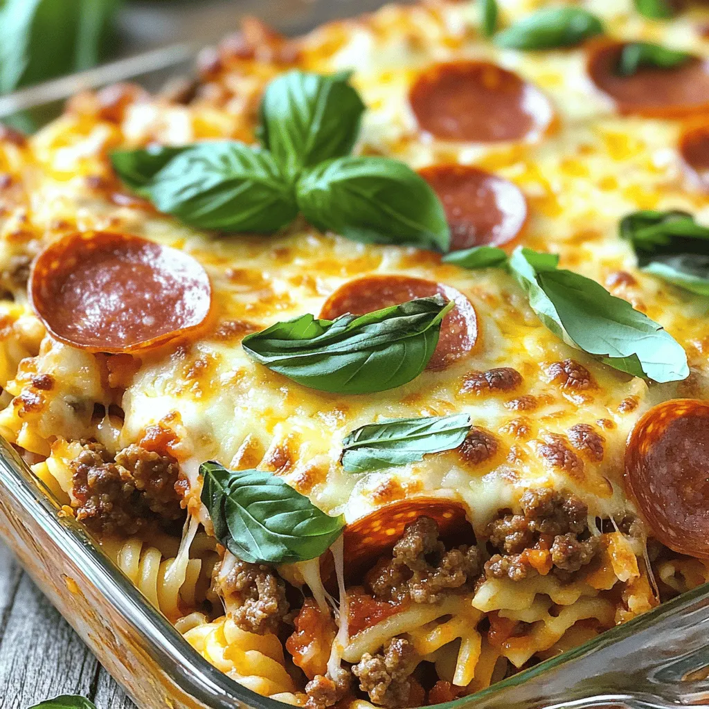 To create the savory meat lovers pizza casserole, you will need a mix of hearty ingredients. Here is what you should gather for the dish: - 1 pound ground beef - 1 pound Italian sausage, casings removed - 1 cup pepperoni slices - 1 cup diced ham - 1 medium onion, chopped - 2 cloves garlic, minced - 1 can (14 oz) pizza sauce - 1 can (14 oz) diced tomatoes, drained - 4 cups cooked pasta (penne or rotini recommended) - 2 cups shredded mozzarella cheese - 1 cup shredded cheddar cheese - 2 teaspoons Italian seasoning - 1 teaspoon red pepper flakes (optional, for heat) - Salt and pepper, to taste - Fresh basil leaves for garnish (optional) Each ingredient plays a vital role in building layers of flavor. You want the ground beef and Italian sausage to provide a rich, meaty base. The pepperoni and ham add extra savory depth. Onions and garlic bring a sweet aroma, while the pizza sauce and diced tomatoes give that classic pizza taste. The cooked pasta helps bind everything together, making it filling. For the cheeses, mozzarella gives a gooey texture, and cheddar adds sharpness. The seasonings enhance the flavors, and optional red pepper flakes let you control the heat. Don’t forget the fresh basil at the end; it adds color and a fresh touch. For the full recipe, check out the detailed cooking steps to enjoy this delightful casserole. 1. Preheat the oven: Start by setting your oven to 375°F (190°C). This step is crucial for even cooking. 2. Cook the meat: In a large skillet, add 1 pound of ground beef and 1 pound of Italian sausage. Use a spatula to break the meat into small pieces. Cook for about 5-7 minutes until the meat is brown and fully cooked. 3. Sauté onion and garlic: Drain any fat from the skillet. Add 1 chopped onion and 2 minced garlic cloves. Sauté for 3-4 minutes until the onion is soft and smells good. 1. Incorporate sauce and seasonings: Now, stir in 1 cup of pepperoni, 1 cup of diced ham, 1 can of pizza sauce, and 1 can of drained diced tomatoes. Add 2 teaspoons of Italian seasoning and optional red pepper flakes for spice. Season with salt and pepper to taste. Simmer for 5 minutes. 2. Mix in cooked pasta: In a large bowl, mix the cooked pasta with the meat sauce. Gently stir until the pasta is well-covered in sauce. 1. Layering instructions: Grease a 9x13 inch baking dish. Place half of the pasta mixture in the dish. Sprinkle half of the 2 cups of shredded mozzarella and cheddar cheese on top. 2. Cover and bake: Add the rest of the pasta mixture. Finish with the remaining cheese. Cover the dish with aluminum foil. Bake for 20 minutes. 3. Final baking steps: Remove the foil and bake for another 10-15 minutes. The cheese should be melted and bubbly. Once done, let it cool for a few minutes before serving. For the full recipe, check the section above. Enjoy this hearty Meat Lovers Pizza Casserole! To ensure even cooking, layer your ingredients well. Start with a meat layer, then cheese, followed by pasta. This helps all parts cook through at the same rate. Use a thermometer to check that your casserole reaches 165°F (74°C) in the center. This way, you know it is safe to eat. To avoid a soggy casserole, don't over-sauce your dish. Use just enough pizza sauce and diced tomatoes to coat the pasta well. Also, make sure to drain the tomatoes properly before adding them. This keeps excess moisture out. Garnish your casserole with fresh basil leaves for color and taste. You can also sprinkle extra mozzarella on top right before serving. This adds a nice touch and a cheesy pull. For sides, a light salad pairs well. Consider a simple mix of greens, cherry tomatoes, and a balsamic dressing. This helps balance the rich flavors of the casserole. You can also serve garlic bread for a comforting touch. You can adjust spices based on your taste. If you like heat, add more red pepper flakes. You could even mix in a bit of hot sauce for extra kick. For cheese variations, try using provolone or parmesan alongside mozzarella. Mixing cheeses gives more depth to your casserole. You can also use a cheese blend for added flavor. These tweaks can make your dish unique and delicious. For the full recipe, check out "Hearty Meat Lovers Pizza Casserole." Enjoy cooking! {{image_4}} You can easily change the meats in this casserole. Try using ground turkey or chicken for a lighter dish. If you want more flavor, add some bacon bits. For a fun twist, swap the pepperoni for spicy salami. If you prefer a vegetarian option, replace all meats with hearty veggies. Use mushrooms, zucchini, or bell peppers for texture. You can also add plant-based sausage or crumbled tofu for protein. To make your casserole unique, think about adding different toppings. Sliced olives, roasted red peppers, or fresh spinach can give it a fresh taste. If you love heat, consider adding jalapeños or banana peppers on top. You can also switch up the sauces. Instead of pizza sauce, use pesto or Alfredo sauce for a creamy touch. A BBQ sauce can add a sweet and smoky flavor. Experimenting can lead to a new family favorite. For a fun twist, serve individual portions in ramekins. This makes it easy for guests to grab their own serving. You can also add a side of garlic bread or a simple salad to round out the meal. If you plan ahead, make this casserole in advance. Assemble it and store it in the fridge for up to a day. You can even freeze it for up to three months. Just remember to thaw it overnight before baking. You can enjoy your savory meat lovers pizza casserole any time! To store your Meat Lovers Pizza Casserole, always let it cool first. Place it in an airtight container. This keeps it fresh. You can store it in the fridge for up to 4 days. If you want the best taste, eat it within two days. For freshness, cover the casserole tightly with plastic wrap or foil. Always check for any signs of spoilage before eating. If it smells off or looks strange, it's best to throw it out. When you want to enjoy leftovers, use the oven for the best results. Preheat it to 350°F (175°C). Place the casserole in an oven-safe dish. Cover it with foil to keep it moist. Heat for about 20 minutes. You can also use the microwave. However, this method may not keep the texture as nice. If you choose the microwave, heat in short bursts. Stir in between to help it warm evenly. To freeze your casserole, let it cool completely. Cut it into serving-size pieces for easy meals later. Wrap each piece in plastic wrap. Then place them in a freezer bag. This helps to prevent freezer burn. When you're ready to eat, thaw the casserole overnight in the fridge. If you're in a hurry, you can also thaw it in the microwave. Once thawed, reheat it in the oven at 350°F (175°C) until it is hot all the way through. Enjoy your Meat Lovers Pizza Casserole any time! For the detailed cooking steps, check the Full Recipe. How to make Meat Lovers Pizza Casserole gluten-free? To make this casserole gluten-free, use gluten-free pasta. Many brands offer tasty options. Check your pizza sauce and diced tomatoes for gluten-free labels. You can enjoy a great meal without gluten. Can I use uncooked pasta? You can use uncooked pasta, but it needs more liquid. Add a bit more pizza sauce or water to keep it moist. Cook it longer to ensure it is soft. What can I substitute if I don’t have certain meats? You can swap meats based on what you have. Use cooked chicken, turkey, or even vegetables for a veggie version. Just make sure to maintain the total weight. Caloric content per serving One serving of this casserole has about 500-600 calories. This can vary based on the types of meat and cheese used. Protein and fat breakdown Each serving packs around 30 grams of protein, thanks to the meats and cheese. The fat content is about 25-35 grams, depending on the cheese and sausage you choose. Creative ways to use leftover casserole Leftovers make great lunches. You can slice it and use it in a sandwich. Or, crumble it into a salad for a savory twist. Meal prep ideas with leftovers Use the casserole as a base for a new meal. Add fresh veggies or a different sauce. You can even mix it with rice for a new dish. This blog post covered how to make a tasty Meat Lovers Pizza Casserole. We looked at all the ingredients needed and how to prepare them step by step. I shared tips for great flavor and cooking techniques to avoid common issues. You can even change the recipe with your favorite ingredients. In conclusion, this dish is fun to make and share. It’s perfect for family meals or gatherings. I encourage you to try it and make it your own! You’ll enjoy every bite!
