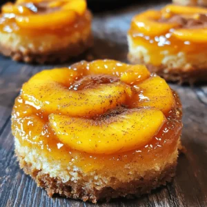- Fresh ripe peaches: Use sweet, juicy peaches for the best flavor. They are the star of this dish and add a lovely sweetness. - All-purpose flour and sugars: These provide the base for the mini cakes. The blend of granulated and brown sugar gives a nice balance of sweetness and depth. - Dairy components: Buttermilk and butter make the cakes moist and rich. They also help create a tender crumb in each bite. - Flavor add-ins: A splash of pure vanilla extract can enhance the overall taste. It adds a warm, sweet note that pairs well with peaches. - Cinnamon for topping: A sprinkle of ground cinnamon adds warmth and flavor. It complements the sweetness of the peaches nicely. - Possible substitutions: If you don’t have buttermilk, you can mix milk with a bit of vinegar or lemon juice. This will mimic the tangy flavor needed for the recipe. - Preheating the oven: Start by preheating your oven to 350°F (175°C). This step is key for even baking. - Lining or greasing muffin cups: Line each cup with cupcake liners or grease them with butter or cooking spray. This helps the mini cakes pop out easily after baking. - Melting the butter: In a small microwave-safe bowl, melt 2 tablespoons of softened butter. This adds richness to the brown sugar layer. - Mixing with brown sugar: Stir the melted butter into 1/4 cup of brown sugar until well combined. Spoon this sweet mixture evenly into the bottom of each muffin cup. - Arranging peaches: Take your ripe peaches, slice them, and arrange them on top of the brown sugar mixture in each cup. Make them look pretty! - Mixing dry and wet ingredients: In a large bowl, whisk together 1 cup of flour, 1/2 cup granulated sugar, 1/2 teaspoon baking powder, 1/4 teaspoon baking soda, and 1/4 teaspoon salt. In a separate bowl, cream 1/3 cup of softened butter, add in one egg, and 1/2 teaspoon of vanilla extract. Mix well. - Filling muffin cups: Gradually add the dry mixture to the wet mixture, alternating with 1/4 cup of buttermilk. Stir gently until combined. Fill each muffin cup about 2/3 full with the batter. This allows space for the cakes to rise. Follow these steps closely, and you will create delightful peach upside down mini cakes. For more details on the process, check out the Full Recipe. To bake peach upside down mini cakes perfectly, start with your oven temperature. Preheat your oven to 350°F (175°C). This temperature helps the cakes rise nicely and brown evenly. Next, checking for doneness is key. Insert a toothpick into the center of a cake. If it comes out clean, the cakes are done. If there is batter on the toothpick, give them a few more minutes. One of the most important steps is to avoid overmixing. When you combine the wet and dry ingredients, mix gently. Overmixing can turn fluffy cakes into dense ones. Using room temperature ingredients helps too. Butter, eggs, and buttermilk mix better when they are not cold. This leads to a smooth batter and light cakes. When serving these mini cakes, toppings elevate them even more. Try adding a dollop of whipped cream or a scoop of vanilla ice cream. They add creaminess and flavor. For presentation, place the mini cakes on a colorful plate. Garnish with a sprig of mint or a slice of peach. This adds a touch of beauty and makes them look professional. {{image_4}} You can change the fruit in these mini cakes. Try using pineapple or cherries instead of peaches. Both fruits add a sweet and tangy flavor. Pineapples give a tropical twist, while cherries add a burst of color. You can also use seasonal fruits. Think about strawberries in spring or apples in fall. Each fruit brings its unique taste and style to the cake. Adding spices can enhance the flavor of your mini cakes. A sprinkle of nutmeg or cardamom can bring warmth and depth. These spices pair well with fruits and add a cozy touch. You can also try unique twists. Adding coconut or nut extracts can create a fun flavor profile. Coconut adds a hint of the tropics, while nuts bring a rich, earthy taste. Experiment to find your favorite combination! For the full recipe, check out Peach Paradise Upside Down Mini Cakes. To keep your peach upside down mini cakes fresh, store them in the fridge. Place the cooled cakes in airtight containers. This keeps the moisture in and prevents them from drying out. If you leave them uncovered, they may become hard and lose their taste. You can enjoy them for up to three days in the fridge. You can freeze these mini cakes if you want to save some for later. First, let them cool completely. Wrap each cake tightly in plastic wrap. Then, place the wrapped cakes in a freezer-safe bag or container. They will stay fresh for up to three months. When you are ready to eat them, take them out of the freezer. Let them thaw in the fridge overnight. This helps keep their flavor. If you're in a hurry, you can thaw them at room temperature for about an hour. Enjoy your peach upside down mini cakes even after freezing! If you don’t have buttermilk, don’t worry! Here are some easy options: - Milk and Vinegar: Mix 1 cup of milk with 1 tablespoon of white vinegar. Let it sit for 5 minutes. - Milk and Yogurt: Combine 3/4 cup of yogurt with 1/4 cup of milk to thin it out. - Soy Milk and Vinegar: For a non-dairy version, mix 1 cup of soy milk with 1 tablespoon of vinegar. These substitutes will give your mini cakes the right tangy flavor. Yes, you can make these mini cakes ahead of time. Here are some tips: - Bake and Cool: After baking, let them cool completely. - Store: Place them in an airtight container. They stay fresh for up to 3 days at room temperature. - Freeze: You can freeze them for up to a month. Just wrap each cake in plastic wrap before freezing. When you're ready to enjoy them, thaw at room temperature or warm them in the oven. Check for these signs to know your cakes are done baking: - Golden Brown Color: The tops should be a light golden brown. - Toothpick Test: Insert a toothpick into the center. If it comes out clean, they are ready. - Spring Back: Gently press the top. If it springs back, it’s done. These tips will help you bake perfect peach upside down mini cakes every time! You now have all the steps to make delicious mini peach cakes. We covered the key ingredients, including peaches and sugars, and how to prepare your muffin tin. You learned tips for baking and achieving the perfect texture. Don’t forget the fun variations you can try with other fruits and flavors. These mini cakes are not just tasty but also easy to store for later. Enjoy experimenting in your kitchen and share your creations with others. Happy baking!