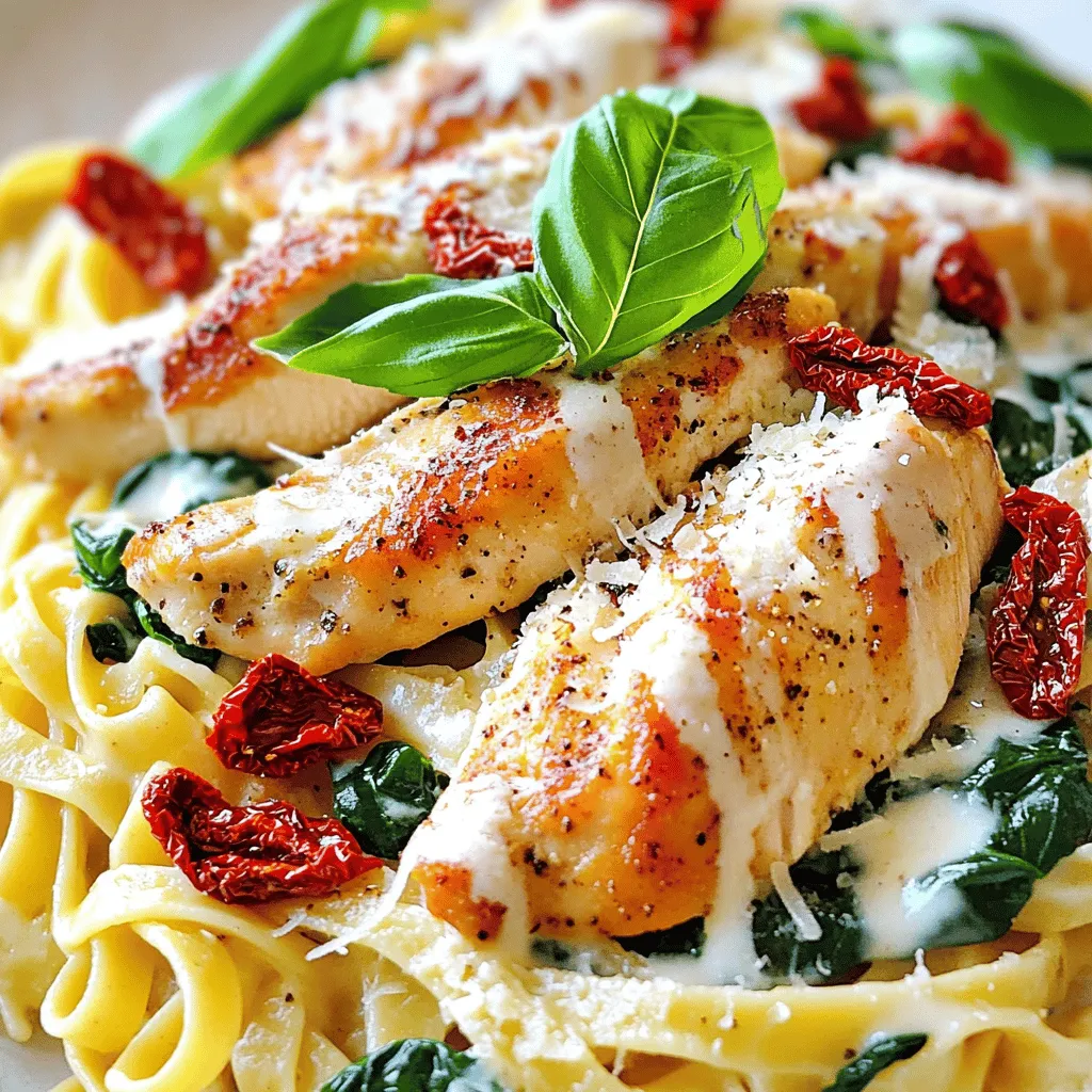 - 2 boneless, skinless chicken breasts - 8 oz fettuccine or spaghetti - 1 cup heavy cream - 1 cup sun-dried tomatoes, chopped - 1 cup fresh spinach - 1/2 cup grated Parmesan cheese - 3 cloves garlic, minced - 2 tablespoons olive oil - 1 teaspoon Italian seasoning - Salt and freshly ground black pepper to taste - Fresh basil leaves - Additional Parmesan cheese Marry Me Chicken Pasta is a creamy delight. You need fresh and simple ingredients to make it shine. The chicken adds a savory touch, while sun-dried tomatoes bring a sweet and tangy flavor. Fresh spinach gives it color and nutrition. Parmesan cheese adds richness, making the sauce creamy. Garlic gives a warm aroma and enhances the taste. Olive oil helps cook the chicken, making it golden brown. Italian seasoning ties everything together, giving it a delicious herb flavor. If you want to elevate the dish, try adding fresh basil leaves as a garnish. This adds a pop of color and fresh taste. You can also sprinkle more Parmesan on top for extra flavor. Gather these ingredients before you start cooking. This will make your cooking process smooth and enjoyable. The full recipe will guide you through each step to create this tasty meal. First, get a large pot. Fill it with water and add salt. Bring the water to a rolling boil. Add 8 oz of fettuccine or spaghetti. Cook it according to the package, usually about 8-10 minutes. You want the pasta to be al dente. That means it should be firm but not hard. Drain the pasta in a colander, but save 1/2 cup of the pasta water for later. Set the pasta aside for now. While your pasta cooks, grab 2 boneless, skinless chicken breasts. Season both sides with salt, black pepper, and Italian seasoning. Heat 2 tablespoons of olive oil in a large skillet over medium heat. Once the oil is hot, add the chicken. Cook for about 5-6 minutes on each side. The chicken should be golden brown and reach an internal temperature of 165°F (75°C). After cooking, take the chicken out and let it rest on a cutting board. In the same skillet, leave the oil and juices. Add 3 minced garlic cloves and sauté for about 30 seconds. Stir it constantly so it doesn’t burn. Next, pour in 1 cup of heavy cream and bring it to a gentle simmer. Add 1 cup of chopped sun-dried tomatoes and let it simmer for about 3-5 minutes. This allows the flavors to mix well. Add 1 cup of fresh spinach. Cook it just until it wilts, about 1-2 minutes. Then, stir in 1/2 cup of grated Parmesan cheese. Mix until it melts and blends into a creamy sauce. If the sauce is too thick, add some reserved pasta water until you like the texture. Now, slice the rested chicken breasts into strips. Return the chicken to the creamy sauce. Add the drained pasta too. Gently toss everything together. This helps the pasta and chicken get fully coated in the sauce. Make sure each bite is delicious and creamy. To cook chicken breasts well, start with even thickness. You can pound them gently to help. This way, they cook uniformly. Season the chicken with salt and black pepper. You can also add Italian seasoning for extra flavor. Heat olive oil in a skillet over medium heat. Place the chicken in the hot skillet. Cook for about 5-6 minutes on each side. Check that the inside reaches 165°F (75°C) for safety. Resting the chicken helps keep it juicy. Slice it only after resting to avoid losing juices. You can change the sauce to suit your taste. Try adding different cheeses like mozzarella or goat cheese. Fresh herbs like basil or parsley can boost flavor too. If you want a creamier sauce, mix in more heavy cream. For a tangy twist, squeeze in some lemon juice. Adjust the taste by adding more garlic or spices. Taste your sauce before serving to ensure it’s just right. To avoid overcooked pasta, keep an eye on the time. Cook the pasta until it’s al dente, which means it’s firm but not hard. Salt your water well before adding the pasta. This gives the pasta flavor as it cooks. Reserve a bit of pasta water before draining. You can add this back to the sauce if it’s too thick. This tip will help you achieve a perfect texture and taste. {{image_4}} If you need a gluten-free dish, use gluten-free pasta. Brands like Banza or Barilla offer great choices. These options taste good and cook well. You can still enjoy all the creamy goodness of the Marry Me Chicken Pasta. To make a vegetarian version, swap the chicken for veggies or tofu. You can use zucchini, mushrooms, or bell peppers. If you want protein, try firm tofu. Just sauté the tofu until golden before adding it to the sauce. This way, you keep the flavors rich and satisfying. For a spicy kick, add red pepper flakes or spicy sausage. If you like heat, sprinkle a teaspoon of red pepper flakes into the cream sauce. For sausage lovers, cook spicy sausage in the skillet before the chicken. This adds great flavor to the dish. To keep your Marry Me Chicken Pasta fresh, store leftovers in an airtight container. This helps prevent air from spoiling the dish. It stays good in the fridge for up to three days. Always check for any off smells or changes in texture before eating. To freeze Marry Me Chicken Pasta, let it cool completely. Then, place it in a freezer-safe container or bag. Make sure to remove as much air as possible. It can stay frozen for up to three months. When ready to eat, thaw it overnight in the fridge. Reheat in a pan on medium heat, adding a splash of cream or pasta water to keep it creamy. You can pair Marry Me Chicken Pasta with several side dishes and salads. Here are some ideas: - Garlic bread: It adds a nice crunch. - Caesar salad: The crisp lettuce balances the creamy pasta. - Steamed broccoli: This vegetable adds color and nutrients. - Caprese salad: Fresh tomatoes and mozzarella complement the dish well. Yes, you can prepare this dish ahead of time. Here are some tips for meal prep: - Cook the chicken and pasta in advance. - Store them separately to maintain texture. - When ready to serve, combine and reheat gently. - Use a little extra cream or pasta water to revive the sauce. To scale the recipe for more servings, simply increase the ingredient quantities. For example: - Use 4 chicken breasts instead of 2. - Double the amount of pasta and sauce ingredients. - Make sure to cook in larger pots or pans. If you don't have sun-dried tomatoes, you can still enjoy this dish. Here are some alternatives: - Fresh tomatoes: Use diced fresh tomatoes for a juicy option. - Roasted red peppers: These add sweetness and flavor. - Olives: Chopped olives can bring a briny taste. Yes, you can use different types of pasta. Consider these tips: - Penne or rigatoni: These hold the sauce well. - Gluten-free pasta: Great for those with dietary needs. - Whole wheat pasta: Adds extra fiber and nutrition. Just remember to adjust cooking times based on the pasta used. For the full recipe, check the detailed instructions. Marry Me Chicken Pasta combines rich flavors and simple steps for a delicious meal. We explored essential ingredients, from chicken and pasta to creamy sauce and sun-dried tomatoes. I shared tips for cooking pasta perfectly and keeping chicken moist. You can customize your dish with gluten-free or vegetarian options. Remember to store leftovers correctly to enjoy them later. This dish not only satisfies but also impresses. Now, you're ready to create a memorable meal that will delight your loved ones.