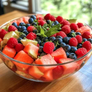 - 4 cups fresh watermelon, cubed - 1 cup ripe strawberries, hulled and halved - 1 cup plump blueberries - 1 cup delicate raspberries I love using fresh fruit in this salad. Watermelon is the star here. It is sweet and juicy. Strawberries add a nice pop of red. Blueberries and raspberries bring a mix of flavors. Each fruit adds its own charm. - 1 tablespoon honey (optional, for sweetness) - 1 tablespoon fresh mint, finely chopped - Juice of 1 medium lime - A pinch of sea salt The dressing is key for flavor. Honey gives a touch of sweetness. Lime juice adds a bright zing. Fresh mint brings a refreshing taste. A pinch of sea salt enhances all the flavors. - Preparation time: 15 minutes - Total cooking time: 35 minutes - Number of servings: 6-8 This salad is quick to make. You spend just 15 minutes prepping. The total time, including chilling, is 35 minutes. It serves 6 to 8 people, making it great for gatherings. For the full recipe, check out the details above. Start by placing cubed watermelon in a large mixing bowl. This juicy fruit serves as a great base for your salad. Watermelon is not only refreshing but also adds a sweet flavor that pairs well with berries. Next, incorporate strawberries, blueberries, and raspberries into the bowl. Be gentle when mixing the fruits together. You want to keep the berries whole and intact. This adds color and texture to the salad, making it visually appealing. In a separate bowl, whisk honey, lime juice, and sea salt. The honey adds sweetness, while lime juice gives a zesty kick. A pinch of sea salt enhances the flavors. This dressing brings the salad to life, balancing the sweetness of the fruit. Now, drizzle the dressing over the mixed fruits. Toss gently to coat the fruits with the dressing. Be careful not to mash the berries. You want every piece to shine and be coated in that delicious mix. Finally, sprinkle with fresh mint. This adds a lovely aroma and a burst of flavor. Chill the salad for at least 20 minutes before serving. This helps the flavors meld and keeps the salad cool and refreshing. For the full recipe, check out the complete instructions. Choose ripe fruits for the best flavor. Look for a watermelon with a uniform shape and a creamy spot, indicating ripeness. Strawberries should be bright red and firm. Blueberries and raspberries should be plump and dry. Freshness matters, as it affects taste and texture. Always wash your fruits gently before use to remove any dirt or pesticides. Serve the salad in a beautiful glass bowl or individual cups for an eye-catching display. This adds a touch of elegance to your gathering. You can also garnish with extra mint leaves or a lime wedge on the side for a pop of color. Consider chilling the salad for at least 20 minutes before serving. Chilling enhances the flavors and keeps the salad refreshing. You can try fun variations to make your salad unique. Add tropical fruits like pineapple or mango for a tropical twist. Try including orange or grapefruit segments for a citrus burst. For a crunchy texture, incorporate chopped nuts like almonds or walnuts. These additions elevate your dish and make it even more enjoyable. Check out the Full Recipe for more ideas! {{image_4}} You can add a tropical twist to your berry watermelon fruit salad. Pineapple or mango slices work great. They bring a sweet and tangy flavor that pairs well with the berries. Just chop the fruit into bite-sized pieces and mix them in with the other fruits. This change adds a fun and sunny vibe to your salad. Plus, it makes the dish even more refreshing on hot days. For a zesty kick, try including orange or grapefruit segments. The bright citrus notes enhance the overall flavor. You can peel and section the fruit, then toss it gently with the salad. The juicy citrus will balance the sweetness of the watermelon and berries. This addition not only boosts flavor but also adds a pop of color. Incorporating chopped nuts can add a nice crunch to your salad. Almonds, walnuts, or pecans all work well. Just chop them into small pieces and sprinkle them over the top before serving. Nuts provide texture and healthy fats, making your salad more satisfying. This simple addition turns a refreshing dish into a hearty snack. These variations keep your berry watermelon fruit salad exciting and tasty! For the full recipe, check the earlier section. To keep your Berry Watermelon Fruit Salad fresh, store any leftovers in an airtight container. This helps prevent the fruits from drying out or absorbing unwanted smells from the fridge. If possible, keep the dressing separate until you're ready to serve. This will help maintain the crispness of the fruit. The salad stays fresh for about two to three days in the fridge. After this time, the fruits may become mushy or lose flavor. Always check for any signs of spoilage, like an off smell or slimy texture, before enjoying your leftovers. If you have extra fruit, you can freeze it. Start by washing and drying the fruits well. Then, spread them out on a baking sheet in a single layer. Freeze them for about two hours. After they are frozen, transfer them to a freezer-safe bag. Make sure to label the bag with the date. They can last up to six months in the freezer. You can then use these frozen fruits for smoothies or other recipes. For the full recipe, check out the complete guide above. Yes, you can use frozen berries. They add a nice chill to the salad. However, fresh berries taste better and have a firmer texture. Frozen berries can be a good option if fresh ones are not available. If you do use frozen berries, let them thaw slightly before adding. This way, they won't make your salad too watery. If you want to skip honey, try maple syrup or agave nectar. These sweeteners work well and add a different flavor. You can also use stevia if you prefer a low-calorie option. Adjust the amount based on how sweet you like it. This fruit salad is very healthy! Watermelon is great for hydration and low in calories. Berries are rich in vitamins and antioxidants. They help boost your immune system. Mint adds a fresh taste and can aid digestion. The lime juice adds vitamin C, which is good for your skin and overall health. You can make this salad a few hours ahead. It tastes best when fresh, but it can last up to one day in the fridge. If you prep it too early, the fruits may get mushy. To keep it fresh, mix the ingredients just before serving. For the full recipe, check the earlier section. This fruit salad is fresh, colorful, and easy to make. You start with ripe fruits like watermelon, strawberries, blueberries, and raspberries. Then, you whip up a simple dressing with honey, lime juice, and sea salt. Make sure to chill it for great taste. You can also customize it with nuts or tropical fruits. Store any leftovers properly to keep them fresh. Enjoy this healthy treat anytime! Your taste buds will thank you.
