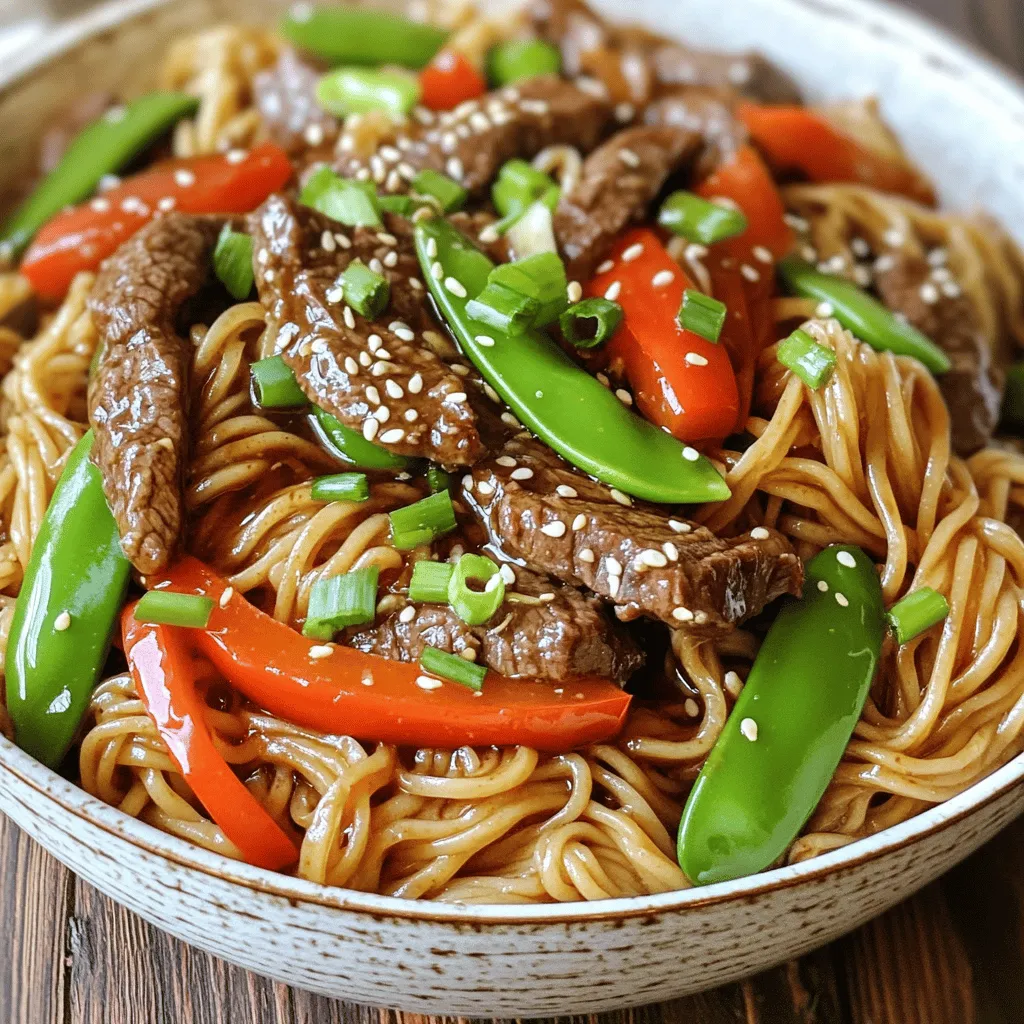 To make sticky beef noodles, gather these key ingredients: - 250g beef sirloin, thinly sliced against the grain - 200g rice noodles - 2 tablespoons soy sauce - 1 tablespoon oyster sauce (optional, for extra depth of flavor) - 1 tablespoon hoisin sauce - 1 tablespoon sesame oil - 2 cloves garlic, finely minced - 1-inch piece fresh ginger, grated - 1 red bell pepper, sliced into thin strips - 1 cup snap peas, trimmed - 2 green onions, chopped diagonally - 1 tablespoon sesame seeds (for garnish) - Salt and freshly ground black pepper to taste Fresh ingredients bring life to sticky beef noodles. Use fresh beef sirloin, vegetables, and ginger. These add flavor and texture. Pantry staples like soy sauce and hoisin sauce give the dish depth. I always keep these sauces on hand. They make cooking quick and easy. Using fresh and pantry ingredients together creates a balanced dish. If you can't find beef sirloin, use flank steak or chicken. For a vegetarian option, substitute beef with tofu. Rice noodles are great, but you can use egg noodles or even zucchini noodles. If you want less sweetness, skip the hoisin sauce. You can replace it with more soy sauce. Feel free to get creative with your ingredients. Each change can give the dish a new twist. For the best results, make sure to follow the Full Recipe for guidance. To make sticky beef noodles, start with the rice noodles. Cook them as the package says. Drain the noodles and set them aside. Next, take a medium bowl. Add the sliced beef, soy sauce, oyster sauce, and hoisin sauce. Mix well and let it marinate for 15 minutes. This helps the beef soak up the flavors. Now, heat a large skillet or wok over medium-high heat. Add sesame oil and let it warm. Carefully place the marinated beef in a single layer in the hot pan. Stir-fry for 2-3 minutes until the beef is browned. Once done, remove the beef and keep it warm on a plate. In the same pan, add minced garlic and grated ginger. Stir quickly for about 30 seconds until they smell great. Now, add sliced red bell pepper and snap peas. Stir-fry for another 2-3 minutes. You want them to stay bright and a bit crisp. Bring back the cooked beef to the skillet with the drained rice noodles. Toss everything gently so the noodles get coated with the sauce. Warm it through for about a minute. Finally, add chopped green onions and stir-fry for one more minute. Taste it and add salt or pepper if you want. Marinating beef is key to great flavor. Use thin slices to help the marinade soak in better. A good marinade has salt, acid, and fat. The soy sauce gives salt and umami. Oyster sauce adds depth. Let the beef sit for at least 15 minutes. For best results, marinate beef for up to 2 hours in the fridge. This helps the flavors to really blend. To get sticky noodles, cook them just right. Follow the package instructions closely. Drain and rinse them under cold water to stop cooking. This keeps them from getting mushy. When adding the noodles into the pan, toss them gently with the beef and veggies. The sauces will coat them nicely. If the noodles seem dry, add a splash of water or more sauce. This will help them stick together and absorb the flavors. For the full recipe, check out the details above! To get the right sauce for your sticky beef noodles, balance is key. Start with your soy sauce, hoisin sauce, and oyster sauce. Mix them well to make sure they blend. If the sauce seems too thin, add a bit more hoisin. If it’s too thick, a splash of water can help. Remember, the sauce should cling to your noodles, not drown them. One common mistake is overcooking the beef. Make sure to stir-fry it for just 2-3 minutes. This keeps the beef tender and juicy. Another mistake is not letting the beef marinate long enough. A quick 15 minutes will help the flavors soak in. Lastly, don’t skip the fresh ginger and garlic. They add a nice kick to your dish. Having the right tools makes cooking easier. A large skillet or wok is best for stir-frying. A good knife helps you cut the beef thinly. A colander is useful for draining your rice noodles. Finally, a sturdy spatula or tongs helps toss everything together. These tools will save you time and make your cooking fun. For the full recipe, check out the Sticky Beef Noodles Delight 🥢. {{image_4}} If you want a meat-free meal, try mushrooms or jackfruit. They soak up flavors well. Tofu is a great option too. Firm tofu can mimic beef’s texture. Use the same marinade for tofu. Just press and cube it before cooking. You can also add more veggies like carrots or zucchini. They will keep your dish vibrant and full of nutrients. You can switch the beef for chicken or pork easily. Thin slices of chicken breast stir-fry quickly. Just adjust cooking time to ensure it cooks through. Pork tenderloin is another great choice. If you prefer plant-based, stick with tofu or tempeh. Both offer protein and can take on the dish's flavors. Add variety with different sauces. Try peanut sauce for a nutty flavor. You could also use teriyaki sauce for a sweeter taste. A dash of chili sauce adds heat if you like spice. Mixing in a splash of rice vinegar gives a tangy twist. Experiment and find your favorite blend! For the full recipe, check out the Sticky Beef Noodles Delight. After enjoying your sticky beef noodles, cool them down. Place leftovers in an airtight container. This keeps the flavors fresh. Store them in the fridge for up to three days. Make sure to separate the meat and noodles if possible. This helps maintain their texture. When you're ready to eat, reheating is key. Use a skillet for the best results. Heat a little oil over medium heat. Add the noodles and beef. Stir gently until warm. This method keeps the dish tasty and avoids sogginess. You can also splash a bit of water to add moisture. Want to freeze your sticky beef noodles? First, cool them completely. Place in a freezer-safe container. They can last up to three months in the freezer. When you're ready to eat, thaw in the fridge overnight. Reheat as mentioned before for the best flavor. This way, you enjoy that delightful taste again! Sticky beef noodles are a savory dish featuring tender beef and rice noodles. The beef is marinated and stir-fried, then tossed with cooked noodles and a mix of sauces. This dish has a rich and slightly sweet flavor, making it a favorite for many. It's quick to make and can be enjoyed any day of the week. To make your sauce thicker, you can add a cornstarch slurry. Mix one tablespoon of cornstarch with two tablespoons of water. Stir this mixture into your sauce as it simmers. This will help the sauce cling to the beef and noodles nicely. Another option is to reduce the sauce longer on low heat. This method intensifies the flavors and thickens the sauce naturally. Yes, you can use different noodles! While rice noodles work great, you can try egg noodles, udon, or even whole wheat noodles. Each type of noodle brings its own texture and taste. Just be sure to cook them according to the package instructions before adding them to your beef and sauce mix. Sticky beef noodles pair well with light dishes. Try a simple cucumber salad to add crunch. You can also serve it with spring rolls for a fun appetizer. A side of steamed broccoli or bok choy adds color and nutrition to the meal. To reheat sticky beef noodles, use a skillet over low heat. Add a splash of water or broth to keep the noodles moist. Stir gently until heated through. You can also use a microwave, covering the dish with a damp paper towel. This keeps the noodles from drying out. Enjoy your meal just as tasty as the first time! For the full recipe, check out Sticky Beef Noodles Delight. Sticky Beef Noodles are a delight. You learned about key ingredients, cooking methods, and tips. With variations for different diets, this dish fits everyone. Storing and reheating it is easy too. Remember, the right sauce and cooking techniques make a big difference. Avoid common mistakes for the best results. Enjoy creating your own version of this tasty recipe!